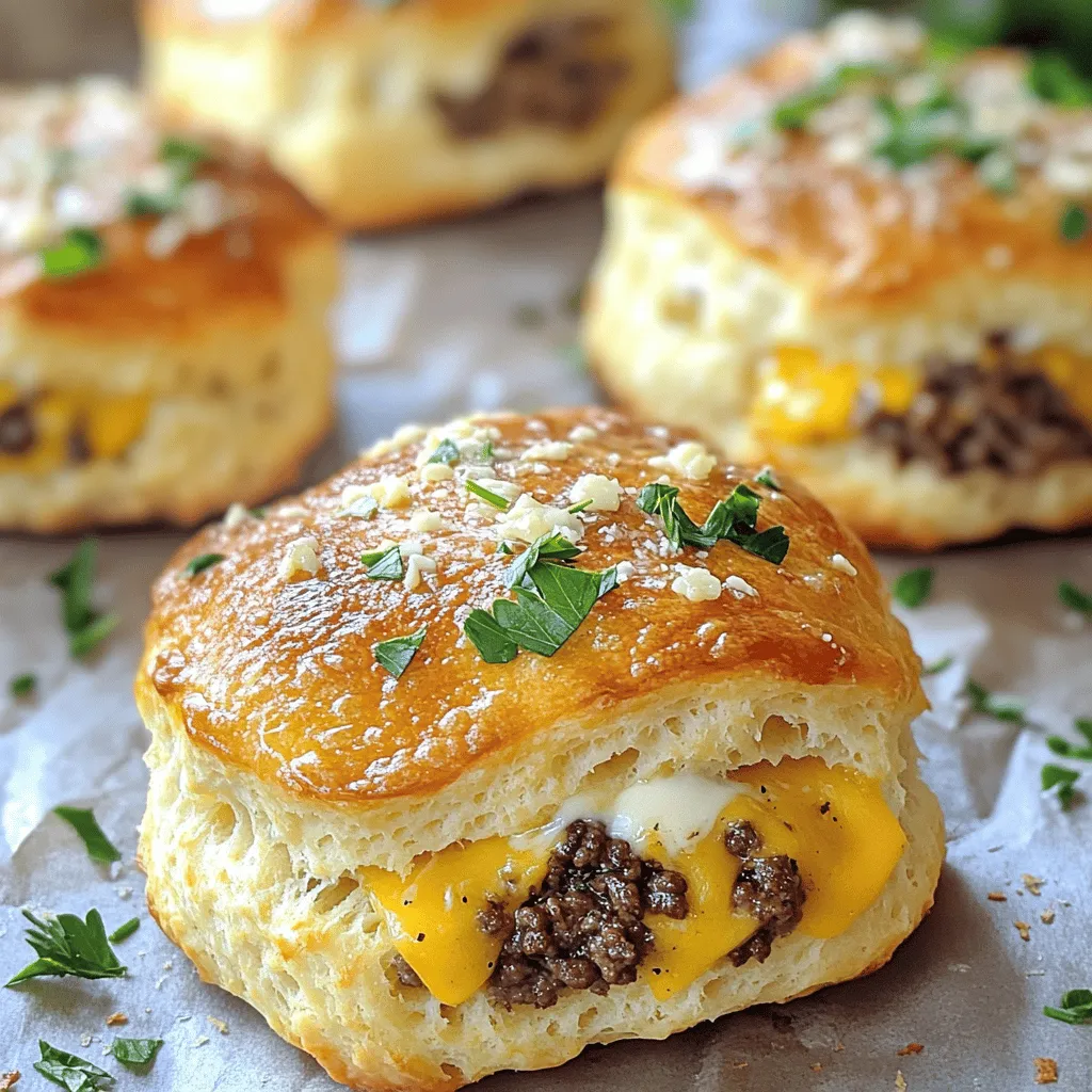 Um köstliche Knoblauch-Parmesan-Cheeseburger-Bomben zu machen, brauchst du einige einfache Zutaten. Du benötigst 450 g Rinderhackfleisch, 1 Tasse geriebenen Cheddar-Käse, 1/2 Tasse weiche Frischkäse, 1 Esslöffel Knoblauchpulver, 1 Esslöffel Zwiebelpulver, 1 Teelöffel Worcestersauce, Salz und Pfeffer. Du brauchst außerdem 1 Dose (16 oz) Kühlschrank-Teig für Brötchen, 1/2 Tasse geriebenen Parmesan und 2 Esslöffel geschmolzene Butter.