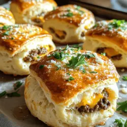 Um köstliche Knoblauch-Parmesan-Cheeseburger-Bomben zu machen, brauchst du einige einfache Zutaten. Du benötigst 450 g Rinderhackfleisch, 1 Tasse geriebenen Cheddar-Käse, 1/2 Tasse weiche Frischkäse, 1 Esslöffel Knoblauchpulver, 1 Esslöffel Zwiebelpulver, 1 Teelöffel Worcestersauce, Salz und Pfeffer. Du brauchst außerdem 1 Dose (16 oz) Kühlschrank-Teig für Brötchen, 1/2 Tasse geriebenen Parmesan und 2 Esslöffel geschmolzene Butter.