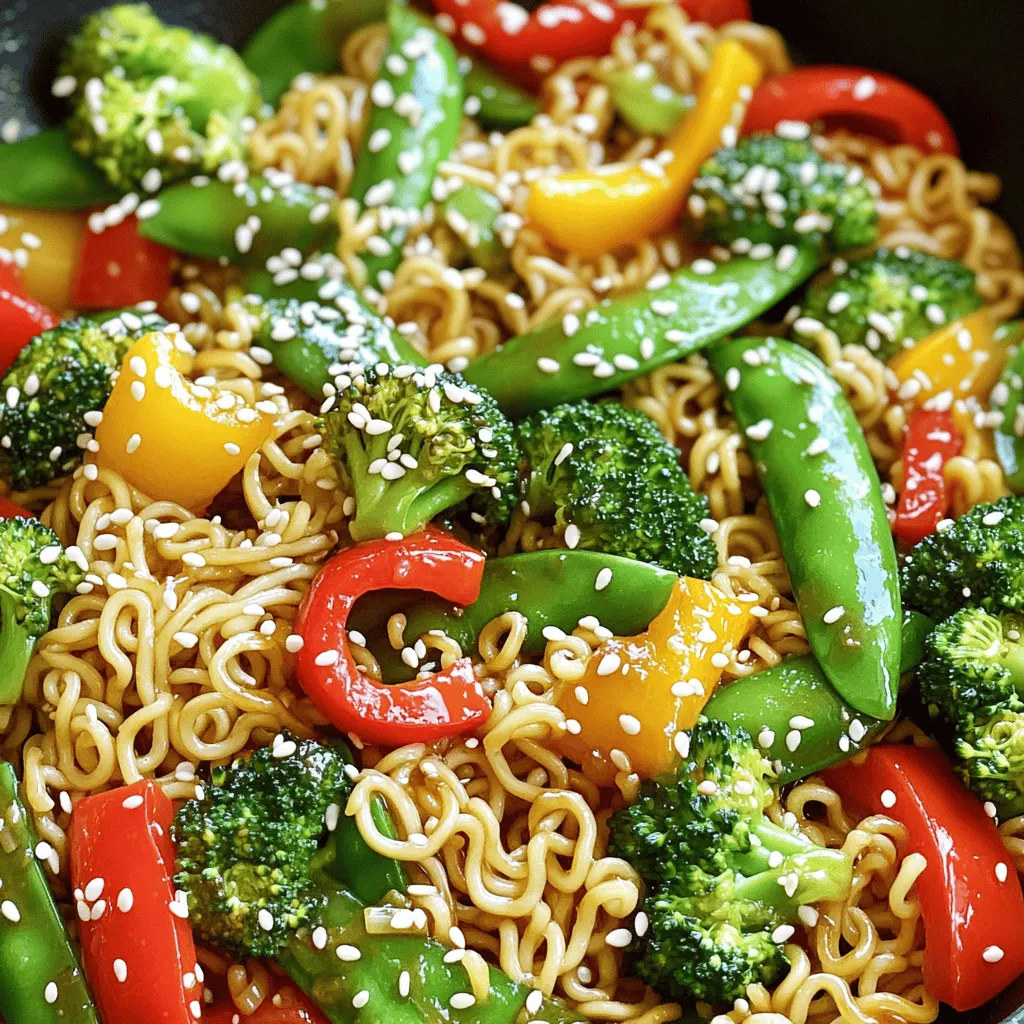 Für die Ramen Nudelpfanne brauche ich frische Zutaten. Diese machen das Gericht lebendig und lecker. Ich benutze zwei Pakete Instant-Ramen-Nudeln. Vergiss die Gewürzpackungen, sie sind nicht nötig. Du brauchst auch Gemüse, wie Paprika, Brokkoli, Karotten und Zuckererbsen. Diese bringen Farbe und Crunch. Ein Stück Ingwer und eine Zehe Knoblauch geben viel Geschmack.