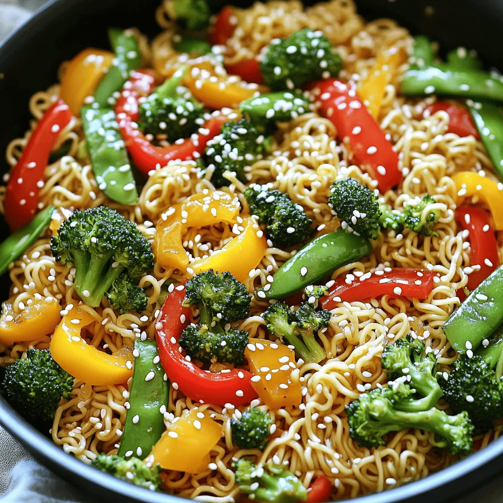 Für die Ramen Nudelpfanne brauche ich frische Zutaten. Diese machen das Gericht lebendig und lecker. Ich benutze zwei Pakete Instant-Ramen-Nudeln. Vergiss die Gewürzpackungen, sie sind nicht nötig. Du brauchst auch Gemüse, wie Paprika, Brokkoli, Karotten und Zuckererbsen. Diese bringen Farbe und Crunch. Ein Stück Ingwer und eine Zehe Knoblauch geben viel Geschmack.
