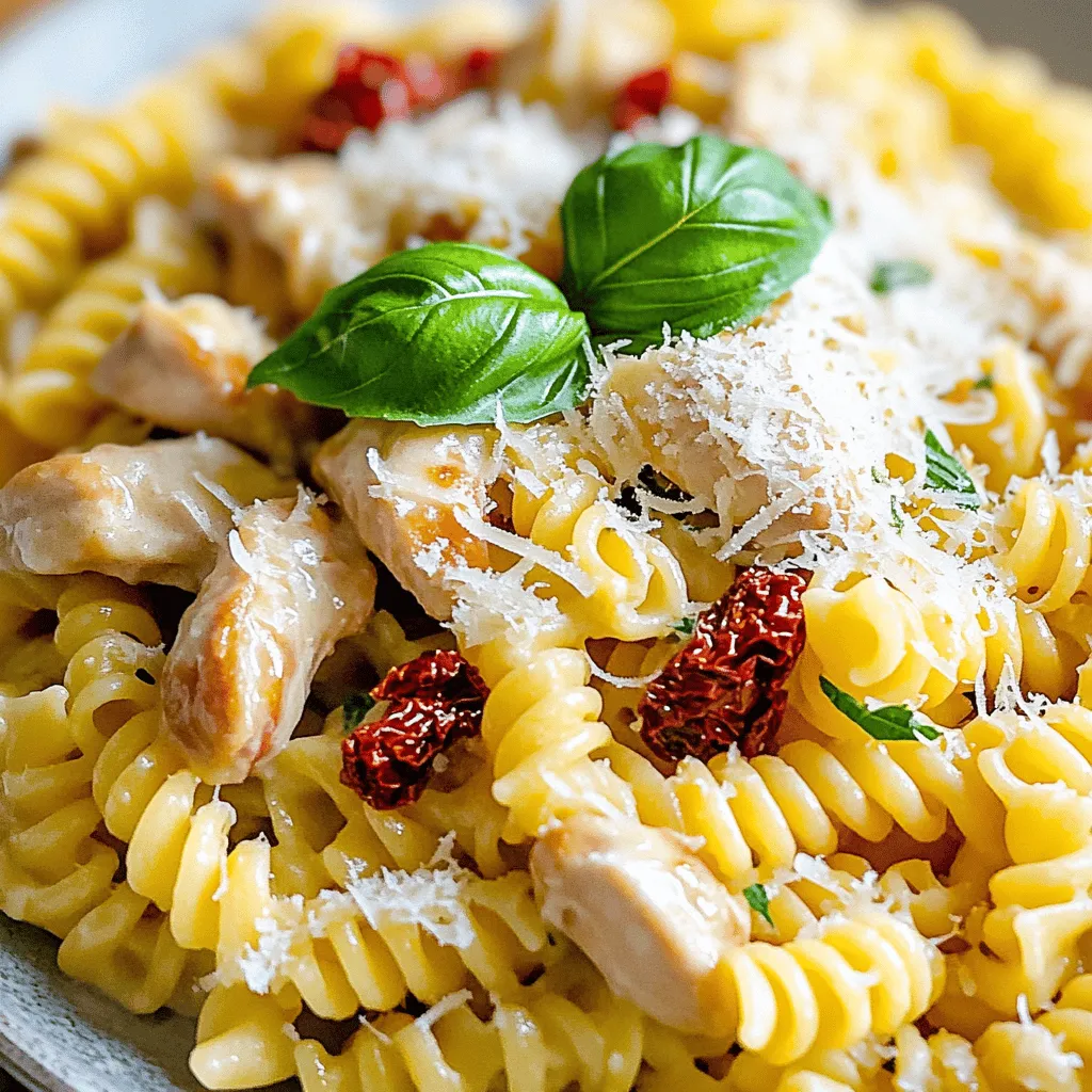 Um die Marry Me Chicken Pasta zuzubereiten, beginnen wir mit den Zutaten. Sie benötigen 400g Fusilli Pasta, 2 Hähnchenbrustfilets, Olivenöl, Knoblauch, getrocknete Tomaten, Sahne, Frischkäse, Parmesan, italienische Gewürze, Salz, Pfeffer und frischen Basilikum. Diese Zutaten machen das Gericht so schmackhaft.