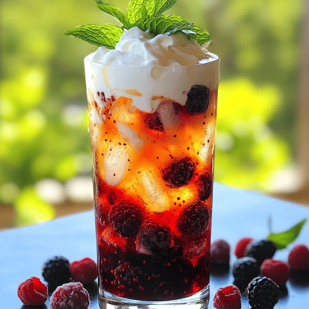 Für ein Berry Italian Cream Soda benötige ich frische Zutaten. Die wichtigsten Zutaten sind gemischte Beeren, Zucker, Soda Wasser, schwere Sahne, Vanilleextrakt und Eiswürfel. Ich verwende eine Tasse gemischte Beeren, wie Erdbeeren, Blaubeeren und Himbeeren. Ich passe den Zucker je nach Süße der Beeren an.