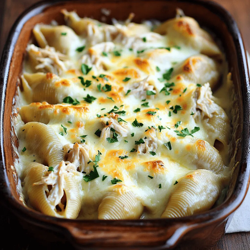 Um die Knoblauch-Butter-Hühnchen-Alfredo-Gefüllten Muscheln zuzubereiten, brauchst du einige einfache Zutaten. Du benötigst große Muschelnudeln, gekochte Hähnchenbrust, Knoblauch, Butter, Sahne, Parmesan, Mozzarella, Salz und Pfeffer. Petersilie sorgt für einen frischen Touch.