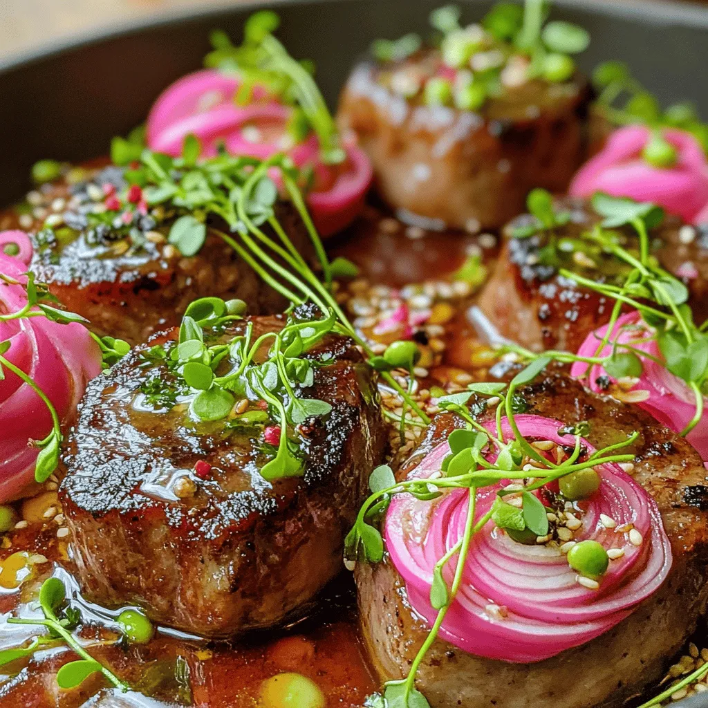 Um zarte Steakbissen und Garnelen in Knoblauch-Butter-Sojasauce zuzubereiten, brauchen wir einige Zutaten. Für dieses Rezept benötigen wir 300 g Rindersteak, das in Würfel geschnitten ist. Wir verwenden auch 200 g Garnelen, die geschält und entdarmt sind. Außerdem brauchen wir 4 Esslöffel Butter und 4 Esslöffel Sojasauce. Ein wenig Honig, 3 fein gehackte Knoblauchzehen, 1 Teelöffel frischen Ingwer, und 1 Esslöffel Sesamöl sind auch wichtig. Frühlingszwiebeln in Ringe geschnitten, Salz, Pfeffer und frische Petersilie zum Garnieren runden die Liste ab. Optional können wir Sesamsamen für das Topping verwenden.