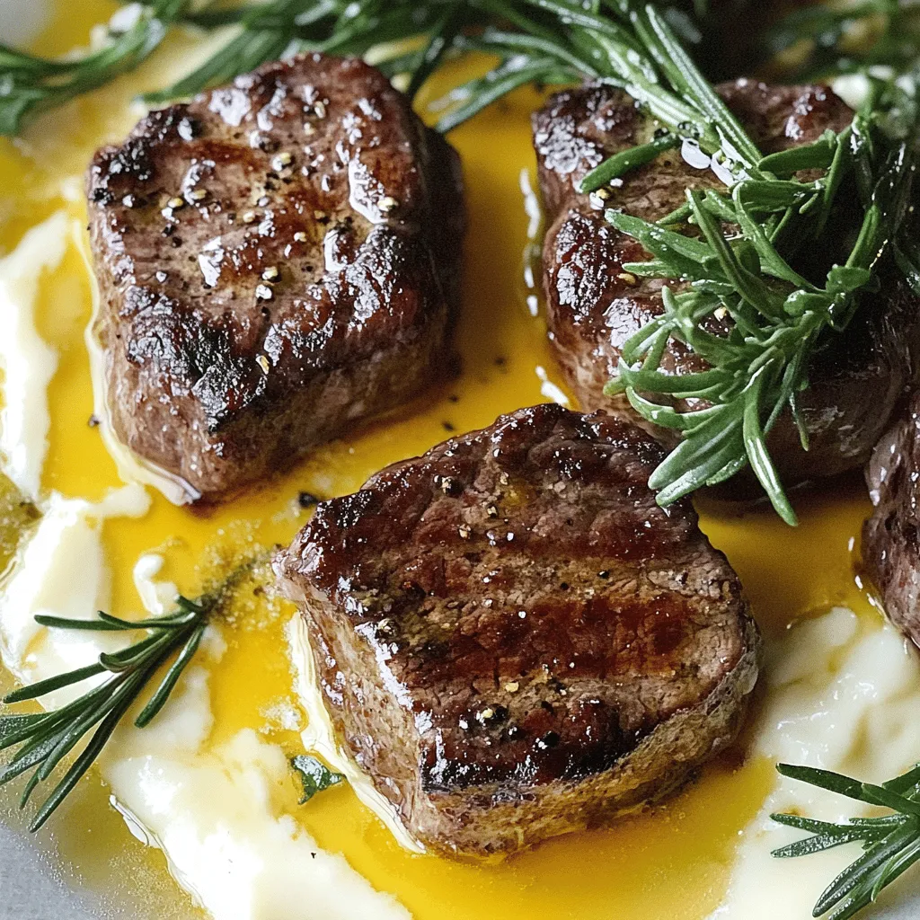 Um saftige Steakbisse in Knoblauch-Kräuter-Butter zuzubereiten, brauchst du frische Zutaten. Für die Steakbisse benötigst du 500 g Rinderfilet, das du in kleine Würfel schneidest. Du brauchst auch 4 Knoblauchzehen, die du fein hacken solltest. Frische Kräuter wie Petersilie, Thymian und Rosmarin sind wichtig. Du solltest 50 g von diesen Kräutern verwenden. Butter, Salz, Pfeffer, Kartoffeln, Milch und geriebenen Käse runden das Gericht ab.