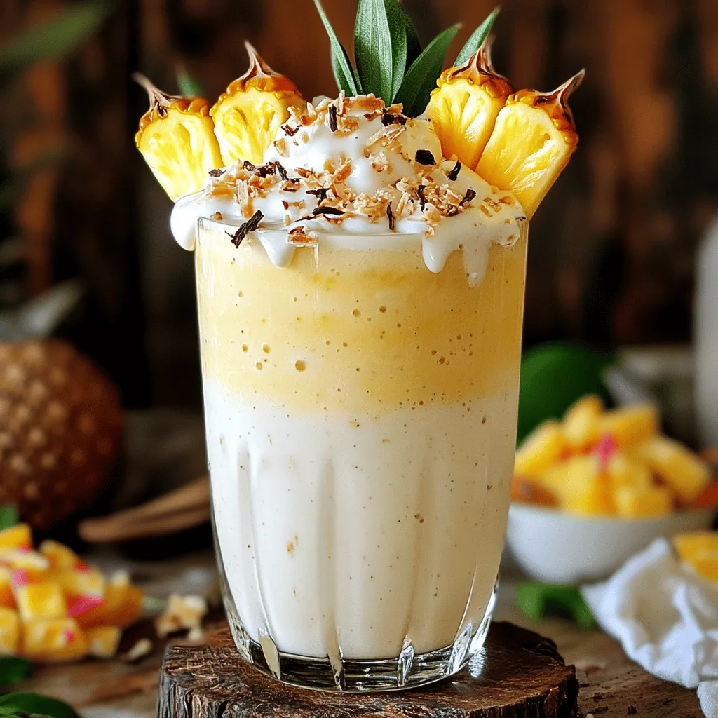 Um einen Pina Colada Milchshake zu machen, brauchen Sie ein paar einfache Zutaten. Sie benötigen 2 Tassen Vanilleeis, 1 Tasse Kokosmilch und 1 Tasse frische Ananasstücke. Außerdem verwenden wir 1/2 Tasse Kokosnussraspel, 2 Esslöffel Honig oder Agavendicksaft, 1 Teelöffel Vanilleextrakt und eine Prise Salz. Diese Zutaten geben unserem Milchshake den tropischen Geschmack, den wir lieben!