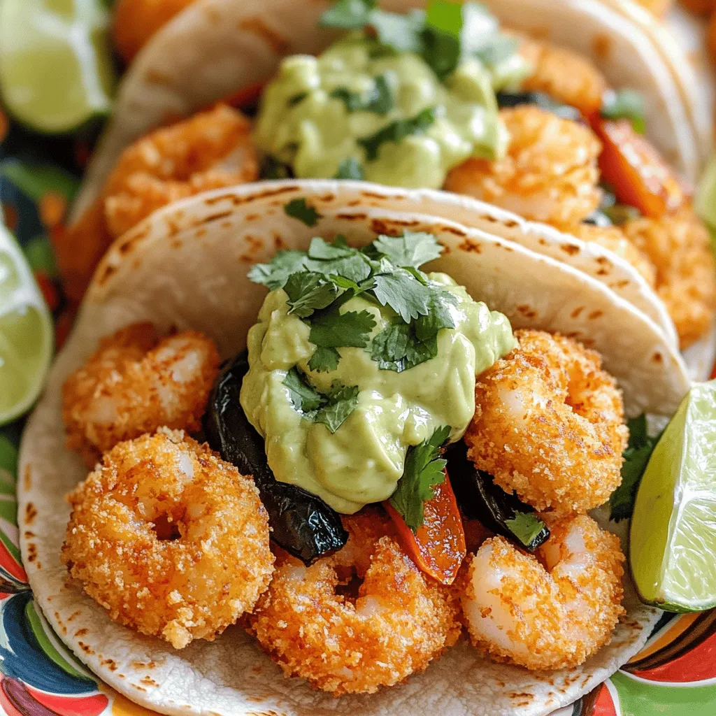 Um Crispy Garnelen Tacos zuzubereiten, brauchen wir frische Zutaten. Wir benötigen 500 g Garnelen, einen Poblano-Pfeffer, Mehl, Paniermehl, Eier, Gewürze und Tortillas. Für die Avocado-Cilantro-Sauce verwenden wir eine reife Avocado, griechischen Joghurt, Limettensaft und Koriander.