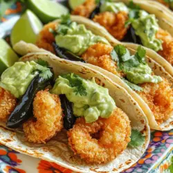 Um Crispy Garnelen Tacos zuzubereiten, brauchen wir frische Zutaten. Wir benötigen 500 g Garnelen, einen Poblano-Pfeffer, Mehl, Paniermehl, Eier, Gewürze und Tortillas. Für die Avocado-Cilantro-Sauce verwenden wir eine reife Avocado, griechischen Joghurt, Limettensaft und Koriander.