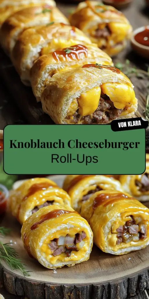 Entdecke die köstlichen Knoblauch Butter Speck Cheeseburger Rollups, die sich perfekt als Snack für jede Gelegenheit eignen! In diesem einfachen Rezept lernst du, wie du saftige Rinderhackfleischfüllung mit knusprigem Speck und geschmolzenem Käse in Blätterteig einrollst. Verpasse nicht die kreativen Variationen und Tipps zur Zubereitung. Klicke jetzt, um deine Gäste mit diesen unwiderstehlichen Leckerbissen zu begeistern!