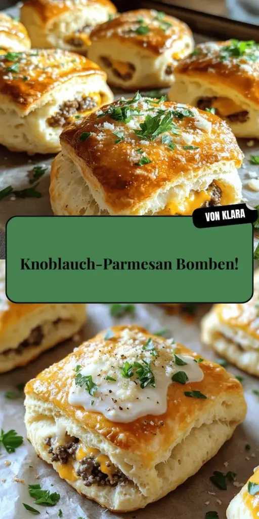 Entdecken Sie das Rezept für unwiderstehliche Knoblauch-Parmesan-Cheeseburger-Bomben, die jeder lieben wird! Diese köstlichen Snacks sind einfach zuzubereiten und perfekt für jede Party. Füllen Sie sie mit herzhaftem Rinderhackfleisch und Käse und genießen Sie die goldbraune Kruste. Holen Sie sich kreative Tipps für Variationen und passende Beilagen. Klicken Sie, um die vollständige Anleitung und weitere köstliche Ideen zu entdecken!