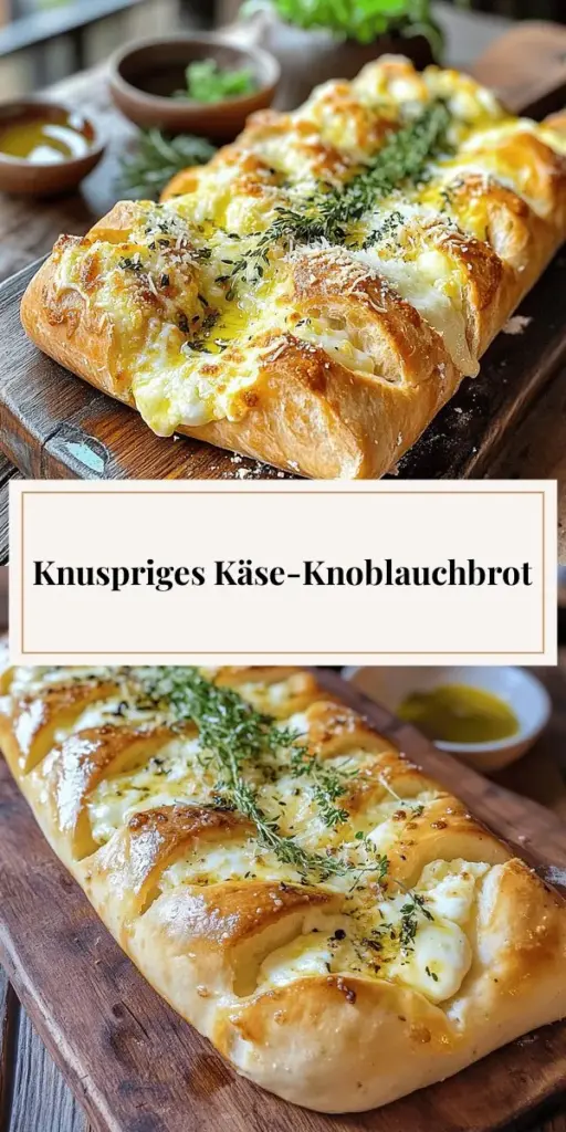 Entdecke das einfache Rezept für Käse-Knoblauchbrot, das alle begeistern wird! Mit wenigen Zutaten wie Baguette, Knoblauch, Mozzarella und Parmesan kannst du in nur 20 Minuten ein köstliches, knuspriges Brot zaubern. Perfekt als Snack für Partys oder Beilage zu Pasta. Lass dich inspirieren und verleihe deinem Käse-Knoblauchbrot mit frischen Kräutern den letzten Schliff. Klicke jetzt, um das vollständige Rezept zu entdecken und deine Gäste zu beeindrucken!