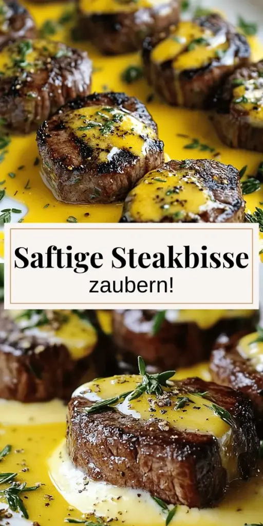 Entdecke das köstliche Rezept für saftige Steakbisse in Knoblauch-Kräuter-Butter, die jede Mahlzeit zum Highlight machen! Mit zarten Rinderfiletwürfeln und einer aromatischen Kräuterbutter verzauberst du selbst deine Gäste. Ergänze das Gericht mit cremigem Käse-Kartoffelbrei für das perfekte Geschmackserlebnis. Lass dich von diesen einfachen Zubereitungstipps inspirieren und klicke hier, um das vollständige Rezept zu erkunden!