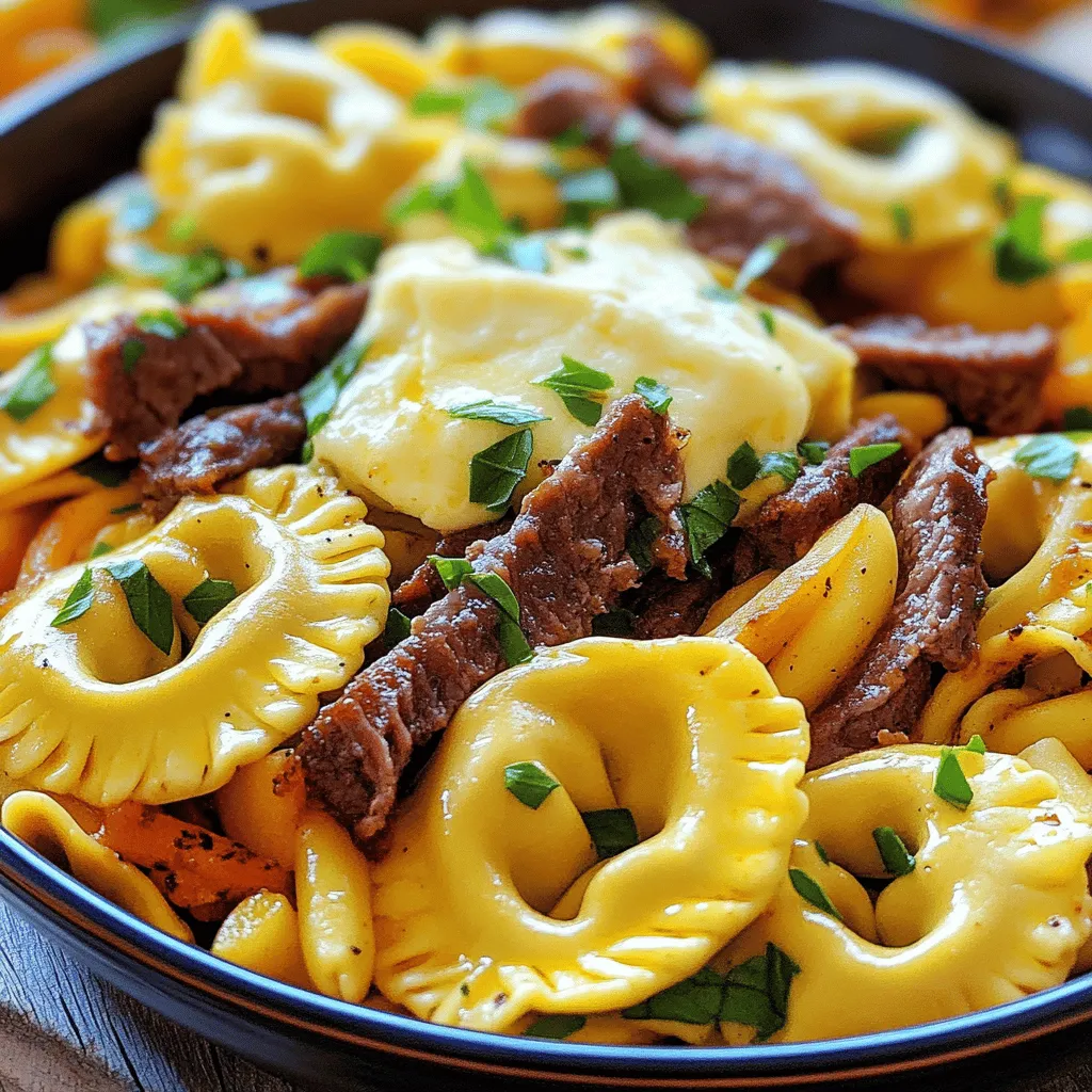 Für das Philly Cheesesteak Tortellini Pasta Rezept brauchst du frische Tortellini, Rinderfilet, Paprika und Zwiebeln.