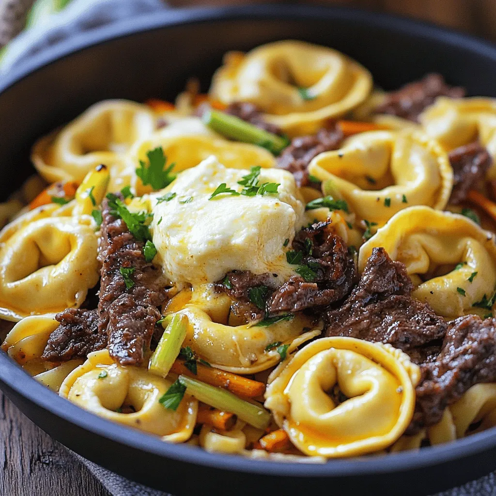 Für das Philly Cheesesteak Tortellini Pasta Rezept brauchst du frische Tortellini, Rinderfilet, Paprika und Zwiebeln.