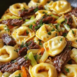 Für das Philly Cheesesteak Tortellini Pasta Rezept brauchst du frische Tortellini, Rinderfilet, Paprika und Zwiebeln.