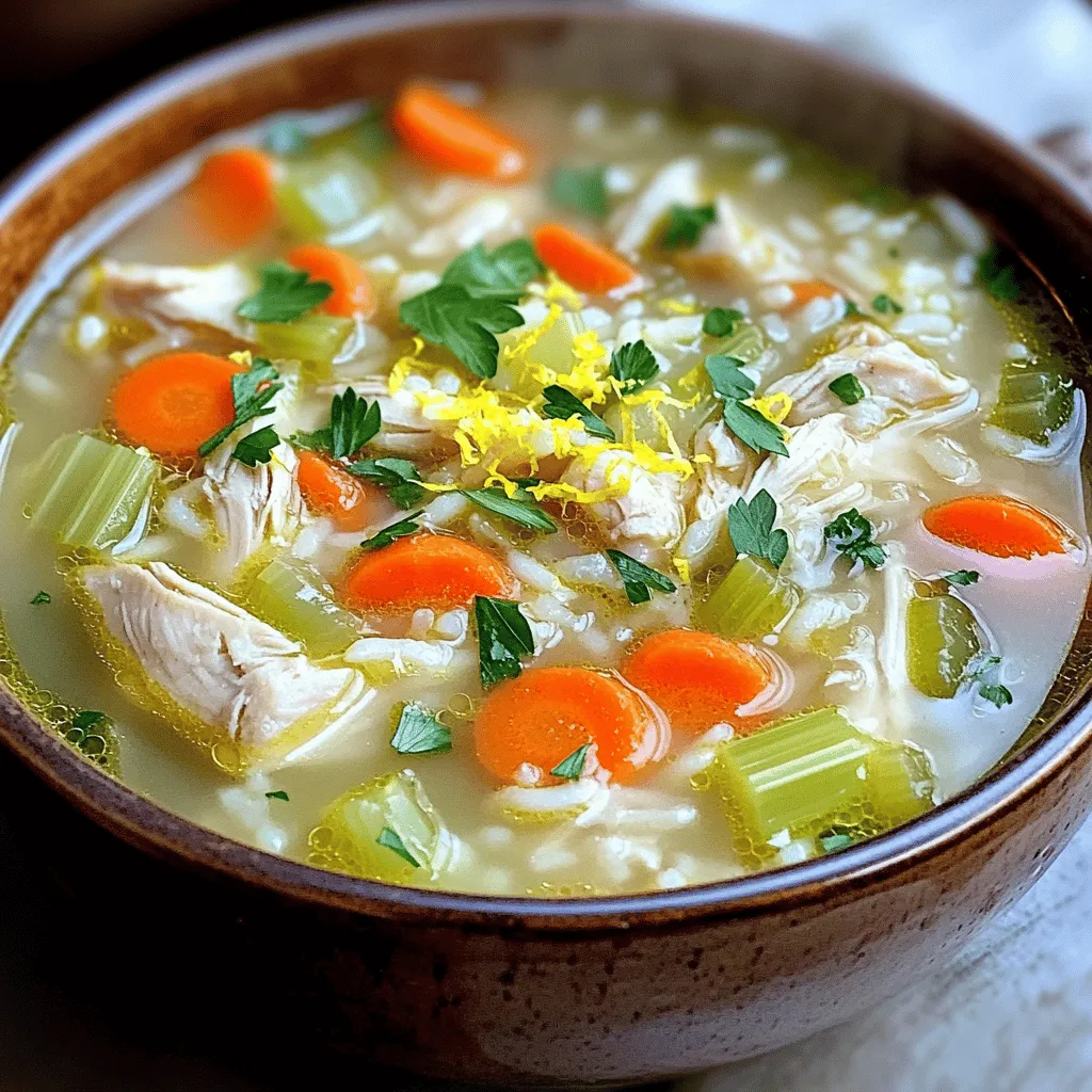 Die Hauptzutaten für die Hühnersuppe mit Zitrone und Reis sind einfach und frisch. Für mein Rezept brauche ich 300 Gramm Hühnerbrust, die ich in kleine Stücke schneide. Ich verwende auch eine Tasse Reis, entweder Langkorn oder Jasmin, um die Suppe herzhaft zu machen.