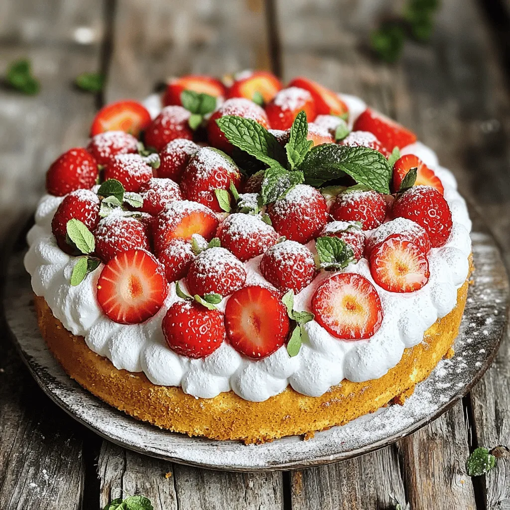 - 250 g frische Erdbeeren - 200 g Zucker - 150 g Mehl - 1 TL Backpulver - 3 Eier - 100 g geschmolzene Butter - 1 TL Vanilleextrakt - 1 Prise Salz - 200 ml Schlagsahne - 2 EL Puderzucker - Minzblätter zur Dekoration