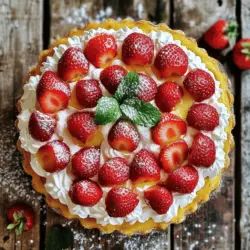 - 250 g frische Erdbeeren - 200 g Zucker - 150 g Mehl - 1 TL Backpulver - 3 Eier - 100 g geschmolzene Butter - 1 TL Vanilleextrakt - 1 Prise Salz - 200 ml Schlagsahne - 2 EL Puderzucker - Minzblätter zur Dekoration
