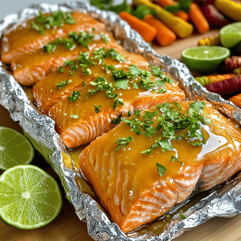 - 4 Lachsfilets (je ca. 150 g) - 4 Esslöffel Honig - 2 Limetten (Saft und Zesten) - 3 Esslöffel Olivenöl - 2 Knoblauchzehen, fein gehackt - Eine Handvoll frischer Koriander, grob gehackt - Salz und Pfeffer nach Geschmack - Aluminiumfolie