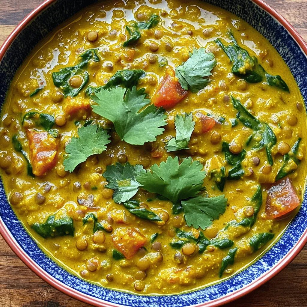 Für das cremige Kokos-Linsen-Curry benötigst du folgende Zutaten: - 1 Tasse grüne oder braune Linsen, gründlich abgespült - 1 Dose (400 ml) Kokosmilch - 1 mittlere Zwiebel, gewürfelt - 2 Zehen Knoblauch, fein gehackt - 1 Esslöffel Ingwer, gerieben - 2 mittelgroße Tomaten, gewürfelt - 1 Esslöffel Currypulver - 1 Teelöffel Kurkuma - 1 Teelöffel Kreuzkümmel - 2 Tassen Gemüsebrühe - 1 Tasse Spinat, frisch oder tiefgefroren - 2 Esslöffel Olivenöl - Salz und Pfeffer nach Geschmack - Frischer Koriander zum Garnieren - Optional: 1 rote Chili, gehackt (für die Schärfe) Frische Zutaten machen einen großen Unterschied. Achte beim Kauf von Gemüse auf: - Farbe: Wähle lebendige Farben. Sie zeigen Frische. - Textur: Das Gemüse sollte fest sein. Vermeide weiche Stellen. - Geruch: Frische Kräuter und Gewürze haben einen starken Duft. Für die Linsen: Kaufe sie in kleinen Mengen. So bleiben sie frisch. Achte beim Kauf von Kokosmilch auf die Inhaltsstoffe. Wähle 100% Kokosnuss ohne Zusatzstoffe. Wenn du Allergien hast oder bestimmte Zutaten nicht magst, gibt es viele Alternativen: - Kokosmilch: Verwende Mandel- oder Sojamilch für eine andere Geschmacksrichtung. - Linsen: Ersetze sie durch Kichererbsen oder schwarze Bohnen. - Spinat: Nutze Mangold oder Grünkohl, um noch mehr Nährstoffe zu bekommen. - Gewürze: Experimentiere mit milden Gewürzen, wenn du keine Schärfe magst. Diese Optionen helfen, das Rezept anzupassen und dennoch köstlich zu bleiben. Entdecke deine eigenen Kombinationen! Die Vorbereitungszeit für dieses Gericht beträgt nur 10 Minuten. Die gesamte Kochzeit liegt bei etwa 35 Minuten. In weniger als einer Stunde kannst du ein köstliches Gericht zubereiten. 1. Erhitze Öl: Nimm einen großen Topf und erhitze das Olivenöl bei mittlerer Hitze. 2. Zwiebel anbraten: Füge die gewürfelte Zwiebel hinzu und brate sie an, bis sie durchsichtig ist. Das dauert etwa fünf Minuten. 3. Knoblauch und Ingwer: Jetzt kommt der gehackte Knoblauch und der geriebene Ingwer. Koche sie für zwei Minuten. Sie geben deinem Curry einen tollen Duft. 4. Tomaten hinzufügen: Gib die gewürfelten Tomaten in den Topf. Rühre sie um, bis sie weich sind, was etwa fünf Minuten dauert. 5. Gewürze einstreuen: Streue das Currypulver, den Kurkuma und den Kreuzkümmel darüber. Mische alles gut. Röste die Gewürze für zwei Minuten, um den Geschmack zu intensivieren. 6. Linsen und Brühe: Füge die abgespülten Linsen und die Gemüsebrühe hinzu. Bringe die Mischung zum Kochen. Dann reduziere die Hitze und lasse alles abgedeckt simmern. Koche das Ganze für 25 Minuten. 7. Kokosmilch und Spinat: Wenn die Linsen weich sind, rühre die Kokosmilch und den Spinat ein. Lass das Curry weitere fünf bis zehn Minuten köcheln, bis der Spinat verwelkt ist. 8. Abschmecken: Würze das Curry mit Salz und Pfeffer. Wenn du es schärfer magst, füge die gehackte rote Chili hinzu. 9. Ruhen lassen: Nimm den Topf vom Herd und lasse das Curry einige Minuten ruhen, bevor du es servierst. - Achte darauf, die Zwiebel gut zu braten. Das macht das Curry geschmackvoller. - Röste die Gewürze, um ihre Aromen freizusetzen. Das ist ein wichtiger Schritt. - Linsen sollten gut abgespült werden, um Verunreinigungen zu entfernen. - Wenn du Zeit sparen willst, kannst du die Linsen auch über Nacht einweichen. - Garniere dein Curry mit frischem Koriander. Es sieht nicht nur schön aus, sondern schmeckt auch besser. Für die komplette Anleitung besuche die [Full Recipe]. Um das Curry perfekt abzuschmecken, probiere es während des Kochens. Füge mehr Salz oder Pfeffer nach Bedarf hinzu. Du kannst auch etwas Zitronensaft hinzufügen, um die Aromen aufzufrischen. Ein Spritzer Limette bringt mehr Tiefe. Experimentiere mit den Gewürzen. Manchmal hilft eine zusätzliche Prise Kurkuma oder Kreuzkümmel für mehr Geschmack. Für zusätzlichen Geschmack kannst du frische Kräuter verwenden. Koriander ist eine tolle Wahl. Du kannst auch Petersilie probieren. Wenn du mehr Schärfe magst, füge frische Chili hinzu. Außerdem sind geröstete Nüsse wie Mandeln oder Cashews ein schöner Crunch. Das bringt Textur und Geschmack. Die Konsistenz des Currys ist wichtig. Wenn es zu dick ist, füge mehr Gemüsebrühe oder Kokosmilch hinzu. Rühre gut um und lasse es kurz köcheln. Wenn es zu flüssig ist, koche es länger ohne Deckel. Dadurch verdampft die Flüssigkeit. Für eine cremigere Textur püriere einen Teil des Currys mit einem Stabmixer. So wird es besonders samtig. Um das perfekte cremige Kokos-Linsen-Curry zu entdecken, schaue dir das [Full Recipe] an. {{image_4}} Das cremige Kokos-Linsen-Curry ist von Natur aus vegetarisch und vegan. Um es noch anpassungsfähiger zu machen, kannst du verschiedene Gemüsesorten hinzufügen. Süßkartoffeln oder Karotten passen gut. Sie geben mehr Süße und Struktur. Du kannst auch Blumenkohl oder Brokkoli verwenden. Diese Gemüsesorten sind reich an Nährstoffen. Wenn du etwas Schärfe magst, gibt es viele Möglichkeiten. Du kannst frische Chilis wie Jalapeños oder grüne Chilis hinzufügen. Sie geben dem Curry einen tollen Kick. Für eine milde Schärfe sind rote Chilis eine gute Wahl. Für mehr Wärme, probiere Habaneros oder Thai-Chilis. Achte darauf, die Menge anzupassen, je nach deinem Geschmack. Das Hinzufügen von mehr Gemüse macht das Curry noch gesünder. Spinat ist bereits enthalten, aber du kannst auch Erbsen oder Paprika hinzufügen. Sie bringen Farbe und Vitamine. Auch Zucchini funktioniert gut. Sie machen das Curry saftig und lecker. Experimentiere mit deinen Lieblingsgemüse und finde deine perfekte Mischung. Für weitere Tipps und das gesamte Rezept, schau dir den Full Recipe an. Um dein cremiges Kokos-Linsen-Curry frisch zu halten, lasse es zuerst auf Raumtemperatur abkühlen. Danach füllst du es in einen luftdichten Behälter. Das Curry bleibt im Kühlschrank bis zu fünf Tage haltbar. Achte darauf, dass der Behälter nicht zu groß ist. So vermeidest du, dass das Curry austrocknet. Wenn du das Curry wieder aufwärmen möchtest, nutze am besten einen Topf. Erhitze es bei mittlerer Hitze. Rühre dabei oft um, damit es gleichmäßig warm wird. Du kannst auch einen Spritzer Wasser oder Kokosmilch hinzufügen, um die Konsistenz zu verbessern. Falls du eine Mikrowelle verwendest, decke das Curry ab. So bleibt die Feuchtigkeit erhalten und es trocknet nicht aus. Das Curry lässt sich gut einfrieren. Fülle es dazu in gefriergeeignete Behälter. So bleibt es bis zu drei Monate haltbar. Zum Auftauen stelle den Behälter einfach in den Kühlschrank. Lasse es über Nacht auftauen. Danach kannst du es wie gewohnt aufwärmen. Dies ist eine praktische Möglichkeit, eine leckere Mahlzeit immer zur Hand zu haben. Für weitere Details, sieh dir die [Full Recipe] an. Die Zubereitung dauert insgesamt 45 Minuten. Davon sind 10 Minuten für die Vorbereitung nötig. Die Kochzeit beträgt etwa 35 Minuten. In dieser Zeit werden die Aromen gut verbunden, und die Linsen werden schön weich. Ja, du kannst das Curry im Voraus zubereiten. Es schmeckt sogar besser, wenn die Aromen einige Stunden oder über Nacht ziehen können. Kühle das Curry nach dem Kochen ab. Fülle es in einen luftdichten Behälter und stelle es in den Kühlschrank. So bleibt es frisch für bis zu drei Tage. Zu diesem Curry passen viele Beilagen. Hier sind einige Vorschläge: - Gedämpfter Reis - Naan-Brot - Quinoa - Frischer Salat - Raita oder Joghurtdip Diese Beilagen ergänzen den Geschmack des Currys und sorgen für ein ausgewogenes Essen. Du kannst die Beilagen nach deinem Geschmack wählen. Probiere auch die Kombination mit verschiedenen Beilagen aus! Zusammenfassend haben wir über die wichtigsten Zutaten und deren Auswahl gesprochen. Ich habe dir eine Schritt-für-Schritt-Anleitung gegeben, die dir beim Kochen hilft. Zudem teilte ich Tipps für Geschmack und Textur mit. Variationen wie vegetarische Optionen sind ebenfalls wichtig. Wir haben auch über die richtige Aufbewahrung und häufige Fragen gesprochen. Mit diesen Informationen kannst du ein köstliches Curry zubereiten. Viel Spaß beim Kochen!