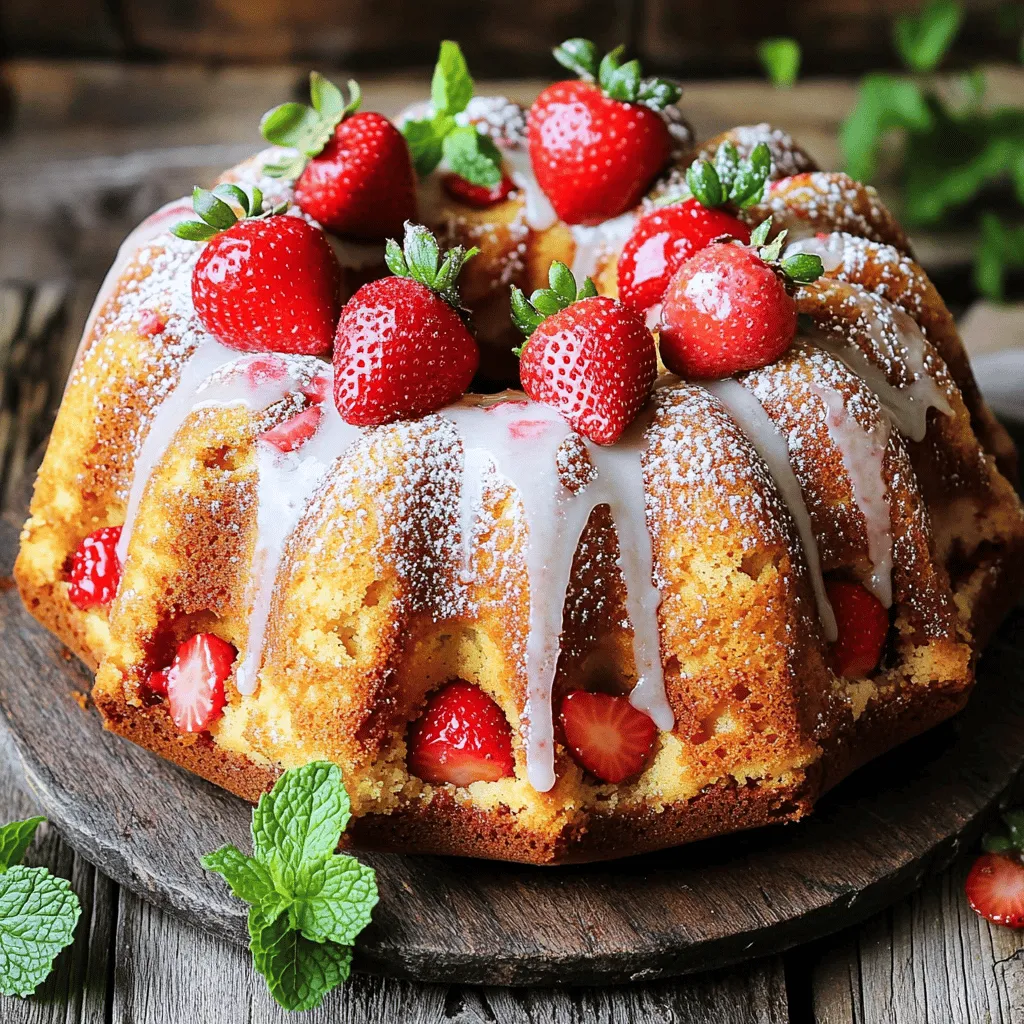 Um den perfekten Erdbeer Bundt-Kuchen zu backen, brauchst du diese Hauptzutaten: - 2 Tassen Allzweckmehl - 1 ½ Tassen Kristallzucker - ½ Tasse ungesalzene Butter, weich - 1 Tasse Buttermilch - 3 große Eier - 1 Esslöffel Vanilleextrakt - 1 Teelöffel Backpulver - 1 Teelöffel Natron - ½ Teelöffel Salz - 1 ½ Tassen frische Erdbeeren, entstielt und gehackt Diese Zutaten geben deinem Kuchen die richtige Textur und den tollen Geschmack. Es ist wichtig, die Butter weich zu machen, damit sie gut mit dem Zucker vermischt wird. Für den Zuckerguss, der den Kuchen perfekt macht, benötigst du: - ½ Tasse Puderzucker - 2 Esslöffel Milch Diese Zutaten sorgen für eine süße Glasur. Du kannst die Milchmenge anpassen, um die Konsistenz zu ändern. Frische Erdbeeren sind der Schlüssel zu einem großartigen Kuchen. Suche nach Erdbeeren, die: - Leuchtend rot sind - Fest und prall sind - Keine dunklen Flecken oder Druckstellen haben Wenn du die besten Erdbeeren auswählst, wird dein Kuchen saftig und voller Geschmack. Frische Erdbeeren bringen auch eine schöne Farbe in dein Gebäck. Zuerst heizen wir den Backofen auf 175°C (350°F) vor. Das ist wichtig, damit der Kuchen gleichmäßig backt. Dann fetten wir die Bundt-Form gut mit Butter ein und bestäuben sie mit Mehl. So bleibt der Kuchen nicht kleben. Ich empfehle, frische Erdbeeren zu wählen, da sie süßer und saftiger sind. Für den Teig schlagen wir die weiche Butter mit dem Kristallzucker in einer großen Schüssel. Mische das für etwa 3-4 Minuten, bis es hell und fluffig ist. Jetzt fügen wir die Eier nacheinander hinzu. Jedes Ei muss gut eingearbeitet werden, bevor das nächste kommt. Dann kommt der Vanilleextrakt. In einer anderen Schüssel vermengen wir das Mehl, Backpulver, Natron und Salz. Jetzt geben wir die trockenen Zutaten abwechselnd mit der Buttermilch zur Butter-Zucker-Mischung. Beginne und ende mit der Mehlmischung. Rühre nur so lange, bis alles vermischt ist – nicht zu lang! Jetzt hebe die gehackten Erdbeeren vorsichtig unter den Teig. Gieße den Teig in die vorbereitete Bundt-Form und streiche die Oberfläche glatt. Stelle die Form in den vorgeheizten Ofen. Backe den Kuchen für 50-60 Minuten. Ein Zahnstocher sollte sauber herauskommen, wenn er in die Mitte gesteckt wird. Lass den Kuchen 15 Minuten in der Form abkühlen. Danach stürze ihn vorsichtig auf ein Kuchengitter, damit er vollständig abkühlen kann. Für den Zuckerguss rühre Puderzucker mit Milch glatt. Du kannst die Milchmenge anpassen, um die gewünschte Konsistenz zu erreichen. Überziehe den abgekühlten Kuchen mit dem Zuckerguss, sodass er an den Seiten herunterläuft. Um die perfekte Textur für deinen Erdbeer Bundt-Kuchen zu erreichen, folge diesen einfachen Schritten: - Butter und Zucker gut schlagen: Schlage die weiche Butter und den Zucker für 3-4 Minuten. Eine helle, fluffige Mischung ist der Schlüssel. - Eier einzeln hinzufügen: Gib die Eier nacheinander hinzu. So wird der Teig schön luftig. - Nicht zu viel rühren: Mische die trockenen und nassen Zutaten nur bis alles gut vermischt ist. Zu viel Rühren macht den Kuchen dicht. Ein paar häufige Fehler können deinen Kuchen ruinieren: - Die Form nicht einfetten: Wenn du die Bundt-Form nicht gut einfettest, bleibt der Kuchen kleben. Verwende Butter und Mehl. - Überbacken: Achte auf die Zeit. Ein Zahnstocher sollte sauber herauskommen, aber nicht zu lange backen. - Zu viele Erdbeeren: Wenn du zu viele Erdbeeren hinzufügst, wird der Teig schwer. Halte dich an die Menge im Rezept. Um deinen Erdbeer Bundt-Kuchen frisch zu halten, beachte diese Tipps: - Kühl lagern: Bewahre den Kuchen in einem luftdichten Behälter auf. So bleibt er saftig. - Zuckerguss erst später auftragen: Wenn du den Kuchen aufbewahrst, mache den Zuckerguss erst kurz vor dem Servieren. - Im Kühlschrank lagern: Bei warmem Wetter lagere den Kuchen im Kühlschrank, um ihn frisch zu halten. Für das vollständige Rezept, schau dir die Full Recipe an. {{image_4}} Möchten Sie eine schokoladige Note hinzufügen? Das ist einfach! Mischen Sie ½ Tasse Kakaopulver in den Teig. Das verleiht dem Erdbeer-Bundt-Kuchen ein tolles Aroma. Sie können auch Schokoladenstückchen unter den Teig heben. Das sorgt für einen köstlichen Überraschungseffekt in jedem Bissen. Schokolade und Erdbeeren harmonieren wunderbar. Für eine glutenfreie Option verwenden Sie 2 Tassen glutenfreies Mehl. Dabei ist es wichtig, ein Mehl zu wählen, das für Backwaren gedacht ist. Achten Sie darauf, dass die anderen Zutaten, wie Backpulver und Vanilleextrakt, ebenfalls glutenfrei sind. Diese Anpassung sorgt dafür, dass jeder genießen kann. Der Geschmack bleibt dabei gleich lecker und saftig. Erdbeeren sind großartig, aber Sie können auch andere Früchte verwenden. Im Sommer schmecken Himbeeren oder Pfirsiche fantastisch. Im Herbst können Sie Äpfel oder Kürbis verwenden. Passen Sie die Menge der Früchte nach Geschmack an. Jede Frucht bringt ihren eigenen Charakter in den Kuchen. So bleibt das Rezept frisch und spannend. Entdecken Sie die Möglichkeiten, die dieses einfache Rezept bietet. Für das volle Rezept schauen Sie sich bitte die [Full Recipe] an! Um den Erdbeer Bundt-Kuchen frisch zu halten, bewahre ihn an einem kühlen Ort auf. Ein luftdichter Behälter ist ideal. Du kannst ihn auch mit Frischhaltefolie umwickeln. So bleibt er weich und saftig. Vermeide direkte Sonneneinstrahlung, da dies den Kuchen austrocknet. Der Kuchen bleibt bei richtiger Lagerung etwa 3 bis 4 Tage frisch. Du kannst ihn auch im Kühlschrank aufbewahren. Dort bleibt er bis zu einer Woche gut. Achte darauf, ihn gut abzudecken, damit er nicht austrocknet. Wenn du den Kuchen lange aufbewahren möchtest, friere ihn ein. Lass ihn zuerst vollständig abkühlen. Schneide ihn in Stücke, damit du nur das entnehmen kannst, was du brauchst. Wickel die Stücke gut in Frischhaltefolie und danach in Alufolie. So bleibt der Geschmack erhalten. Gefroren hält er sich bis zu 3 Monate. Zum Auftauen lege die Stücke einfach in den Kühlschrank. So bleibt der Kuchen zart und lecker. Insgesamt ist es einfach, diesen Erdbeer Bundt-Kuchen frisch und köstlich zu halten. Mit diesen Tipps kannst du sicherstellen, dass du immer ein Stück Genuss zur Hand hast. Schau dir auch das Full Recipe an, um alle Schritte zu meistern! Um den Erdbeer Bundt-Kuchen saftiger zu machen, gibt es einige einfache Tipps. Füge etwas mehr Buttermilch hinzu. Du kannst auch ein paar Esslöffel Joghurt oder Apfelmus verwenden. Diese Zutaten halten den Kuchen feucht. Eine weitere Idee ist, die frischen Erdbeeren in etwas Zucker zu wälzen. So geben sie beim Backen mehr Saft ab. Ja, du kannst gefrorene Erdbeeren verwenden. Achte darauf, sie vorher leicht auftauen und abtropfen zu lassen. So bleibt der Teig nicht nass. Zerdrücke die gefrorenen Erdbeeren nicht zu stark. Sie sollten Stücke bleiben, um dem Kuchen Struktur zu geben. Das Aroma wird auch mit gefrorenen Erdbeeren lecker sein. Wenn du keine Buttermilch hast, gibt es tolle Alternativen. Du kannst normale Milch verwenden und etwas Zitronensaft oder Essig hinzufügen. Lass die Mischung ein paar Minuten stehen, um sie sauer zu machen. Eine andere Option ist Joghurt, verdünnt mit etwas Wasser. Diese Substitutionen bringen auch einen tollen Geschmack in den Kuchen. Für das vollständige Rezept schau dir den Abschnitt "Erdbeer Bundt-Kuchen Glück" an. Du weißt jetzt, wie man einen leckeren Erdbeer Bundt-Kuchen backt. Wir haben die wichtigsten Zutaten, eine Schritt-für-Schritt-Anleitung und nützliche Tipps behandelt. Denke daran, die besten Erdbeeren auszuwählen und häufige Fehler zu vermeiden. Variationen wie die glutenfreie Version bringen noch mehr Spaß. Lagere den Kuchen richtig, um die Frische zu bewahren. Viel Freude beim Ausprobieren!