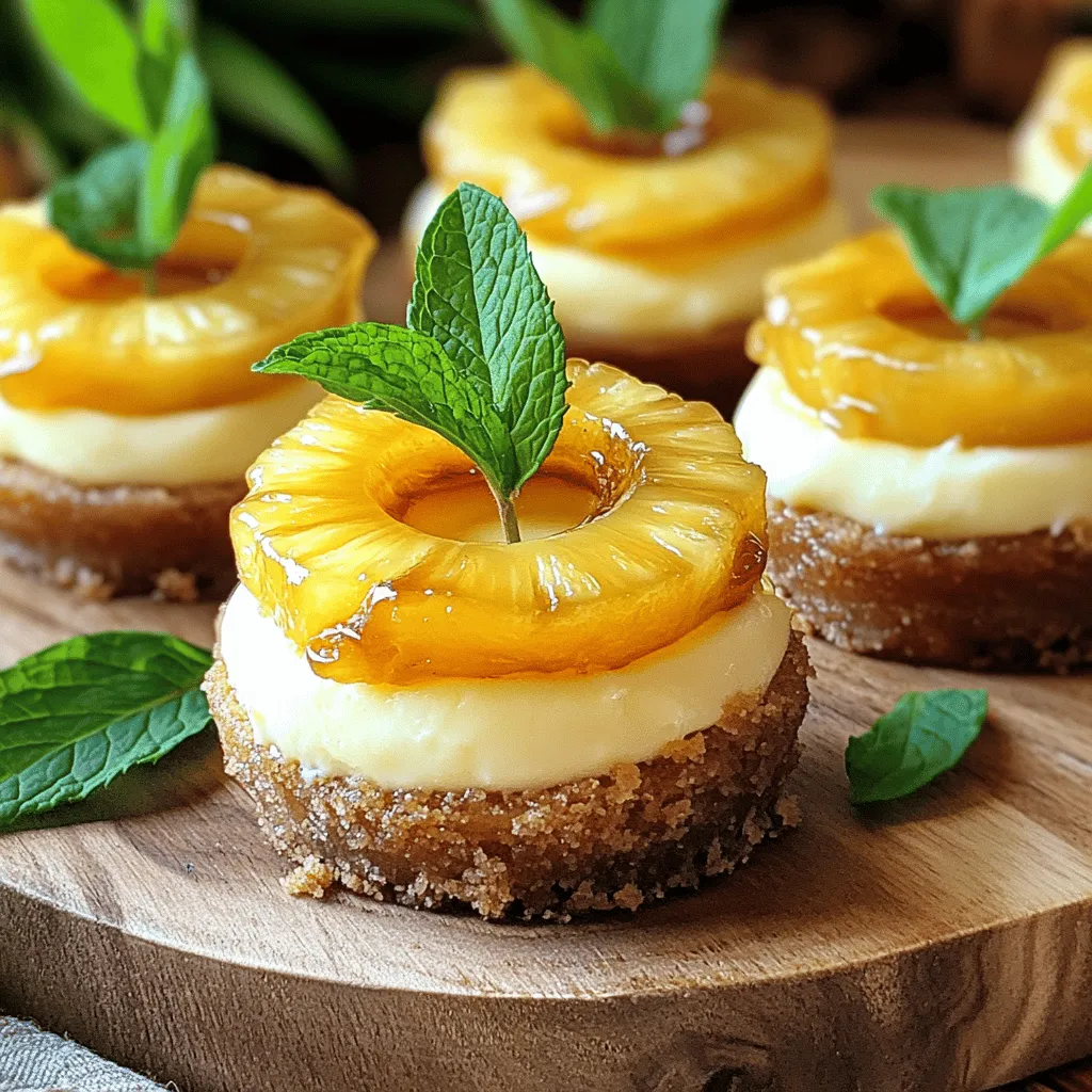 <strong>Ananasringe und deren Bedeutung</strong> Ananasringe sind der Star dieses Rezepts. Sie bringen Süße und eine saftige Textur. Der Geschmack von Ananas passt perfekt zu dem süßen Käsekuchen. Wenn Sie die Ananas auf die Kekse legen, wird jede Portion besonders. Diese Kombination macht jeden Bissen zu einem Genuss.” /></p>
</p>
<h2>Variationen</h2>
</p>
<h3>Mini-Ananas-Upside-Down-Käsekuchen mit Kirschen</h3>
<p>Eine tolle Idee ist, Kirschen hinzuzufügen. Kirschen passen wunderbar zur Ananas. Sie bringen Farbe und einen süßen Geschmack. Nehmen Sie einfach einige entsteinte Kirschen und legen Sie sie direkt auf die Ananas. Wenn Sie die Käsekuchen backen, werden die Kirschen weich und süß. Diese Kombination ist ein echter Genuss und macht die Mini-Käsekuchen noch schöner.</p>
</p>
<h3>Glutenfreie Alternativen</h3>
<p>Wenn Sie glutenfrei essen, können Sie das Rezept leicht anpassen. Verwenden Sie glutenfreie Kekse für den Boden. Diese Kekse sind in vielen Geschäften erhältlich. Sie schmecken ähnlich wie normale Kekse und passen gut. Achten Sie darauf, dass alle anderen Zutaten ebenfalls glutenfrei sind. So können alle die Mini-Käsekuchen genießen, ohne sich Sorgen zu machen.</p>
</p>
<h3>Vegane Variationen</h3>
<p>Für eine vegane Version gibt es einfache Tricks. Ersetzen Sie den Frischkäse durch pflanzliche Alternativen, wie zum Beispiel Cashew-Creme oder Soja-Joghurt. Anstelle von Eiern können Sie Leinsamen oder Chiasamen verwenden. Diese ersetzen das Ei gut und binden die Masse. Auch bei der Butter können Sie Margarine verwenden. So bleibt der tolle Geschmack, und alle können die Mini-Käsekuchen genießen. Diese Variationen sind nicht nur lecker, sondern auch gesund und nachhaltig.</p>
</p>
<p>Für das vollständige Rezept werfen Sie einen Blick auf [Full Recipe].</p>
</p>
</p>
<h2>Aufbewahrungsinformationen</h2>
</p>
<h3>Kühlung</h3>
<p>Um die Mini-Käsekuchen frisch zu halten, sollten Sie sie gut kühlen. Legen Sie die Käsekuchen in einen luftdichten Behälter. Dies schützt sie vor Gerüchen und hält sie feucht. Stellen Sie sicher, dass die Käsekuchen vollständig abgekühlt sind, bevor Sie sie lagern. So verhindern Sie, dass sich Kondenswasser bildet.</p>
</p>
<h3>Haltbarkeit im Kühlschrank</h3>
<p>Die Mini-Käsekuchen bleiben im Kühlschrank etwa 3 bis 5 Tage frisch. Achten Sie darauf, sie in einem gut verschlossenen Behälter zu lagern. Wenn Sie einen längeren Zeitraum planen, ist es besser, sie einzufrieren. So bleiben sie saftig und lecker. Überprüfen Sie die Käsekuchen vor dem Essen auf Anzeichen von Verderb, wie einen seltsamen Geruch oder Verfärbungen.</p>
</p>
<h3>Einfrieren der Mini-Käsekuchen</h3>
<p>Um die Käsekuchen einzufrieren, lassen Sie sie zuerst ganz abkühlen. Legen Sie dann jeden Käsekuchen in Frischhaltefolie. Wickeln Sie sie gut ein, damit sie keinen Frostgeschmack annehmen. Sie können die eingewickelten Käsekuchen in einen gefriergeeigneten Behälter legen. Zum Auftauen, lassen Sie sie einfach im Kühlschrank über Nacht. So bleiben sie bei der Zubereitung frisch und lecker.</p>
</p>
<p>Für das vollständige Rezept, klicken Sie hier: [Full Recipe].</p>
</p>
<h2>FAQs</h2>
</p>
<h3>Wie lange dauert es, die Käsekuchen vorzubereiten?</h3>
<p>Die Vorbereitung der Käsekuchen dauert etwa 20 Minuten. Diese Zeit reicht aus, um alle Zutaten zu messen und die Masse vorzubereiten. Danach müssen die Käsekuchen für insgesamt 2 Stunden im Kühlschrank kühlen. Planen Sie also etwas Zeit ein, um sicherzustellen, dass sie gut fest werden.</p>
</p>
<h3>Kann ich frische Ananas verwenden?</h3>
<p>Ja, frische Ananas ist eine tolle Wahl! Sie gibt einen intensiveren Geschmack. Schneiden Sie die Ananas in dickere Scheiben. Diese Scheiben sind dann perfekt für die Käsekuchen. Dosenananas sind auch gut, da sie bereits weich sind und viel Saft haben. Letztendlich hängt es von Ihren Vorlieben ab.</p>
</p>
<h3>Wie kann ich die Käsekuchen ohne Muffinblech machen?</h3>
<p>Wenn Sie kein Muffinblech haben, gibt es einfache Alternativen. Sie können eine kleine Auflaufform benutzen. Verteilen Sie die Zuckermischung und die Ananas gleichmäßig auf dem Boden. Gießen Sie dann die Käsekuchenmasse darüber. Schneiden Sie die Käsekuchen nach dem Backen in Stücke, um sie zu servieren. Es funktioniert gut und sieht schön aus.</p>
</p>
<p>Diese Anleitung zeigt, wie man leckere Mini-Ananas-Upside-Down-Käsekuchen macht. Wir haben die wichtigsten Zutaten und ihre Rollen erklärt. Die Schritt-für-Schritt-Anleitung stellt sicher, dass du jeden Schritt richtig machst. Tipps und Variationen helfen dir, deine eigenen Ideen umzusetzen. Zum Schluss gebe ich dir Informationen zur Aufbewahrung.</p>
</p>
<p>Mit diesen Kenntnissen wirst du die besten Käsekuchen zaubern. Sei kreativ und genieße das Backen!</p>
</div>