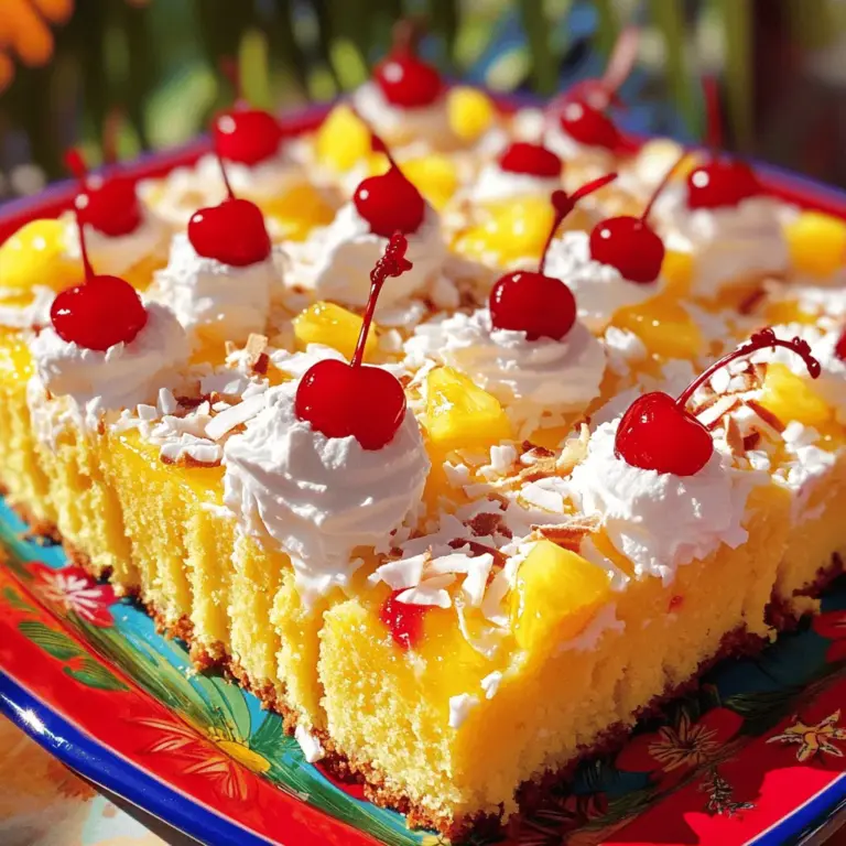 Für den Tropenparadies Poke Cake benötigst du folgende Hauptzutaten: - 1 Packung gelbes Kuchenmix - 3 große Eier - 1 Tasse Kokosmilch (aus der Dose) - 1/2 Tasse Pflanzenöl - 1 Tasse Ananassaft (1/4 Tasse für das Topping aufbewahren) - 1 Tasse gesüßte, geraspelte Kokosnüsse - 1/2 Tasse Schlagsahne - 2 Esslöffel Puderzucker - 1/2 Tasse Maraschino-Kirschen zum Garnieren - Geröstete Kokosflocken zur Dekoration Diese Zutaten schaffen die perfekte Grundlage für deinen Kuchen. Das gelbe Kuchenmix sorgt für einen feinen Teig und die Kokosmilch verleiht einen tropischen Geschmack. Um diesen Poke Cake zuzubereiten, brauchst du einige nützliche Utensilien: - Eine große Rührschüssel - Eine 9x13 Zoll Backform - Ein Handmixer oder Schneebesen - Eine Gabel zum Löcherstechen - Ein kleiner Kochtopf für die Füllung - Eine Kühlbox oder ein Kühlschrank Diese Utensilien machen das Backen einfacher und effektiver. Mit der richtigen Ausrüstung wird dein Kuchen gleichmäßiger und schöner. Wenn du kreativ sein willst, gibt es viele alternative Zutaten: - Anstelle von gelbem Kuchenmix kannst du Vanillekuchenmix verwenden. - Du kannst verschiedene Fruchtsäfte nutzen, wie Mangosaft oder Pfirsichsaft. - Für eine vegane Option verwende pflanzliche Alternativen für Eier und Milch. - Ersetze die gesüßten Kokosnüsse durch frische Früchte wie Ananas oder Mango. Diese Alternativen helfen dir, den Kuchen zu personalisieren. So kannst du neue Geschmäcker entdecken und deinen eigenen Stil einbringen. Heize deinen Ofen auf 175°C vor. Fette eine 9x13 Zoll große Backform gut ein. So bleibt der Kuchen später nicht kleben. Du kannst Butter oder Öl verwenden. In einer großen Schüssel mische das gelbe Kuchenmix, die Eier, die Kokosmilch, das Pflanzenöl und 3/4 Tasse Ananassaft. Rühre alles gut, bis der Teig glatt ist. Gieße den Teig in die Backform. Backe den Kuchen für 25-30 Minuten. Überprüfe mit einem Zahnstocher, ob der Kuchen fertig ist. Lass ihn dann für 10 Minuten abkühlen. Benutze eine Gabel, um Löcher gleichmäßig über den Kuchen zu stechen. Diese Löcher helfen, die Toppings aufzunehmen. In einem kleinen Topf vermische die restliche 1/4 Tasse Ananassaft mit den gesüßten Kokosnüssen. Erhitze die Mischung für 2-3 Minuten. Gieße diese Mischung über den Kuchen. Achte darauf, dass sie in die Löcher eindringt. Lass den Kuchen vollständig abkühlen. Schlage die Schlagsahne mit dem Puderzucker steif. Verteile die Schlagsahne gleichmäßig auf dem Kuchen. Garnieren kannst du mit Maraschino-Kirschen und gerösteten Kokosflocken. Kühl den Kuchen mindestens 1 Stunde im Kühlschrank. So wird er frisch und lecker. Für das vollständige Rezept schau dir die [Full Recipe] an. Ein Poke Cake kann einfach sein, aber Fehler passieren oft. Ein häufiger Fehler ist, den Kuchen zu lange zu backen. Dies macht den Kuchen trocken. Achte darauf, den Zahnstocher-Test zu machen. Wenn er sauber herauskommt, ist der Kuchen fertig. Ein weiterer Fehler ist, die Löcher zu klein zu machen. Größere Löcher lassen die Füllung besser eindringen. Auch das Übersehen der Kühlzeit kann den Genuss mindern. Ein gut gekühlter Kuchen schmeckt viel besser. Die Löcher sind wichtig für den Geschmack. Um gleichmäßige Löcher zu stechen, benutze eine Gabel oder einen Holzlöffel. Steche die Löcher in einem gleichmäßigen Abstand. Etwa 2,5 cm Abstand funktioniert gut. Achte darauf, die Löcher bis zum Boden zu stechen. So kann die Füllung gut eindringen. Eine andere Methode ist, ein spezielles Lochwerkzeug zu verwenden. Dies sorgt für perfekte Löcher. Frische Zutaten machen einen großen Unterschied. Frische Früchte sind ideal für die Füllung. Sie bringen natürlichen Geschmack und Farbe. Bei der Sahne ist frische Schlagsahne besser als fertige. So wird der Kuchen cremiger und leckerer. Auch bei den Kokosnüssen solltest du frische, geraspelte Kokosnüsse verwenden. Sie haben mehr Aroma und Textur. Wenn du frische Zutaten verwendest, wird dein Poke Cake zum echten Highlight. Für das vollständige Rezept, sieh dir die [Full Recipe] an. {{image_4}} Zitrusfrüchte bringen Frische in einen Poke Cake. Ein Zitronen- oder Limettenpoke Cake ist sehr lecker. Man kann auch Erdbeeren oder Himbeeren verwenden. Diese Beeren schmecken süß und fruchtig. Kombinieren Sie frische Beeren mit etwas Zitronensaft. So erhalten Sie einen tollen Geschmack. Verwenden Sie die gleichen Schritte wie im Vollrezept für den Tropenparadies Poke Cake. Die Fruchtsäfte ersetzen den Ananassaft. Experimentieren Sie mit verschiedenen Früchten für neue Geschmackskombinationen. Ein schokoladiger Poke Cake ist ein echter Genuss. Verwenden Sie Schokoladenkuchenmix und fügen Sie Schokoladensirup hinzu. Machen Sie die Löcher im Kuchen und gießen Sie den Sirup hinein. Sie können auch Schokoladenstückchen in den Teig mischen. Toppen Sie den Kuchen mit Schlagsahne und Schokoladenraspeln. Ein solcher Kuchen ist perfekt für Schokoladenliebhaber. Der Geschmack ist reichhaltig und dekadent. Ihre Gäste werden begeistert sein. Die Toppings machen jeden Poke Cake besonders. Neben der Schlagsahne können Sie auch Joghurt verwenden. Fügen Sie Nüsse oder Karamellsauce hinzu für mehr Textur. Frische Früchte als Topping geben Farbe und Frische. Für Füllungen können Sie Vanille- oder Schokoladenpudding benutzen. Diese Ideen helfen, den Kuchen interessanter zu machen. Spielen Sie mit Aromen und Texturen, um Ihren perfekten Poke Cake zu finden. Um deinen Poke Cake frisch zu halten, verwende einen luftdichten Behälter. So bleibt die Feuchtigkeit im Kuchen. Du kannst den Kuchen auch mit Frischhaltefolie abdecken. Das schützt ihn vor Gerüchen im Kühlschrank. Wenn du den Kuchen im Kühlschrank lagerst, bleibt er bis zu fünf Tage frisch. Stelle sicher, dass er gut abgedeckt ist. Für die Lagerung im Gefrierfach schneide den Kuchen in Stücke. Lege sie in Gefrierbeutel oder -behälter. So bleibt die Qualität erhalten. Ein Poke Cake kann bis zu drei Monate im Gefrierfach bleiben. Überprüfe regelmäßig den Poke Cake auf Anzeichen von Verderb. Wenn der Kuchen trocken oder schimmelig aussieht, wirf ihn weg. Um den besten Geschmack zu genießen, serviere den Kuchen innerhalb der ersten Tage nach dem Backen. Mit diesen Tipps verwandelst du deinen Tropenparadies Poke Cake in einen Genuss, der lange hält! Ein Poke Cake ist ein feuchter Kuchen, der Löcher hat. Diese Löcher füllen sich mit einer leckeren Mischung. Diese Mischung kann aus Sirup, Pudding oder Fruchtsaft sein. Der Kuchen zieht den Geschmack gut ein und bleibt saftig. Es ist ein einfacher und schöner Kuchen für Feste oder einfach nur so. Ja, du kannst diesen Kuchen glutenfrei machen. Nutze einfach ein glutenfreies Kuchenmix. Viele Marken bieten gute Optionen. Achte darauf, dass auch andere Zutaten glutenfrei sind. So genießt jeder den Poke Cake ohne Sorgen. Die Zubereitung eines Poke Cakes dauert etwa 20 Minuten. Das Backen nimmt 25 bis 30 Minuten in Anspruch. Danach solltest du den Kuchen mindestens eine Stunde kühlen. Insgesamt brauchst du etwa 1,5 Stunden für den gesamten Prozess. Wenn du keinen Ananassaft hast, gibt es viele Alternativen. Du kannst Orangensaft oder Mangosaft verwenden. Für einen anderen Geschmack kannst du auch Kokosnusswasser nutzen. Diese Säfte geben dem Kuchen eine fruchtige Note. Probiere verschiedene Säfte aus, um deinen Lieblingsgeschmack zu finden. Der Tropenparadies Poke Cake vereint frische Zutaten und einfache Zubereitung. Wir haben die Hauptzutaten, nötigen Utensilien und Alternativen besprochen. Die Schritt-für-Schritt-Anleitung macht das Backen leicht. Wir haben Tipps gegeben, um häufige Fehler zu vermeiden. Bei den Variationen konnten Sie Ihrer Kreativität freien Lauf lassen. Abschließend wissen Sie nun, wie Sie den Kuchen richtig lagern und seine Frische bewahren. Nutzen Sie diese Informationen und genießen Sie jeden Bissen!