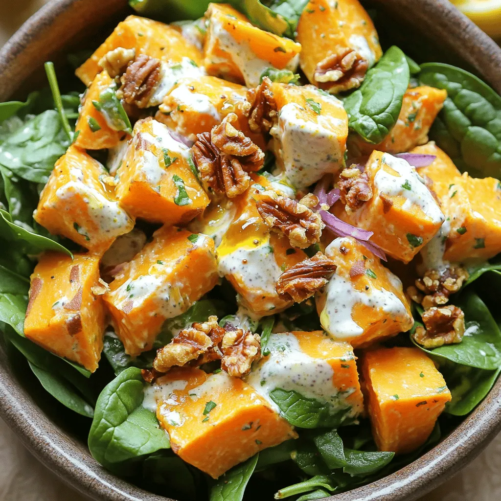 Um diesen cremigen Süßkartoffelsalat zuzubereiten, beginne mit zwei großen Süßkartoffeln. Schäle sie und schneide sie in kleine Würfel. Dann koche die Würfel in einem großen Topf mit Wasser. Lass sie etwa 15 bis 20 Minuten kochen, bis sie weich sind. Achte darauf, dass sie ihre Form behalten.