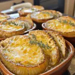 Für die perfekte gebackene französische Zwiebelsuppe benötigst du einige Hauptzutaten. Diese sind: - 4 große Zwiebeln, dünn geschnitten - 3 Esslöffel Butter - 2 Esslöffel Olivenöl - 1 Teelöffel Zucker - 1 Teelöffel Salz - 6 Tassen Gemüsebrühe - 1 Teelöffel Thymian (frisch oder getrocknet) - 1 Lorbeerblatt - 1 Baguette, in dicke Scheiben geschnitten - 250 g geriebener Gruyère-Käse - 100 g geriebener Parmesan-Käse - Pfeffer nach Geschmack