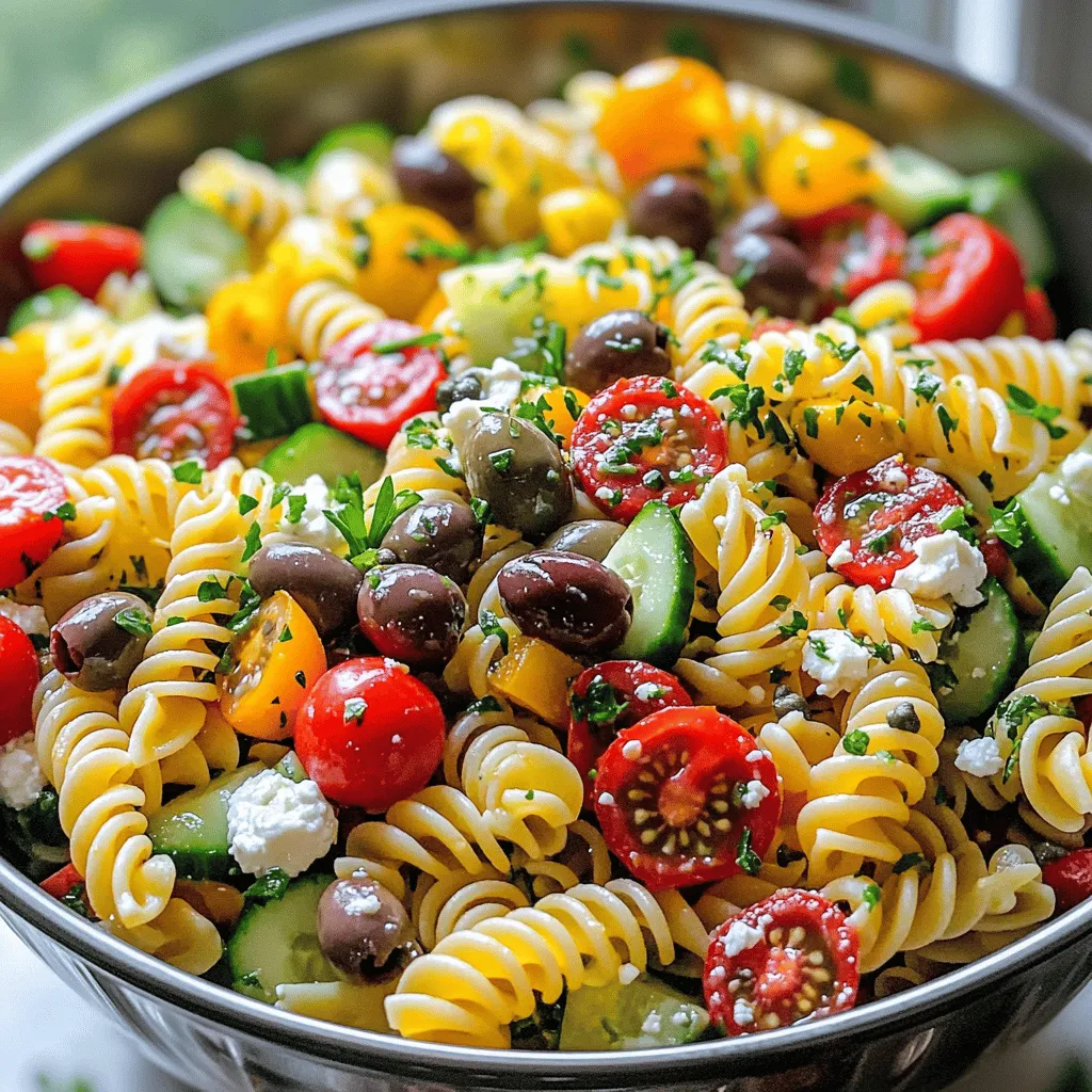 Für einen leckeren mediterranen Pasta-Salat benötigst du: - 230 g Fusilli-Nudeln - 240 ml Kirschtomaten, halbiert - 1 Gurke, gewürfelt - 1 Paprika (rot oder gelb), gehackt - 240 ml Kalamata-Oliven, entsteint und halbiert - 1/2 rote Zwiebel, fein gehackt - 120 g Feta-Käse, zerbröselt - 30 g Kapern, abgetropft - 15 g frische Petersilie, gehackt - 60 ml Olivenöl - 30 ml Zitronensaft - 1 Teelöffel getrockneter Oregano - Salz und Pfeffer nach Geschmack Es gibt einen großen Unterschied zwischen frischen und konservierten Zutaten. Frische Zutaten bringen mehr Geschmack und Nährstoffe. Sie sind oft knackiger und lebendiger. Kirschtomaten, Gurken und Paprika sollten frisch sein. Das sorgt für Farbe und Textur. Konservierte Zutaten wie Oliven und Kapern sind sehr praktisch. Sie haben oft einen starken Geschmack. Wenn du Zeit sparen möchtest, sind sie eine gute Wahl. Die Zutaten in diesem Salat sind nährstoffreich. Nudeln bieten dir Kohlenhydrate für Energie. Gemüse ist voll von Vitaminen und Ballaststoffen. Kirschtomaten sind reich an Antioxidantien. Oliven liefern gesunde Fette. Feta-Käse gibt dir Proteine und Kalzium. Kapern sind kalorienarm und reich an Mineralien. Petersilie hat viele Vitamine und kann die Verdauung fördern. Diese Mischung macht den Salat nicht nur lecker, sondern auch gesund. Für die vollständige Zubereitung schau dir das Rezept an: [Full Recipe]. Koch die Fusilli-Nudeln in einem großen Topf. Nutze sprudelndes, gesalzenes Wasser. Folge der Anleitung auf der Verpackung. Wenn sie al dente sind, gieße sie ab. Spüle die Nudeln mit kaltem Wasser ab. So stoppst du den Garprozess. Lass die Nudeln dann auf Raumtemperatur abkühlen. Nimm eine große Schüssel. Gib die halbierten Kirschtomaten hinein. Füge die gewürfelte Gurke und die gehackte Paprika hinzu. Jetzt kommen die entsteinten Kalamata-Oliven und die fein gehackte rote Zwiebel dazu. Zerbrösele den Feta-Käse und gib ihn ebenfalls in die Schüssel. Vergiss die Kapern und die frische Petersilie nicht. Vermenge alles gut. Nimm eine kleine Schüssel. Gib das Olivenöl hinein und füge den Zitronensaft hinzu. Streue den getrockneten Oregano dazu. Würze das Dressing mit Salz und Pfeffer. Rühre die Mischung gut um. So entsteht ein würziges Dressing. Füge die abgekühlten Nudeln in die große Schüssel mit dem Gemüse und Käse hinzu. Gieße das Dressing darüber. Wende alles vorsichtig um. Achte darauf, dass alle Zutaten gut bedeckt sind. Probiere den Salat und passe die Würze nach deinem Geschmack an. Decke die Schüssel mit Frischhaltefolie ab. Stelle den Pasta-Salat für mindestens 30 Minuten in den Kühlschrank. So können sich die Aromen gut entfalten. Für das vollständige Rezept schau dir bitte [Full Recipe] an. Um den besten Geschmack zu erzielen, verwenden Sie frische Zutaten. Frische Kräuter bringen mehr Aroma. Achten Sie darauf, die Oliven und den Feta gut abzutropfen. So bleibt der Salat nicht wässrig. Bereiten Sie das Dressing in einer kleinen Schüssel vor. Rühren Sie es gut um, damit sich die Aromen verbinden. Gießen Sie das Dressing kurz vor dem Servieren über den Salat. So bleibt alles frisch und knusprig. Ein häufiger Fehler ist, die Nudeln zu lange zu kochen. Sie sollten al dente sein. Spülen Sie die Nudeln nach dem Kochen mit kaltem Wasser ab. Dadurch stoppen Sie den Kochprozess. Ein weiterer Fehler ist, den Salat zu früh zu servieren. Lassen Sie ihn mindestens 30 Minuten im Kühlschrank. So können die Aromen besser einziehen und harmonieren. Die ideale Kühlzeit für Ihren mediterranen Pasta-Salat beträgt mindestens 30 Minuten. Je länger Sie ihn kühlen, desto besser werden die Aromen. Ein bis zwei Stunden sind noch besser, wenn Sie Zeit haben. So vereinen sich die Geschmäcker perfekt. Der Salat wird dadurch erfrischender und aromatischer. Probieren Sie es aus! {{image_4}} Wenn du auf der Suche nach einer vegetarischen Version bist, lass den Feta-Käse einfach weg. Du kannst auch Tofu oder Avocado hinzufügen, um die Cremigkeit zu ersetzen. Für eine vegane Variante nutze pflanzliche Feta-Alternativen aus Nüssen oder Soja. Diese sind lecker und bieten tolle Texturen. Um den Salat proteinreicher zu machen, kannst du Kichererbsen oder weiße Bohnen hinzufügen. Sie passen gut zu den Aromen und bringen mehr Nährstoffe. Auch gegrilltes Hähnchen oder Garnelen sind großartige Optionen. Sie geben deinem Salat einen herzhaften Biss. Nutze das Gemüse der Saison, um frische Aromen zu erzielen. Im Frühling sind Spargel und Erbsen toll. Im Sommer kannst du Zucchini oder Auberginen hinzufügen. Im Herbst sind geröstete Paprika oder Kürbis eine gute Wahl. Achte darauf, die Farben zu variieren. So wird dein Salat nicht nur lecker, sondern sieht auch schön aus. Wenn du mehr über die Zubereitung erfahren möchtest, schau dir das [Full Recipe](#) an. Um den mediterranen Pasta-Salat frisch zu halten, lege ihn in einen luftdichten Behälter. Dies schützt vor Luft und Feuchtigkeit. Stelle den Behälter in den Kühlschrank. So bleiben die Aromen lebendig. Vermeide es, den Salat mit dem Dressing zu mischen, bevor du ihn lagerst. Das Dressing kann die Nudeln aufweichen. Bewahre das Dressing separat auf, bis du bereit bist zu servieren. Der Pasta-Salat hält sich gut im Kühlschrank. Er bleibt für etwa 3 bis 5 Tage frisch. Achte darauf, ihn in einem luftdichten Behälter aufzubewahren. Nach ein paar Tagen können die Aromen intensiver werden. Wenn du ihn länger lagern willst, friere ihn ein. Beachte, dass die Textur der Nudeln beim Auftauen anders sein kann. Reste vom Pasta-Salat sind sehr vielseitig. Du kannst sie als Füllung für Wraps nutzen. Oder mische sie in ein Omelett für ein schnelles Frühstück. Auch als Beilage zu gegrilltem Fleisch oder Fisch ist er perfekt. Sei kreativ! Probiere, die Reste in einer Suppe zu verwenden. Der Geschmack wird die Suppe aufpeppen. Der mediterrane Nudelsalat bleibt frisch für etwa drei bis fünf Tage im Kühlschrank. Achten Sie darauf, ihn in einem luftdichten Behälter zu lagern. So bleibt der Salat knackig. Überprüfen Sie immer den Geruch und die Farbe, bevor Sie ihn essen. Ja, Sie können diesen Nudelsalat im Voraus zubereiten. Er schmeckt sogar besser, wenn er ein paar Stunden oder über Nacht im Kühlschrank zieht. Das gibt den Aromen Zeit, sich zu vermischen. Bereiten Sie die Zutaten ruhig einen Tag vorher vor. Dieser Salat passt toll zu vielen Beilagen. Hier sind einige gute Ideen: - Gegrilltes Hähnchen - Fisch oder Garnelen - Fladenbrot oder Pita - Ein leichter Joghurt-Dip Der traditionelle mediterrane Nudelsalat ist nicht glutenfrei, da er Pasta enthält. Sie können jedoch glutenfreie Pasta verwenden. Achten Sie darauf, dass alle anderen Zutaten ebenfalls glutenfrei sind. So können alle mitessen und genießen. Zusammenfassend haben wir die Zutaten, die Zubereitung und Tipps für den besten mediterranen Nudelsalat besprochen. Es ist wichtig, frische oder konservierte Zutaten zu wählen und die Nährstoffe zu beachten. Achte darauf, häufige Fehler zu vermeiden, um den besten Geschmack zu erreichen. Variiere den Salat nach deinem Geschmack und achte auf die richtige Lagerung. Mit diesen Informationen bereitest du einen köstlichen Nudelsalat zu, der toll schmeckt und lange hält. Genieße jeden Bissen!