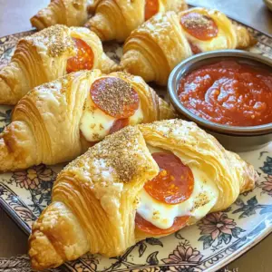 Für diese leckeren Croissant-Rollen benötigst du: - 1 Packung frischer Croissant-Teig (im Kühlregal) - 100 g Pepperoni, in Scheiben geschnitten - 150 g Mozzarella, gerieben oder in dünnen Scheiben - 1/2 Tasse marinara Sauce (zum Dippen) - 1 Teelöffel italienische Gewürzmischung - 1 Ei, zum Bestreichen - Etwas Mehl zum Ausrollen