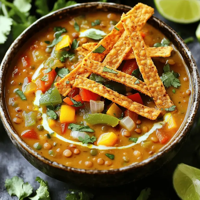 Für diese köstliche Suppe benötigst du: - 1 Tasse grüne oder braune Linsen, gut abgespült - 1 mittelgroße Zwiebel, gewürfelt - 2 Knoblauchzehen, fein gehackt - 1 rote Paprika, gewürfelt - 1 gelbe Paprika, gewürfelt - 1 Dose (400 g) gewürfelte Tomaten - 4 Tassen Gemüsebrühe - 1 Tasse Kokosmilch - 1 Esslöffel Olivenöl Diese Zutaten bilden die Basis für den vollen Geschmack. Die Linsen sind nahrhaft und geben der Suppe eine tolle Textur. Die Paprika und Zwiebel sorgen für Frische und Farbe. Die Gewürze machen die Suppe zu etwas Besonderem. Verwende: - 1 Teelöffel gemahlener Kreuzkümmel - 1 Teelöffel geräucherter Paprika - 1 Teelöffel Chili-Pulver - Salz und Pfeffer nach Geschmack Diese Gewürze geben der Suppe Wärme und Tiefe. Kreuzkümmel bringt Erdtöne, während geräucherter Paprika einen rauchigen Geschmack hinzufügt. Chili-Pulver bringt eine sanfte Schärfe. Um die Suppe zu vervollständigen, garniere sie mit: - Tortillastreifen oder Nachos - Frischem Koriander, gehackt - Limettenschnitzen zum Servieren Die Garnierungen bringen Textur und Frische. Tortillastreifen geben einen tollen Crunch. Der Koriander fügt eine frische Note hinzu, und der Limettensaft bringt etwas Säure, das die Aromen hebt. Für das vollständige Rezept, schaue dir die Full Recipe an. Bevor du mit dem Kochen beginnst, ist es wichtig, alle Zutaten bereit zu haben. Hier ist, was du brauchst: - 1 Tasse grüne oder braune Linsen, gut abgespült - 1 mittelgroße Zwiebel, gewürfelt - 2 Knoblauchzehen, fein gehackt - 1 rote Paprika, gewürfelt - 1 gelbe Paprika, gewürfelt - 1 Dose (400 g) gewürfelte Tomaten - 4 Tassen Gemüsebrühe - 1 Tasse Kokosmilch - 1 Teelöffel gemahlener Kreuzkümmel - 1 Teelöffel geräucherter Paprika - 1 Teelöffel Chili-Pulver - Salz und Pfeffer nach Geschmack - 1 Esslöffel Olivenöl - Tortillastreifen oder Nachos zum Garnieren - Frischer Koriander, gehackt, zum Garnieren - Limettenschnitze zum Servieren Stelle sicher, dass du alles in Reichweite hast. So sparst du Zeit, wenn du die Suppe zubereitest. Das Kochen dieser Suppe ist einfach und macht Spaß. Hier sind die Schritte: 1. Erhitze das Olivenöl in einem großen Topf bei mittlerer Hitze. Gib die Zwiebel hinzu und sauté sie für etwa 5 Minuten, bis sie glasig ist. 2. Füge den Knoblauch, die Paprika, den Kreuzkümmel, die geräucherte Paprika und das Chili-Pulver hinzu. Koche die Mischung 3-4 Minuten, bis die Paprika weich sind. 3. Gib die abgespülten Linsen, die gewürfelten Tomaten (mit dem Saft) und die Gemüsebrühe in den Topf. Bringe alles zum Kochen. 4. Reduziere die Hitze und lasse die Suppe 25-30 Minuten köcheln, bis die Linsen gar sind. 5. Rühre die Kokosmilch ein und würze mit Salz und Pfeffer. Koche weitere 5 Minuten, um die Suppe etwas einzudicken. 6. Püriere optional die Hälfte der Suppe mit einem Stabmixer für mehr Cremigkeit, oder nutze einen Standmixer. Achte dabei auf die heiße Flüssigkeit. 7. Serviere die Suppe heiß, garniert mit Tortillastreifen oder Nachos, frischem Koriander und Limettenschnitzen. Die Kochzeit kann je nach Herd und Topf variieren. Achte darauf: - Überprüfe die Linsen nach 20 Minuten. Sie sollten weich, aber nicht matschig sein. - Wenn du eine dickere Suppe magst, koche sie länger. - Für eine dünnere Suppe füge mehr Gemüsebrühe hinzu. Diese Tipps helfen dir, die perfekte Konsistenz zu erreichen. Du kannst das Rezept auch nach deinem Geschmack anpassen. Wenn du mehr Gemüse möchtest, füge einfach etwas hinzu. Du wirst sehen, wie lecker und nahrhaft diese cremige vegane Linsensuppe ist. Den gesamten Zubereitungsprozess findest du in der Full Recipe. Um die cremige Textur der veganen Linsensuppe zu erzielen, sollten Sie einige einfache Schritte befolgen. Zuerst verwenden Sie Kokosmilch. Sie macht die Suppe reichhaltig und samtig. Dann pürieren Sie die Suppe teilweise mit einem Stabmixer. So bleibt sie stückig, hat aber eine tolle Cremigkeit. Wenn Sie eine noch cremigere Konsistenz möchten, pürieren Sie mehr davon. Ein häufiger Fehler ist, die Linsen zu lange zu kochen. Dies kann dazu führen, dass sie zerfallen. Achten Sie darauf, die Linsen rechtzeitig zu probieren. Ein weiterer Fehler ist, zu wenig Gewürze zu verwenden. Schmecken Sie die Suppe beim Kochen ab und passen Sie die Gewürze nach Ihrem Geschmack an. Zu wenig Salz kann die Aromen dämpfen. Wenn Sie weniger Zeit haben, können Sie die Suppe auch im Schnellkochtopf zubereiten. Kochen Sie die Zutaten unter Druck für etwa 10 Minuten. Für eine rauchige Note können Sie geräucherten Paprika hinzufügen. Eine andere Methode ist das Kochen im Slow Cooker. Geben Sie alle Zutaten in den Slow Cooker und lassen Sie die Suppe 6 bis 8 Stunden köcheln. So ziehen die Aromen gut durch. Für das vollständige Rezept klicken Sie hier: [Full Recipe]. {{image_4}} Um der Suppe mehr Tiefe zu verleihen, kannst du verschiedene Zutaten hinzufügen. Eine gute Wahl sind Karotten oder Sellerie. Diese Gemüsesorten bringen Süße und crunch. Auch eine Handvoll Spinat oder Grünkohl steigert den Nährwert. Probiere auch Limettenblätter für eine frische Note. Wenn du eine noch cremigere Konsistenz willst, tausche die Kokosmilch gegen Cashewcreme aus. Dazu einfach eingeweichte Cashews pürieren. Du kannst auch eine pflanzliche Sahne verwenden, die gut zum Geschmack passt. Das gibt der Suppe einen reichen, vollmundigen Geschmack. Für Schärfe kannst du frische Chilischoten hinzufügen. Einfach fein hacken und zusammen mit dem Gemüse anbraten. Wenn du es milder magst, lasse das Chili-Pulver weg oder reduziere die Menge. Experimentiere mit anderen Gewürzen wie Oregano oder Thymian. Diese Aromen geben der Suppe ein neues Gesicht. Die Variationen sind endlos. Nutze deine Kreativität und passe die Suppe nach deinem Geschmack an. Willst du mehr Ideen? Schau dir das [Full Recipe] an. Um die cremige vegane Linsensuppe gut zu lagern, füllen Sie sie in luftdichte Behälter. Lassen Sie die Suppe zuerst auf Raumtemperatur abkühlen. Decken Sie die Behälter gut ab, um ein Austrocknen zu vermeiden. Im Kühlschrank hält die Suppe etwa 4 bis 5 Tage. Wenn Sie sie länger aufbewahren möchten, ist der Gefrierschrank ideal. In einem gefrorenen Zustand bleibt die Suppe bis zu 3 Monate frisch. Stellen Sie sicher, dass Sie die Suppe in Portionen einfrieren, um die Nutzung zu erleichtern. Beim Erwärmen der Suppe sollten Sie sie langsam erhitzen. Nutzen Sie einen Topf bei mittlerer Hitze. Rühren Sie die Suppe regelmäßig um, damit sie gleichmäßig warm wird. Fügen Sie etwas Wasser oder Gemüsebrühe hinzu, falls die Suppe zu dick wird. So bleibt die Konsistenz cremig und lecker. Für das vollständige Rezept besuchen Sie [Full Recipe]. Die besten Beilagen sind frisches Brot und Nachos. Tortillastreifen passen auch gut dazu. Ein einfacher Salat bringt Frische in die Mahlzeit. Avocado oder Guacamole ergänzt die Suppe perfekt. Ja, du kannst die Linsen im Voraus kochen. Koche sie in Wasser oder Brühe. Lass sie dann abkühlen und bewahre sie im Kühlschrank auf. So sparst du Zeit beim Kochen der Suppe. Eine Portion der Suppe hat etwa 300 Kalorien. Die genaue Anzahl hängt von den Zutaten ab. Verwende weniger Öl oder Kokosmilch, um Kalorien zu sparen. Ja, die Suppe ist glutenfrei. Du verwendest keine Weizenprodukte. Achte darauf, glutenfreie Tortillastreifen zu wählen, wenn du sie servierst. Ja, frische Zutaten sind eine tolle Wahl! Verwende frische Tomaten, Zwiebeln und Paprika. Achte darauf, die Kochzeit entsprechend anzupassen. So bleibt die Suppe frisch und lecker. Die cremige vegane Linsensuppe ist einfach zuzubereiten und lecker. Wir haben die besten Zutaten, Gewürze und Beilagen besprochen. Der Schritt-für-Schritt-Prozess macht das Kochen leicht. Tipps helfen dir, die ideale Konsistenz zu erreichen und häufige Fehler zu vermeiden. Probiere Variationen und passe die Schärfe nach Geschmack an. Mit den Lagerungshinweisen bleibt die Suppe frisch. Bei Fragen findest du klärende Antworten. Diese Suppe bereitet Freude und ist eine gesunde Wahl. Mach sie heute und genieße!