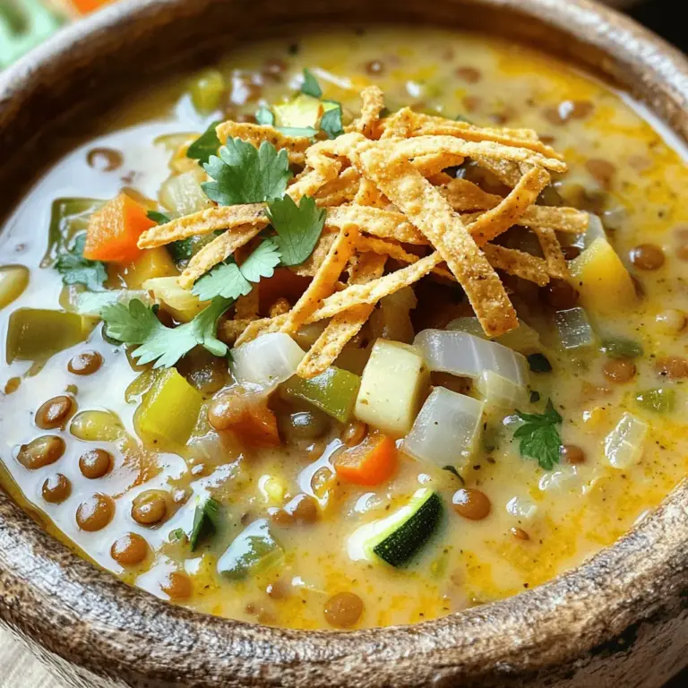 Für die cremige vegane Linsensuppe mit Tortilla brauchst du: - 1 Tasse grüne oder braune Linsen, gut abgespült - 1 mittelgroße Zwiebel, gewürfelt - 2 Knoblauchzehen, fein gehackt - 1 Paprika, gewürfelt (beliebige Farbe) - 1 mittelgroße Zucchini, gehackt - 1 Dose (400 g) gewürfelte Tomaten - 1 Liter Gemüsebrühe - 1 Teelöffel Kreuzkümmel - 1 Teelöffel geräuchertes Paprikapulver - 1 Teelöffel Chilipulver - Salz und Pfeffer nach Geschmack - 1 Tasse Kokosmilch (Vollfett für mehr Cremigkeit) - Tortilla-Streifen oder Chips zur Garnierung - Frischer Koriander zur Garnierung - Avocadoscheiben zum Servieren (optional) Wähle immer frisches Gemüse. Die Zwiebel sollte fest und ohne dunkle Flecken sein. Achte darauf, dass die Paprika knackig und glänzend aussieht. Bei den Linsen sind grüne oder braune am besten. Sie behalten ihre Form gut und geben der Suppe eine schöne Textur. Verwende hochwertige Gemüsebrühe. Sie macht einen großen Unterschied im Geschmack. Kokosmilch in voller Fettstärke sorgt für die beste Cremigkeit. Du kannst auch frische Kräuter wie Koriander verwenden, um mehr Geschmack hinzuzufügen. Wenn du keine Linsen magst, kannst du Kichererbsen oder Bohnen verwenden. Diese geben ebenfalls eine tolle Textur. Anstelle von Kokosmilch kannst du auch Cashewcreme nutzen. Diese ist leicht zuzubereiten und ebenso cremig. Für eine scharfe Note kannst du frische Chilis hinzufügen. Wenn du keine Zucchini hast, nimm einfach Karotten oder Sellerie. Sie bringen ebenfalls viel Geschmack und Farbe in die Suppe. Für weitere Details, besuche das [Full Recipe]. Um die Basis deiner cremigen veganen Linsensuppe zu erstellen, starte mit einem großen Topf. Erhitze einen Spritzer Olivenöl bei mittlerer Hitze. Füge die gewürfelte Zwiebel hinzu und brate sie etwa 5 Minuten an, bis sie glasig ist. Dann gib den gehackten Knoblauch, die gewürfelte Paprika und die gehackte Zucchini dazu. Koche diese Mischung 5-7 Minuten weiter. Das Gemüse soll schön weich werden. Jetzt kommt der spannende Teil! Füge die abgespülten Linsen, die gewürfelten Tomaten mit ihrem Saft und die Gemüsebrühe in den Topf. Streue Kreuzkümmel, geräuchertes Paprikapulver und Chilipulver darüber. Rühre alles gut um und bringe die Mischung zum Kochen. Wenn die Suppe kocht, reduziere die Hitze auf niedrig. Decke den Topf ab und lasse die Suppe 30-35 Minuten lang köcheln. Die Linsen sollten weich sein. Sobald die Linsen gar sind, rühre die Kokosmilch ein. Lass die Suppe weitere 5 Minuten köcheln. Schmecke sie mit Salz und Pfeffer ab. Du kannst die Suppe heiß in Schüsseln servieren, garniert mit Tortilla-Streifen oder Chips, frischem Koriander und optionalen Avocadoscheiben. So entsteht ein farbenfrohes und ansprechendes Gericht. Für das vollständige Rezept und die genauen Mengenangaben, schau dir das [Full Recipe] an. Die Garzeit ist sehr wichtig für die perfekte Linsensuppe. Koche die Suppe bei niedriger Hitze etwa 30 bis 35 Minuten. Die Linsen sollten weich, aber nicht matschig sein. Wenn du die Suppe zu lange kochst, wird sie breiig. Achte darauf, die Linsen gut abzuspülen. So werden sie gleichmäßig gar. Du kannst das Rezept leicht anpassen. Füge mehr Gemüse wie Karotten oder Spinat hinzu. Wenn du es schärfer magst, erhöhe die Menge des Chilipulvers. Möchtest du eine rauchige Note? Nutze mehr geräuchertes Paprikapulver. Ersetze die Kokosmilch durch Mandelmilch, wenn du eine leichtere Suppe magst. Die Garnierung macht die Suppe besonders. Tortilla-Streifen bringen Knusprigkeit. Frischer Koriander gibt einen frischen Geschmack. Möchtest du etwas Cremigkeit? Füge Avocadoscheiben hinzu. Ein Spritzer Limettensaft hebt den Geschmack. Diese kleinen Extras machen die Suppe noch leckerer! Für das volle Rezept, schaue dir die [Full Recipe] an. {{image_4}} Wenn du eine glutenfreie Suppe möchtest, ist das ganz einfach. Die Zutaten in der cremigen veganen Linsensuppe sind von Natur aus glutenfrei. Achte darauf, dass die Tortilla-Streifen oder Chips, die du verwendest, ebenfalls glutenfrei sind. Viele Marken bieten spezielle glutenfreie Tortillas an. So bleibt dein Gericht sicher und lecker. Du kannst die Suppe leicht anpassen, indem du mehr Gemüse hinzufügst. Möhren, Sellerie und Spinat passen hervorragend. Diese Gemüsesorten bringen nicht nur Farbe, sondern auch viele Nährstoffe. Für mehr Protein kannst du gekochte Kichererbsen oder schwarze Bohnen hinzufügen. Sie machen die Suppe sättigender und nahrhafter. Um die Geschmäcker zu variieren, probiere verschiedene Gewürze aus. Zum Beispiel kannst du einen Hauch von Zimt oder etwas Kurkuma hinzufügen. Das gibt der Suppe eine neue Note. Für einen schärferen Geschmack füge mehr Chilipulver oder frische Jalapeños hinzu. Wenn du es mild magst, verwende weniger Gewürze. So hast du eine Suppe, die jedem schmeckt. Für das gesamte Rezept, schau dir die [Full Recipe] an. Bewahre die cremige vegane Linsensuppe in einem luftdichten Behälter auf. Stelle sicher, dass die Suppe abgekühlt ist, bevor du sie in den Kühlschrank stellst. So bleibt sie frisch und schmackhaft. Du kannst die Suppe bis zu fünf Tage lagern. Achte darauf, die Suppe vor dem Servieren gut umzurühren. Um die Suppe einzufrieren, fülle sie in gefriergeeignete Behälter. Lasse dabei etwas Platz, da die Suppe beim Einfrieren expandiert. Die Suppe hält sich bis zu drei Monate im Gefrierfach. Wenn du sie auftauen möchtest, lege sie über Nacht in den Kühlschrank. So bleibt der Geschmack frisch. Erhitze die Suppe langsam auf dem Herd oder in der Mikrowelle. Wenn die Suppe zu dick geworden ist, füge einfach etwas Gemüsebrühe oder Wasser hinzu. Rühre gut um, damit die Konsistenz gleichmäßig bleibt. Serviere die Suppe warm mit frischen Garnierungen. Für das vollständige Rezept schaue dir die [Full Recipe] an. Um die Suppe noch cremiger zu machen, füge mehr Kokosmilch hinzu. Vollfette Kokosmilch sorgt für eine reichhaltige Textur. Du kannst auch pürierte Avocado oder einen Schuss Cashewcreme verwenden. Diese Zutaten bringen eine extra Cremigkeit und einen feinen Geschmack. Ein weiterer Trick ist, einige Linsen vor dem Servieren zu pürieren. Das gibt der Suppe eine samtige Konsistenz. Ja, diese Suppe ist perfekt für Meal Prep. Sie bleibt im Kühlschrank bis zu fünf Tage frisch. Packe sie in luftdichte Behälter für die beste Haltbarkeit. Du kannst die Portionen auch einfrieren. So hast du eine nahrhafte Mahlzeit für hektische Tage. Achte darauf, die Suppe vor dem Essen gut aufzuwärmen. Zu dieser Suppe passen viele Beilagen gut. Tortilla-Streifen oder Chips bringen den perfekten Crunch. Ein frischer Salat mit Limette passt ebenfalls gut dazu. Auch ein Stück knuspriges Brot ist eine tolle Wahl. Avocado-Scheiben als Topping geben der Suppe zusätzlichen Geschmack und eine schöne Farbe. Diese Anleitung hat dir gezeigt, wie du eine leckere Suppe machst. Wir haben Zutaten, Zubereitung und Tipps behandelt. Denk daran, deine Zutaten sorgfältig auszuwählen und zu variieren. Die Gerichte bleiben frisch und lecker, wenn du sie richtig lagerst. Mit den Infos aus der FAQ bist du bestens gerüstet. Experimentiere mit neuen Aromen und Garnierungen. So findest du immer neue Favoriten. Jetzt liegt es an dir, die Suppe zuzubereiten! Viel Spaß dabei!