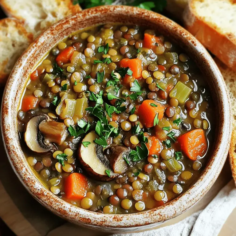 Hier sind die Zutaten für den herzhaften veganen Linsen-Pilz-Eintopf: - 1 Tasse grüne oder braune Linsen, gründlich gewaschen - 2 Esslöffel Olivenöl - 1 mittelgroße Zwiebel, gewürfelt - 3 Knoblauchzehen, fein gehackt - 2 mittelgroße Karotten, gewürfelt - 2 Stangen Sellerie, gewürfelt - 240 g Champignons oder Cremini-Pilze, in Scheiben geschnitten - 1 Dose (400 g) gewürfelte Tomaten - 1 Liter Gemüsebrühe - 1 Teelöffel geräuchertes Paprika-Pulver - 1 Teelöffel getrockneter Thymian - 1 Teelöffel getrockneter Oregano - 1 Lorbeerblatt - Salz und Pfeffer nach Geschmack - 2 Tassen frischer Spinat - Frische Petersilie, gehackt, zum Garnieren Wenn Sie eine Zutat nicht haben, können Sie ersetzen: - Verwenden Sie rote Linsen, wenn Sie keine grünen oder braunen Linsen haben. - Statt Olivenöl können Sie auch Kokosöl nehmen. - Für mehr Geschmack können Sie Schalotten anstelle von Zwiebeln verwenden. - Nehmen Sie gefrorene Erbsen anstelle von frischem Spinat für eine einfache Option. Wählen Sie frische Zutaten für den besten Geschmack. Suchen Sie nach: - Linsen, die keine braunen Flecken haben. Sie sollten klar und prall sein. - Gemüse, das fest und knackig aussieht. Vermeiden Sie welke oder braune Teile. - Pilze, die fest und trocken sind. Achten Sie darauf, dass sie keinen Schleim haben. Diese Auswahl sorgt für einen köstlichen Eintopf. Wenn Sie die besten Zutaten verwenden, schmeckt Ihr Gericht noch besser. Für das vollständige Rezept schauen Sie hier: [Full Recipe]. Um den herzhaften veganen Linsen-Pilz-Eintopf zu machen, folge diesen Schritten: 1. Öl erhitzen: Erhitze das Olivenöl in einem großen Topf bei mittlerer Hitze. 2. Zwiebel dünsten: Füge die gewürfelte Zwiebel hinzu. Dünste sie etwa 5 Minuten, bis sie weich wird. 3. Knoblauch hinzufügen: Rühre den gehackten Knoblauch ein. Brate ihn für eine weitere Minute an. 4. Gemüse hinzufügen: Gib die gewürfelten Karotten und Sellerie in den Topf. Dünste das Gemüse für 5 Minuten. 5. Pilze braten: Füge die geschnittenen Pilze hinzu. Lasse sie 5-7 Minuten kochen, bis sie bräunen. 6. Linsen und Brühe: Gebe die gewaschenen Linsen und die gewürfelten Tomaten dazu. Füge die Gemüsebrühe, das Paprika-Pulver, Thymian, Oregano und das Lorbeerblatt hinzu. 7. Kochen: Rühre alles gut um. Bringe die Mischung zum Kochen. 8. Hitze reduzieren: Reduziere die Hitze auf niedrig und decke den Topf ab. Lasse den Eintopf 30-35 Minuten köcheln. 9. Spinat einrühren: Entferne das Lorbeerblatt. Rühre den frischen Spinat unter und koche ihn 5 Minuten lang. 10. Abschmecken: Schmecke den Eintopf mit Salz und Pfeffer ab. 11. Servieren: Genieße den Eintopf heiß, garniert mit frischer Petersilie. Um den Eintopf perfekt zu machen, beachte diese Kochtechniken: - Dünsten: Dünsten hilft, die Aromen zu entfalten. Achte darauf, dass das Gemüse weich wird, ohne zu verbrennen. - Rühren: Rühre regelmäßig, damit nichts am Boden kleben bleibt. Das sorgt für gleichmäßiges Garen. - Abdecken: Das Abdecken des Topfes während des Köchelns hilft, die Hitze zu halten. So kochen die Linsen gleichmäßig. Hier sind einige wichtige Tipps zu Timing und Temperatur: - Hitze: Beginne mit mittlerer Hitze. Reduziere sie dann auf niedrig, um ein langsames Köcheln zu erreichen. - Gesamtzeit: Die gesamte Kochzeit beträgt etwa 55 Minuten. Plane etwas Zeit für die Vorbereitung ein. - Linsen zubereiten: Linsen brauchen etwa 30-35 Minuten, um weich zu werden. Überprüfe sie regelmäßig. Wenn du diese Schritte und Techniken befolgst, wird dein Eintopf köstlich und nahrhaft. Du findest die vollständige Anleitung im [Full Recipe]. Ein häufiger Fehler ist, die Linsen nicht gut zu waschen. Ungewaschene Linsen können Schmutz und kleine Steine enthalten. Achte darauf, sie gründlich zu spülen. Ein weiterer Fehler ist, den Eintopf zu früh zu würzen. Salz und Pfeffer können die Linsen hart machen, wenn man sie zu früh hinzufügt. Warte bis zum Ende, um den Geschmack optimal zu entwickeln. Um mehr Geschmack hinzuzufügen, kannst du verschiedene Kräuter verwenden. Frische Kräuter wie Basilikum oder Koriander geben eine neue Note. Auch ein Spritzer Zitronensaft am Ende kann die Aromen aufhellen. Für mehr Tiefe kannst du zusätzlich einen Schuss Sojasauce oder Tamari einrühren. Das bringt Umami und einen herzhaften Geschmack. Für eine glutenfreie Variante achte darauf, glutenfreie Gemüsebrühe zu verwenden. Der Eintopf ist von Natur aus glutenfrei, also keine Sorge. Wenn du eine low-carb Diät machst, kannst du die Linsen durch Zucchini oder Blumenkohl ersetzen. So bleibt der Geschmack toll, aber die Kohlenhydrate sinken. Du kannst auch mehr Gemüse hinzufügen, um die Füllung zu erhöhen. Für das vollständige Rezept, schau dir den Abschnitt „Full Recipe“ an. {{image_4}} Um deinen Linsen-Pilz-Eintopf etwas schärfer zu machen, füge einige rote Chiliflocken hinzu. Das bringt nicht nur Wärme, sondern auch tollen Geschmack. Du kannst auch frische Jalapeños oder Serrano-Paprika verwenden. Diese scharfen Zutaten passen gut zu den Erbsen und machen das Gericht lebendig. Ein Spritzer Limettensaft am Ende verstärkt den Geschmack und bringt Frische. Für eine vegetarische Variante kannst du die Linsen durch Kichererbsen ersetzen. Diese Hülsenfrüchte sind reich an Eiweiß und geben dem Eintopf eine andere Textur. Du kannst auch zusätzliche Gemüsesorten wie Zucchini oder Paprika hinzufügen, um mehr Farben und Nährstoffe zu integrieren. Die Kombination aus verschiedenen Gemüse sorgt für interessante Geschmäcker. Je nach Saison kannst du die Zutaten anpassen. Im Frühling bieten sich frische Erbsen und Spargel an. Im Herbst probiere Kürbis oder Süßkartoffeln. Diese Gemüse verleihen deinem Eintopf eine süße Note und machen ihn herzhaft. Achte darauf, die Kochzeit anzupassen. Zartes Gemüse braucht weniger Zeit, um zu garen. Indem du saisonale Produkte verwendest, bleibst du frisch und nachhaltig. Für das vollständige Rezept schaue dir die [Full Recipe] an. Um Ihren herzhaften veganen Linsen-Pilz-Eintopf frisch zu halten, lagern Sie ihn in einem luftdichten Behälter. Stellen Sie sicher, dass der Eintopf vollständig abgekühlt ist, bevor Sie ihn einpacken. So verhindern Sie, dass sich Kondenswasser bildet. Lagern Sie den Behälter im Kühlschrank oder Gefrierfach. Im Kühlschrank hält der Eintopf etwa 4 bis 5 Tage. Achten Sie darauf, ihn in den ersten zwei Tagen zu essen, um den besten Geschmack zu genießen. Im Gefrierfach bleibt der Eintopf bis zu 3 Monate frisch. Verpacken Sie ihn gut, um Gefrierbrand zu vermeiden. Zum Wiedererwärmen können Sie die Mikrowelle oder den Herd nutzen. Bei der Mikrowelle stellen Sie die Leistung auf mittlere Stufe. Erhitzen Sie den Eintopf in kurzen Abständen von 1 bis 2 Minuten. Rühren Sie gut um, damit er gleichmäßig warm wird. Wenn Sie den Eintopf auf dem Herd aufwärmen, geben Sie ihn in einen Topf. Fügen Sie einen Schuss Gemüsebrühe oder Wasser hinzu, um eine cremige Konsistenz zu erhalten. Erhitzen Sie ihn bei mittlerer Hitze und rühren Sie regelmäßig um. Genießen Sie Ihren Eintopf immer heiß und frisch! Um den Eintopf dicker zu machen, gibt es verschiedene Möglichkeiten. Sie können die Linsen länger kochen, bis sie zerfallen. Eine andere Methode ist, etwas mehr Gemüsebrühe zu reduzieren. Auch das Hinzufügen von pürierten Bohnen hilft, die Konsistenz zu ändern. Eine weitere Option ist, ein paar Esslöffel von der Mischung in einen Mixer zu geben. Pürieren Sie diesen Teil und rühren Sie ihn dann zurück in den Eintopf. So wird er schön cremig. Ja, Sie können andere Hülsenfrüchte in diesem Eintopf verwenden. Kichererbsen oder schwarze Bohnen sind gute Alternativen. Achten Sie darauf, die Kochzeit anzupassen. Einige Hülsenfrüchte müssen länger gekocht werden, während andere schneller gar sind. Wenn Sie Linsen ersetzen, wählen Sie welche, die schnell garen, wie rote Linsen. Diese müssen nur 15 bis 20 Minuten gekocht werden. Ja, dieser Eintopf eignet sich hervorragend für Meal Prep. Sie können ihn in großen Mengen zubereiten und in Portionen aufteilen. Lassen Sie den Eintopf nach dem Kochen abkühlen. Füllen Sie ihn dann in luftdichte Behälter. So bleibt er frisch für bis zu fünf Tage im Kühlschrank. Sie können ihn auch einfrieren. So haben Sie immer eine gesunde Mahlzeit zur Hand. Erwärmen Sie ihn einfach im Topf oder in der Mikrowelle, wenn Sie ihn essen wollen. Dieser Blogbeitrag hat dir gezeigt, wie du einen leckeren Eintopf zubereitest. Wir haben die besten Zutaten, Kochtechniken und häufige Fehler besprochen. Du hast auch gelernt, wie du den Eintopf variieren und aufbewahren kannst. Denke daran, deinen Eintopf an deinen Geschmack und deine Diät anzupassen. Mit diesen Tipps kannst du immer wieder neue Variationen ausprobieren. Viel Spaß beim Kochen und Genießen!