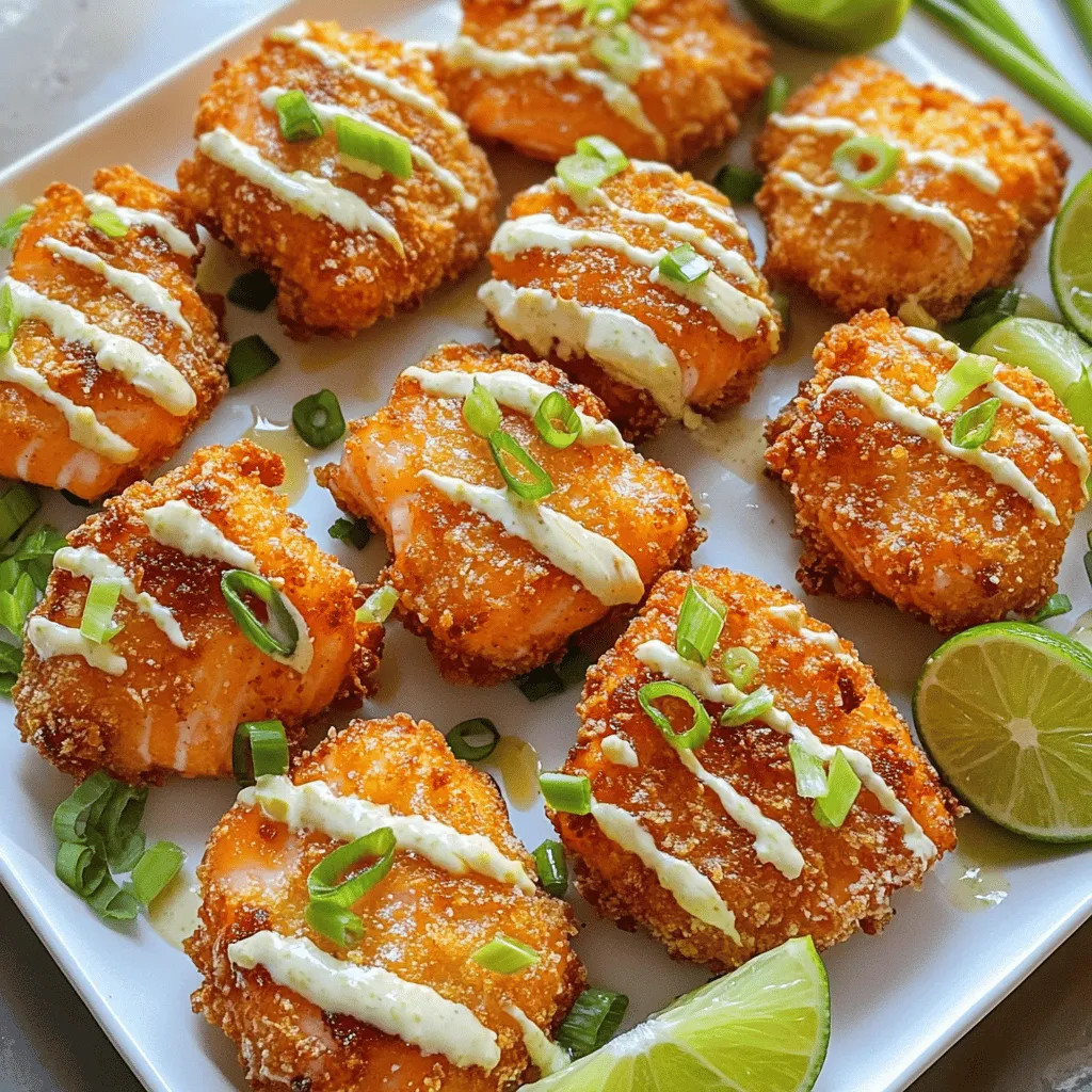 Für die knusprigen Lachs Häppchen benötigst du: - 450 g frisches Lachsfilet, ohne Haut und in mundgerechte Stücke geschnitten - 240 ml Panko-Semmelbrösel - 125 g Weizenmehl - 2 große Eier, verquirlt - 1 Teelöffel Knoblauchpulver - 1 Teelöffel Paprika - Salz und Pfeffer nach Geschmack - Pflanzenöl zum Frittieren Diese Zutaten sorgen für einen tollen Geschmack und eine perfekte Textur. Die Bang Bang Sauce ist einfach und lecker. Du brauchst: - 60 ml Mayonnaise - 30 g süße Chilisauce - 15 g Sriracha (nach Geschmack anpassen) - 5 ml Limettensaft - 1 Frühlingszwiebel, fein geschnitten (zur Garnierung) Die Sauce bringt einen tollen Kick und passt perfekt zu den Häppchen. Wenn du nicht alle Zutaten hast, gibt es Alternativen: - Statt Lachs kannst du auch Hähnchen oder Tofu verwenden. - Für die Panko-Semmelbrösel kannst du normale Semmelbrösel nutzen. - Limettensaft kann durch Zitronensaft ersetzt werden. - Wenn du keine Sriracha hast, nimm einfach eine andere scharfe Sauce. Diese Alternativen helfen dir, das Rezept nach deinem Geschmack anzupassen. Du findest die vollständige Anleitung in der [Full Recipe]. Zuerst nimmst du das frische Lachsfilet. Schneide es in mundgerechte Stücke. Tupfe die Stücke mit einem Papiertuch trocken. Dies hilft der Panade, besser zu haften. So wird jeder Biss knusprig und lecker. In einer flachen Schüssel mischst du das Weizenmehl mit Knoblauchpulver, Paprika, Salz und Pfeffer. Nimm eine andere Schüssel und schlage die Eier auf. In einer dritten Schüssel füllst du die Panko-Semmelbrösel. Nimm jetzt ein Lachsstück. Wälze es zuerst im Mehl, dann tauche es ins Ei. Rolle es schließlich in den Panko-Semmelbröseln, bis es gut bedeckt ist. Dieser Schritt sorgt für den perfekten Crunch! Erhitze etwa 2,5 cm Pflanzenöl in einer tiefen Pfanne. Die Hitze sollte mittel bis hoch sein. Um zu testen, ob das Öl heiß genug ist, lasse ein kleines Stück Brot hinein. Es sollte zischen. Lege vorsichtig die Lachshäppchen in das heiße Öl. Frittiere sie in Chargen, damit sie nicht aneinanderkleben. Brate sie für etwa 3-4 Minuten auf jeder Seite. Sie sollten goldbraun und knusprig sein. Nach dem Frittieren leg die Häppchen auf einen Teller mit Papiertüchern, damit das überschüssige Öl abtropft. Für die Bang Bang Sauce, mische die Mayonnaise, süße Chilisauce, Sriracha und Limettensaft in einer Schüssel. Diese Sauce bringt einen tollen Kick! Serviere die knusprigen Lachshäppchen warm, entweder mit Sauce darüber oder zum Dippen. So einfach sind die Crispy Bang Bang Salmon Bites zuzubereiten! Für die perfekte Panade ist die Vorarbeit wichtig. Tupfe die Lachsstücke mit einem Papiertuch trocken. So haftet die Panade besser. Verwende frische Panko-Semmelbrösel. Sie geben einen tollen Crunch. Achte darauf, die Lachsstücke zuerst in Mehl zu wälzen. Dies hilft, das Ei besser zu binden. Die Mischung aus Knoblauchpulver und Paprika bringt Geschmack in die Panade. Experimentiere mit Gewürzen, um deinen eigenen Twist zu finden. Um die Häppchen knusprig zu halten, achte auf die Öltemperatur. Das Öl sollte heiß sein, aber nicht rauchen. Ein kleiner Brotstück-Test hilft, die richtige Temperatur zu prüfen. Frittiere die Häppchen in kleinen Mengen. Überfülle die Pfanne nicht, damit die Temperatur stabil bleibt. Lege die fertigen Häppchen auf Papiertücher, um überschüssiges Öl zu entfernen. So bleiben sie knusprig und lecker. Wähle eine tiefe Pfanne für das Frittieren. Dies sorgt für gleichmäßige Hitze. Verwende Pflanzenöl, das hoch erhitzbar ist, wie Sonnenblumenöl oder Erdnussöl. Erhitze etwa 2,5 cm Öl. Frittiere die Häppchen bei mittlerer bis hoher Hitze. Dies gibt einen goldbraunen Farbton in nur 3-4 Minuten. Achte darauf, die Häppchen regelmäßig zu wenden. So werden sie gleichmäßig knusprig. Für eine leichte Variation, probiere die Zubereitung im Ofen mit der richtigen Technik. Sie können genauso lecker sein! Für das komplette Rezept und weitere Details, schaue dir die [Full Recipe] an. {{image_4}} Möchtest du die Häppchen gesünder zubereiten? Du kannst die Lachs Häppchen auch im Ofen backen! Heize den Ofen auf 200 Grad Celsius vor. Bereite die Lachsstücke wie im Rezept vor. Lege sie auf ein mit Backpapier ausgelegtes Blech. Sprühe etwas Öl auf die Häppchen. Backe sie für 15 bis 20 Minuten, bis sie goldbraun sind. Diese Methode ist einfach und benötigt weniger Öl. Für eine vegane Variante kannst du den Lachs durch Tofu oder Blumenkohl ersetzen. Diese Zutaten nehmen die Aromen toll auf. Anstelle von Eiern kannst du Leinsamen mit Wasser mischen. Verwende 1 Esslöffel Leinsamen und 3 Esslöffel Wasser pro Stück. Lass die Mischung 5 Minuten quellen. Das funktioniert gut als Bindemittel. Für die Panade nutze auch hier Panko-Semmelbrösel. Sie sorgen für den gleichen Crunch! Die Bang Bang Sauce ist lecker, aber du kannst auch andere Dips ausprobieren! Ein einfacher Joghurt-Dip mit etwas Dill und Zitronensaft passt gut. Auch eine süß-saure Sauce ist eine tolle Wahl. Oder probiere einen scharfen Sriracha-Dip für mehr Kick. Experimentiere mit verschiedenen Geschmackskombinationen. Jeder Dip bringt eine neue Note zu den knusprigen Lachs Häppchen. Sie machen das Essen noch spannender! Um die knusprigen Bang Bang Lachs Häppchen frisch zu halten, lege sie in einen luftdichten Behälter. Stelle sicher, dass die Häppchen vollständig erkaltet sind, bevor du sie lagerst. Dies verhindert, dass sie matschig werden. Du kannst sie auch mit Backpapier trennen, damit sie nicht aneinanderkleben. Wenn du die Reste aufwärmen möchtest, empfehle ich, den Ofen zu nutzen. Heize ihn auf 180 Grad Celsius vor. Lege die Häppchen auf ein Backblech und backe sie etwa 8 bis 10 Minuten. So werden sie wieder knusprig. Die Mikrowelle ist nicht ideal, da sie die Häppchen weich macht. Die Lachs Häppchen halten sich im Kühlschrank bis zu drei Tage. In der Gefriertruhe bleiben sie bis zu drei Monate frisch. Achte darauf, sie gut einzupacken, um Gefrierbrand zu vermeiden. Wenn du sie wieder auftauen möchtest, lasse sie einfach über Nacht im Kühlschrank. Die Crispy Bang Bang Salmon Bites bleiben frisch, wenn du sie richtig lagerst. Im Kühlschrank halten sie etwa 2 bis 3 Tage. Packe sie in einen luftdichten Behälter, um die Frische zu bewahren. Wenn du sie länger aufbewahren möchtest, friere sie ein. Im Gefrierfach bleiben sie bis zu 2 Monate gut. Achte darauf, sie vorher gut einzupacken, um Frostbrand zu vermeiden. Ja, du kannst die Bang Bang Sauce im Voraus machen. Sie schmeckt sogar besser, wenn sie etwas durchzieht! Mische einfach alle Zutaten in einer Schüssel und stelle die Sauce in den Kühlschrank. So kannst du die Sauce bis zu 3 Tage im Voraus zubereiten. Rühre sie vor dem Servieren gut durch. Wenn du es schärfer magst, füge etwas mehr Sriracha hinzu. Wenn du keinen Lachs magst oder eine Alternative suchst, gibt es viele Optionen. Du kannst Hähnchenbrust oder Garnelen verwenden. Beide sind köstlich und passen gut zur Bang Bang Sauce. Achte darauf, die Garzeit anzupassen. Hähnchen benötigt etwa 5-7 Minuten pro Seite, während Garnelen nur 2-3 Minuten brauchen. So erhältst du trotzdem knusprige und leckere Häppchen. Um die perfekten Lachs Häppchen zuzubereiten, brauchst du die richtigen Zutaten und eine klare Anleitung. Wir haben die Hauptzutaten und die Bang Bang Sauce besprochen. Der Schritt-für-Schritt-Prozess hilft dir, die Häppchen knusprig zu frittieren. Tipps für die perfekte Panade sichern den Genuss. Du kannst auch gesunde Variationen ausprobieren. Denk daran, die Reste richtig zu lagern. So bleiben die Häppchen frisch. Ob als Snack oder Hauptgericht, diese Häppchen sind ein Genuss. Viel Spaß beim Kochen und Genießen!