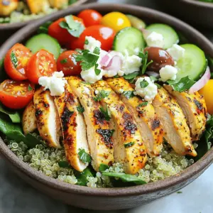 - H&auml;hnchenbrustfilets: Diese St&uuml;cke sind zart und reich an Geschmack. Sie sind die Hauptquelle f&uuml;r Protein in deiner Bowl. - Quinoa: Quinoa ist eine gro&szlig;artige Basis. Sie ist gesund und hat einen nussigen Geschmack. - Gem&uuml;se und Salate: Verwende frische Kirschtomaten, Gurken, rote Zwiebel und Babyspinat. Diese Zutaten bringen Farbe und Frische. - Oregano, Knoblauchpulver, Paprika: Diese Gew&uuml;rze verleihen dem H&auml;hnchen einen griechischen Flair. Oregano ist besonders wichtig. - Oliven&ouml;l und Salz/Pfeffer: Oliven&ouml;l sorgt f&uuml;r Saftigkeit. Salz und Pfeffer bringen den Geschmack zur Geltung. - Feta-K&auml;se: Dieser K&auml;se ist cremig und salzig. Er passt perfekt zu deiner Bowl. - Kalamata-Oliven: Diese Oliven sind herzhaft und geben einen tollen Geschmack. Sie f&uuml;gen auch einen sch&ouml;nen Farbkontrast hinzu. - Frische Petersilie: Petersilie bringt Frische. Sie sieht auch gut aus auf der Bowl. Das ist die Liste der Zutaten f&uuml;r die griechischen Chicken Bowls. Du kannst die vollst&auml;ndige Zubereitung mit dem [Full Recipe] finden. Heize deinen Grill oder die Grillpfanne auf mittelhohe Temperatur vor. Das sorgt f&uuml;r eine gleichm&auml;&szlig;ige Hitze. Bereite die Marinade in einer kleinen Sch&uuml;ssel vor. Mische getrockneten Oregano, Knoblauchpulver, Paprika, Salz, Pfeffer und Oliven&ouml;l gut zusammen. Diese Marinade bringt viel Geschmack ins H&auml;hnchen. Nimm die H&auml;hnchenbrustfilets und bestreiche sie gleichm&auml;&szlig;ig mit der Marinade. Lass das H&auml;hnchen ein paar Minuten ziehen, damit die Aromen einziehen. Lege die H&auml;hnchenbrustfilets auf den Grill. Grill die St&uuml;cke f&uuml;r etwa 6-7 Minuten auf jeder Seite. Achte darauf, dass die S&auml;fte klar austreten, wenn sie fertig sind. Nimm das H&auml;hnchen vom Grill und lass es 5 Minuten ruhen. Dann schneide es in Scheiben. In einer gro&szlig;en Sch&uuml;ssel kombinierst du die gekochte Quinoa, Kirschtomaten, Gurke, rote Zwiebel und Babyspinat. Mische alles mit Zitronensaft und einer Prise Salz gut durch. Jetzt kommt der spa&szlig;ige Teil: Richte die Quinoasalat-Mischung gleichm&auml;&szlig;ig in 2-4 Schalen an. Garniere die Bowls mit den geschnittenen H&auml;hnchenst&uuml;cken, zerbr&ouml;ckeltem Feta und Kalamata-Oliven. Streue frische Petersilie &uuml;ber die Bowls f&uuml;r einen tollen Farb- und Geschmacksakzent. F&uuml;r das vollst&auml;ndige Rezept schau dir die gesamte Anleitung an: [Full Recipe]. - Marinierzeit und Temperatur: Marinieren Sie die H&auml;hnchenbrust mindestens 30 Minuten. Das gibt dem Fleisch Zeit, die Aromen aufzunehmen. Grillen Sie bei mittelhoher Temperatur. Dies sorgt daf&uuml;r, dass das H&auml;hnchen gleichm&auml;&szlig;ig gart. - Erkennung des Gargrads: Um zu wissen, ob das H&auml;hnchen fertig ist, schneiden Sie es leicht ein. Der Saft sollte klar sein und nicht rosa. Eine Innentemperatur von 75 Grad Celsius zeigt auch, dass es gar ist. - Tipps f&uuml;r die Zubereitung von Quinoa: Sp&uuml;len Sie die Quinoa vor dem Kochen gut ab. Das entfernt Bitterstoffe. Verwenden Sie das Verh&auml;ltnis von 1:2, also eine Tasse Quinoa und zwei Tassen Wasser. Kochen Sie es 15 Minuten lang und lassen Sie es dann abgedeckt ruhen. - Aromatisierungsmethoden: F&uuml;gen Sie beim Kochen Br&uuml;he oder etwas Zitronensaft hinzu, um den Geschmack zu verbessern. Auch frische Kr&auml;uter wie Petersilie oder Thymian passen gut dazu. - Wie man die Bowls ansprechend dekoriert: Beginnen Sie mit der Quinoa als Basis. Stellen Sie sicher, dass die Farben der Zutaten gut sichtbar sind. Ordnen Sie das H&auml;hnchen und das Gem&uuml;se in sch&ouml;nen Mustern an. - Weitere Garniturideen: F&uuml;gen Sie Avocado-Scheiben oder ger&ouml;stete N&uuml;sse hinzu f&uuml;r einen Extra-Kick. Auch ein Spritzer Oliven&ouml;l oder etwas Balsamico-Essig kann den Geschmack heben. {{image_4}} F&uuml;r eine fleischfreie Option kannst du Tofu oder Kichererbsen verwenden. Beide bieten eine gute Textur und nehmen die Aromen der Marinade gut auf. Wenn du Tofu nutzt, schneide ihn in W&uuml;rfel und mariniere ihn wie das H&auml;hnchen. Bei Kichererbsen kannst du sie direkt in die Quinoasalat-Mischung geben. Die Marinade bleibt &auml;hnlich, aber du kannst den Oregano mit etwas Kreuzk&uuml;mmel ersetzen. Das gibt einen anderen, aber leckeren Geschmack. Experimentiere mit verschiedenen Kr&auml;utern, um deine perfekte Mischung zu finden. Du kannst verschiedene Gem&uuml;sevariationen hinzuf&uuml;gen, um mehr Geschmack und Textur zu erhalten. Probiere Paprika, Zucchini oder sogar Artischocken. Diese Gem&uuml;se passen gut zu den anderen Zutaten. Zus&auml;tzlich kannst du andere K&auml;sesorten verwenden, wie zum Beispiel Ziegenk&auml;se oder Ricotta. Diese K&auml;se bringen neue Aromen in die Bowl. Denke daran, die Mengen anzupassen, damit alles gut zusammenpasst. Um eine kalte Bowl zuzubereiten, lasse die Zutaten nach dem Kochen abk&uuml;hlen. Mische die Quinoa und das Gem&uuml;se gut und stelle die Bowl dann f&uuml;r mindestens eine Stunde in den K&uuml;hlschrank. F&uuml;r Dressings kannst du Joghurt mit Zitronensaft und frischen Kr&auml;utern mischen. Das gibt der Bowl einen frischen, cremigen Geschmack. Du kannst auch ein einfaches Oliven&ouml;l-Balsamico-Dressing verwenden. Um die Reste Ihrer griechischen Chicken Bowls frisch zu halten, achten Sie auf die richtige Lagerung: - K&uuml;hlschranklagerung: Stellen Sie sicher, dass die Bowls in einem luftdichten Beh&auml;lter sind. Lagern Sie sie im K&uuml;hlschrank. So bleiben die Zutaten frisch und lecker. Ideal ist eine Lagerzeit von bis zu drei Tagen. - Einfrieren der Bowls: Wenn Sie mehr Reste haben, k&ouml;nnen Sie die Bowls einfrieren. Verwenden Sie gefrierfreundliche Beh&auml;lter oder Beutel. Achten Sie darauf, die Luft herauszudr&uuml;cken, um Gefrierbrand zu vermeiden. Diese eingefrorenen Bowls halten sich bis zu drei Monate. Denken Sie an die Haltbarkeit Ihrer Zutaten, um die beste Qualit&auml;t zu erhalten: - Tipps zur Haltbarkeit der Zutaten: Frisches Gem&uuml;se wie Gurken und Tomaten halten sich im K&uuml;hlschrank etwa drei bis f&uuml;nf Tage. Feta-K&auml;se kann bis zu eine Woche frisch bleiben, solange er gut verpackt ist. Achten Sie auf Ver&auml;nderungen in der Farbe oder im Geruch. - Gebrauchshinweise f&uuml;r &uuml;brig gebliebene Zutaten: Wenn Sie von den Bowls noch Zutaten &uuml;brig haben, nutzen Sie diese schnell. Zum Beispiel k&ouml;nnen Sie &uuml;brig gebliebenes H&auml;hnchen in einem Salat oder Sandwich verwenden. Quinoa kann als Beilage zu anderen Gerichten dienen. Die H&auml;hnchen-Bowls lassen sich gut im K&uuml;hlschrank lagern. Sie bleiben frisch f&uuml;r etwa 3 bis 4 Tage. Verwende daf&uuml;r einen luftdichten Beh&auml;lter. Achte darauf, die Bowls nicht zu lange stehen zu lassen, damit die Zutaten ihre Frische behalten. Um die Haltbarkeit zu verl&auml;ngern, kannst du das H&auml;hnchen und die Quinoa getrennt aufbewahren. So bleibt alles l&auml;nger frisch. Du kannst auch die frischen Zutaten, wie Gem&uuml;se und Salat, erst kurz vor dem Servieren hinzuf&uuml;gen. Ja, du kannst die Bowls im Voraus zubereiten. Das spart Zeit an einem hektischen Tag. Bereite alles vor, au&szlig;er dem Dressing und den frischen Zutaten. Dies hilft, die Knackigkeit der Salate zu bewahren. Bewahre die vorbereiteten Zutaten in separaten Beh&auml;ltern auf. So kannst du sie nach Belieben zusammenstellen. Achte darauf, dass die Bowls gut abgedeckt sind, um den Geschmack zu sch&uuml;tzen. Zu diesen Bowls passen viele Beilagen. Frisches Pita-Brot ist eine gute Wahl. Es erg&auml;nzt die Aromen und gibt einen tollen Biss. Auch ein einfacher Joghurt-Dip ist lecker. F&uuml;r ein vollst&auml;ndiges Men&uuml; kannst du eine griechische Tzatziki-So&szlig;e hinzuf&uuml;gen. Ein frischer Salat aus Gurken, Tomaten und roten Zwiebeln passt ebenfalls gut. Diese Beilagen machen dein Essen noch umfangreicher und schmackhafter. Zusammenfassend geht es bei diesem Rezept um gesunde H&auml;hnchen-Bowls. Wir haben die Hauptzutaten, Gew&uuml;rze und Garnituren besprochen. Die Schritt-f&uuml;r-Schritt-Anleitung macht das Grillen einfach. Au&szlig;erdem gibt es viele Tipps, um das H&auml;hnchen perfekt zu zubereiten und die Quinoa schmackhaft zu machen. Variationen mit Tofu und mediterranen Zutaten bieten neue Ideen. Lagerungshinweise helfen, die Reste frisch zu halten. Mit diesen Informationen kannst du leckere, gesunde Bowls zaubern und kreativ werden!