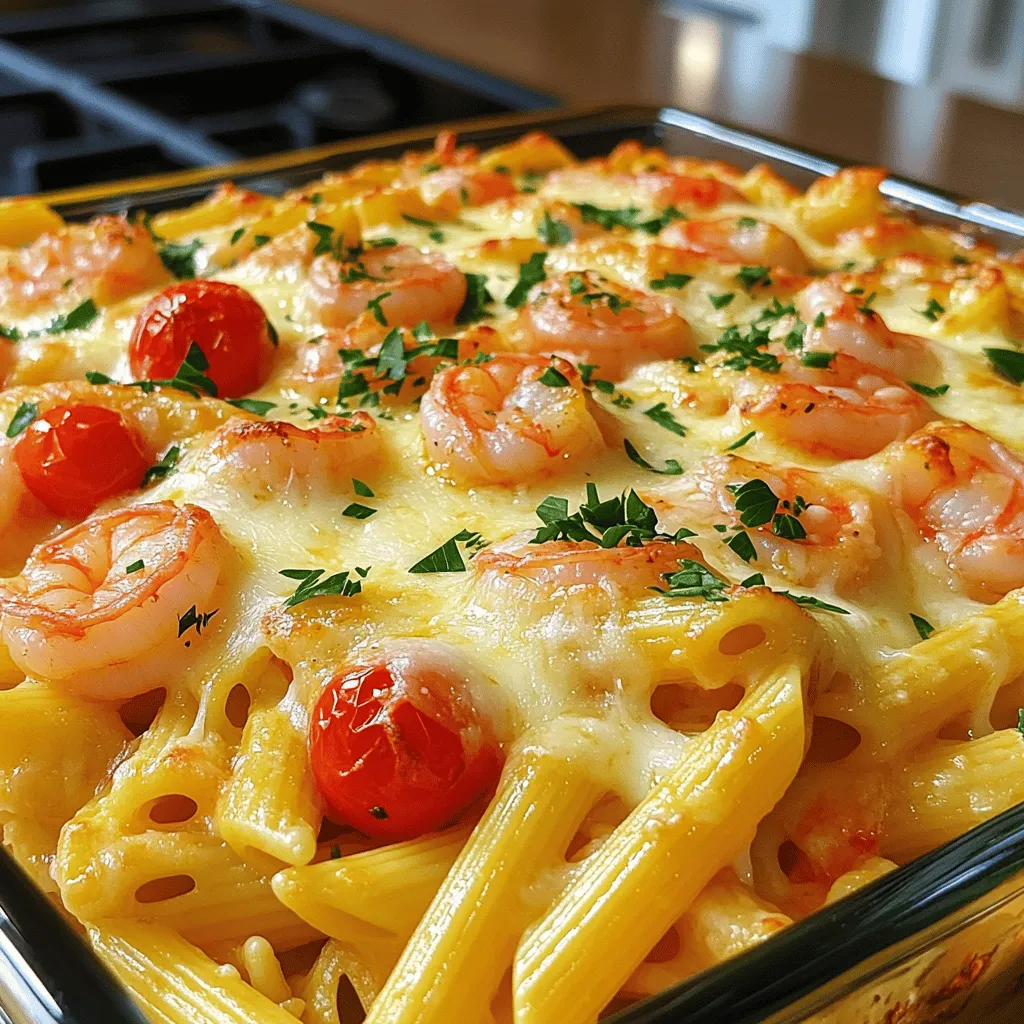 Für das Shrimp Scampi Pasta Bake brauchen wir einige Hauptzutaten. Diese sind: - 225 g Penne Pasta - 450 g große Garnelen, geschält und entdarmt - 4 Knoblauchzehen, fein gehackt - 60 g ungesalzene Butter - 60 ml Olivenöl Diese Zutaten sind die Basis für unser leckeres Gericht. Die Penne Pasta gibt der Textur einen schönen Biss. Die Garnelen liefern einen feinen Geschmack. Knoblauch gibt uns das Aroma, das wir lieben. Butter und Olivenöl sorgen für eine tolle Soße. Neben den Hauptzutaten benötigen wir auch einige Gewürze und weitere Zutaten: - 1/2 Teelöffel rote Paprikaflocken - 150 g Cherrytomaten, halbiert - 1 Zitrone, abgerieben und ausgepresst - 50 g geriebener Parmesan - 50 g geriebener Mozzarella Die roten Paprikaflocken geben dem Gericht einen kleinen Kick. Cherrytomaten bringen Frische und Farbe. Zitrone sorgt für eine schöne Säure und hebt den Geschmack. Die Käse sorgen für einen cremigen Abschluss und machen das Gericht besonders lecker. Dieses Rezept ergibt 4-6 Portionen. Jede Portion hat etwa 500 Kalorien. Die Makronährstoffe sind: - Kohlenhydrate: 60 g - Eiweiß: 30 g - Fett: 20 g Das Gericht ist reich an Geschmack und macht satt. Es eignet sich perfekt für ein Familienessen oder einen gemütlichen Abend mit Freunden. Wenn du mehr Informationen suchst, kannst du die Full Recipe ansehen. Heize deinen Ofen auf 190 °C vor. In einem großen Topf mit kochendem, gesalzenem Wasser, koche die Penne Pasta al dente. Das bedeutet, sie sollte innen noch etwas fest sein. Achte darauf, die Anweisungen auf der Packung zu befolgen. Nach dem Kochen, gieße die Pasta ab und stelle sie beiseite. Erhitze in einer großen Pfanne 60 g Butter und 60 ml Olivenöl bei mittlerer Hitze. Gib 4 fein gehackte Knoblauchzehen und 1/2 Teelöffel rote Paprikaflocken hinein. Brate sie etwa 1 Minute an, bis sie aromatisch sind. Füge dann 450 g geschälte und entdarmte Garnelen hinzu. Koche sie für 2-3 Minuten, bis sie pink und undurchsichtig sind. Würze mit Salz und Pfeffer nach Geschmack. Gib 150 g halbierte Cherrytomaten, den Saft und die Schale von einer Zitrone hinzu. Koche alles für weitere 2 Minuten. In einer großen Schüssel, vermische die Pasta mit der Garnelenmischung. Füge 50 g geriebenen Parmesan und nach Belieben Salz und Pfeffer hinzu. Rühre alles gut um. Gib die Mischung in eine gefettete Auflaufform. Streue den restlichen Parmesan und 50 g geriebenen Mozzarella gleichmäßig darüber. Backe den Auflauf für etwa 25-30 Minuten, bis der Käse sprudelt und goldbraun ist. Garnieren kannst du das Gericht mit frisch gehackter Petersilie. Du findest das vollständige Rezept hier: [Full Recipe]. Um perfekte Garnelen zu bekommen, gibt es ein paar einfache Regeln. Kochen Sie sie nicht zu lange. Garnelen sind schnell gekocht. Sie brauchen nur 2–3 Minuten in der Pfanne. Wenn sie rosa und opak sind, sind sie fertig. Überkochen macht sie zäh und trocken. Achten Sie darauf, das Feuer nicht zu hoch zu stellen. So bleiben sie zart und saftig. Die richtige Kochzeit für Pasta ist wichtig. Für Penne Pasta kochen Sie sie etwa 8–10 Minuten. Sie sollte noch einen leichten Biss haben. Das nennt man al dente. Nach dem Kochen, abgießen und nicht zu lange stehen lassen. Ein Schuss Olivenöl hilft, sie nicht zu kleben. So bleibt die Pasta beim Mischen mit den Garnelen schön locker. Für den besten Käse im Auflauf, wählen Sie frischen Käse. Parmesan und Mozzarella sind perfekte Optionen. Parmesan gibt einen tollen Geschmack. Mozzarella schmilzt schön und macht es cremig. Streuen Sie den Käse gleichmäßig auf die Pasta. So wird jede Portion lecker. Um die Kruste knusprig zu machen, backen Sie den Auflauf bei 190 °C. Das sorgt für eine goldene Farbe und einen tollen Geschmack. {{image_4}} Gemüse bringt Farbe und Geschmack in Ihren Shrimp Scampi Pasta Bake. Beliebte Gemüsesorten sind: - Spinat - Brokkoli - Zucchini - Paprika - Erbsen Diese Zutaten können Sie leicht hinzufügen. Einfach das Gemüse in die Pfanne geben, wenn Sie die Garnelen anbraten. So wird alles perfekt gar. Käse macht den Auflauf cremig und lecker. Alternativen zu Parmesan und Mozzarella sind: - Cheddar - Gouda - Feta - Ricotta Jede Käsesorte bringt ihren eigenen Geschmack mit. Probieren Sie verschiedene Kombinationen aus, um Ihren Lieblingsgeschmack zu finden. Kräuter und Gewürze machen Ihr Gericht besonders. Experimentieren Sie mit: - Basilikum - Oregano - Thymian - Dill Diese Kräuter geben dem Auflauf einen frischen Geschmack. Fügen Sie auch etwas Zitronenschale oder Knoblauchpulver hinzu, um mehr Tiefe zu erzeugen. Mit diesen Variationen können Sie den Shrimp Scampi Pasta Bake nach Ihrem Geschmack anpassen. Es ist einfach und macht Spaß, neue Ideen auszuprobieren. Wenn Sie mehr über das Rezept erfahren möchten, schauen Sie sich das Full Recipe an. Um Reste des Shrimp Scampi Pasta Bakes aufzubewahren, lassen Sie das Gericht zuerst abkühlen. Legen Sie die Reste in einen luftdichten Behälter. So bleibt der Geschmack frisch. Stellen Sie den Behälter in den Kühlschrank. Die Reste halten sich bis zu drei Tage. Achten Sie darauf, den Auflauf vor dem Servieren gut zu überprüfen. Wenn Sie den Auflauf für später einfrieren möchten, lassen Sie ihn vollständig abkühlen. Teilen Sie ihn in Portionen auf. Verwenden Sie gefrierfreundliche Behälter oder Beutel. Drücken Sie so viel Luft wie möglich heraus. Beschriften Sie die Behälter mit Datum. Der Auflauf bleibt bis zu drei Monate frisch. So haben Sie immer eine leckere Mahlzeit bereit. Um den Auflauf wieder aufzuwärmen, nehmen Sie ihn aus dem Kühlschrank oder Gefrierfach. Bei Kühlschrank-Resten heizen Sie den Ofen auf 180 °C vor. Decken Sie die Form mit Aluminiumfolie ab. So trocknet das Gericht nicht aus. Backen Sie den Auflauf 20 bis 25 Minuten. Wenn er tiefgefroren ist, dauert es länger – etwa 30 bis 40 Minuten. Überprüfen Sie, ob alles heiß ist, bevor Sie servieren. Um die Garnelen perfekt zu machen, gibt es einige einfache Tipps. Zuerst, verwenden Sie frische oder gefrorene Garnelen. Achten Sie darauf, sie gut abzutrocknen, bevor Sie sie braten. Zu viel Wasser kann das Braten erschweren. Erhitzen Sie Butter und Olivenöl bei mittlerer Hitze. Fügen Sie dann den Knoblauch hinzu, bevor Sie die Garnelen in die Pfanne geben. Braten Sie die Garnelen für nur 2–3 Minuten, bis sie rosa werden. Überkochen Sie sie nicht, da sie sonst zäh werden. Ja, Sie können auch andere Pastasorten verwenden. Viele Leute mögen Fusilli, Rigatoni oder sogar Spaghetti. Diese Sorten passen gut zur Garnelenmischung und nehmen die Soße gut auf. Achten Sie darauf, die Pasta al dente zu kochen. Das sorgt dafür, dass sie beim Backen nicht matschig wird. Der Auflauf hält sich gut im Kühlschrank. Sie können ihn dort bis zu 3 Tage aufbewahren. Stellen Sie sicher, dass er in einem luftdichten Behälter ist. Wenn Sie ihn länger aufbewahren möchten, können Sie ihn einfrieren. Im Gefrierfach hält er bis zu 2 Monate. Zum Aufwärmen, stellen Sie sicher, dass er vollständig aufgetaut ist, bevor Sie ihn wieder in den Ofen geben. In diesem Beitrag haben wir alles für einen köstlichen Garnelen-Pasta-Auflauf behandelt. Wir haben die Hauptzutaten, die Zubereitungsschritte und hilfreiche Tipps besprochen. Durch die Auswahl der richtigen Gewürze und Käsesorten können Sie das Gericht anpassen. September ergänzen Sie es mit Gemüse für mehr Abwechslung. Denken Sie daran, Reste richtig zu lagern, um den Geschmack zu bewahren. Probieren Sie diese einfache Methode aus und beeindrucken Sie Ihre Gäste. Ein leckerer Auflauf ist immer eine gute Wahl.