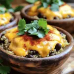 - 1 Tasse Quinoa, gewaschen - 2 Tassen Gemüsebrühe - 1 Tasse geriebener Käse (z.B. Cheddar oder Gouda) - 1 Dose schwarze Bohnen, abgetropft und abgespült - 1-2 Esslöffel nach Geschmack Chilipulver