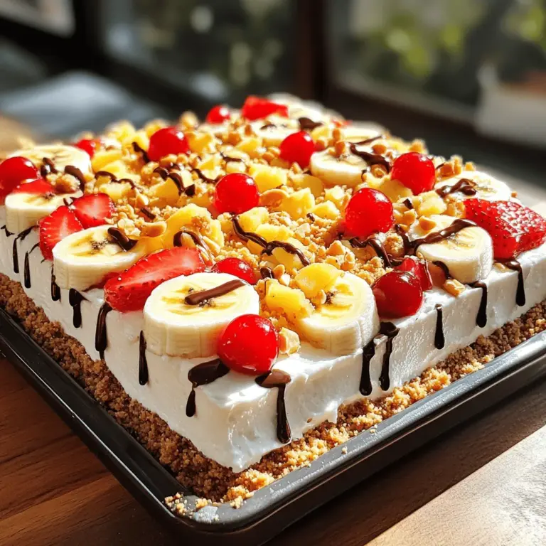 Für den No-Bake Bananen-Split-Kuchen brauchst du folgende Hauptzutaten: - 1 Paket Grahambiskuits (ca. 14 Blätter) - 120 g ungesalzene Butter, geschmolzen - 480 ml Schlagsahne oder Schlagsahne-Ersatz - 2 reife Bananen, in Scheiben geschnitten - 240 g zerdrückte Ananas, gut abgetropft - 1 Tasse Erdbeeren, in Scheiben geschnitten Diese Zutaten sind einfach zu finden. Du kannst sie in jedem Supermarkt kaufen. Die Grahambiskuits bilden die Basis, die knusprig und lecker ist. Die Butter hilft, die Kruste zusammenzuhalten. Um den Kuchen schön zu dekorieren, brauchst du noch einige Extras: - 60 g gehackte Walnüsse oder Pekannüsse (optional) - 120 ml Schokoladensirup - 120 g Maraschino-Kirschen, zum Garnieren - 40 g zerdrückte Erdnüsse, zum Garnieren Diese Zutaten geben deinem Kuchen den letzten Schliff. Nutze den Schokoladensirup für eine süße Note. Die Nüsse bringen einen tollen Crunch. Der No-Bake Bananen-Split-Kuchen ist ein leckerer Genuss. Hier sind einige Ernährungsinfos: - Portionen: 12 - Zubereitungszeit: 20 Minuten - Kühlzeit: mindestens 4 Stunden Du kannst diesen Kuchen ohne viel Aufwand vorbereiten. Er ist perfekt für Feste oder einfach nur zum Naschen. Wenn du mehr über die Zubereitung erfahren möchtest, schau dir das [Full Recipe] an. Zuerst musst du die Basis für deinen Kuchen machen. Nimm eine große Rührschüssel. Mische die geschmolzene Butter mit den Grahambiskuits. Rühr gut um, bis alle Krümel mit Butter bedeckt sind. Die Mischung kommt in eine Backform, die 23x33 cm groß ist. Drücke die Krümel fest, um eine feste Kruste zu bilden. Stelle die Form für 15 Minuten in den Kühlschrank. Nach dem Kühlen kommt die erste Schicht. Verteile die Schlagsahne gleichmäßig auf der Kruste. Nutze einen Spatel, um die Schlagsahne glatt zu streichen. Jetzt ist es Zeit für das Obst. Lege die Bananenscheiben gleichmäßig auf die Schlagsahne. Danach kommt die abgetropfte Ananas. Schließlich verteile die geschnittenen Erdbeeren darauf. Jetzt folgt die zweite Schicht. Löffele eine weitere Schicht Schlagsahne über das Obst und streiche sie glatt. Um dem Kuchen einen besonderen Touch zu geben, träufle den Schokoladensirup gleichmäßig darauf. Optional kannst du gehackte Nüsse darüber streuen, um mehr Crunch zu bekommen. Decke die Backform mit Frischhaltefolie ab. Lasse den Kuchen mindestens 4 Stunden im Kühlschrank ruhen, besser über Nacht. Vor dem Servieren garniere den Kuchen mit Maraschino-Kirschen und zerdrückten Erdnüssen. Jetzt ist dein No-Bake Bananen-Split-Kuchen bereit zum Genießen! Um den No-Bake Bananen-Split-Kuchen perfekt zu machen, achte auf die Zutaten. Verwende frische Bananen. Sie sollten nicht überreif sein. Je reifer die Banane, desto schneller wird sie braun. Halte die Kruste dick, damit sie gut hält. Drücke die Graham-Krümel fest, um eine stabile Basis zu schaffen. Lass die Schlagsahne nicht zu lange stehen. Sie kann schnell zusammenfallen. Die Kühlung ist der Schlüssel zu einem gelungenen Kuchen. Stelle den Kuchen immer in den kältesten Teil des Kühlschranks. Bedecke ihn gut mit Frischhaltefolie. So bleibt er frisch und kühl. Wenn du den Kuchen länger aufbewahrst, kann er auch im Gefrierfach stehen. Lass ihn vor dem Servieren im Kühlschrank auftauen. Ein häufiger Fehler ist, die Schlagsahne zu lange zu schlagen. Sie sollte fest, aber nicht zu fest sein. Zu viel Luft macht die Schicht brüchig. Ein weiterer Fehler ist, die Früchte zu nass zu verwenden. Sorge dafür, dass die Ananas gut abgetropft ist. So bleibt der Kuchen nicht matschig. Wenn du die Kirschen und Erdnüsse hinzufügst, mache das erst kurz vor dem Servieren. So bleiben sie knackig und frisch. {{image_4}} Du kannst andere Früchte verwenden, um den Kuchen zu variieren. Anstelle von Bananen, Erdbeeren oder Ananas kannst du Kiwis, Mangos oder Heidelbeeren ausprobieren. Diese Früchte bringen neue Farben und Aromen in deinen Kuchen. Misch einfach die verschiedenen Obstsorten, um deinen eigenen Twist zu kreieren. Wenn du gesunde Optionen suchst, ersetze die Schlagsahne mit griechischem Joghurt. Das gibt einen cremigen Geschmack und reduziert die Kalorien. Außerdem kannst du den Zucker in der Kruste weglassen. Verwende stattdessen Honig oder einen anderen natürlichen Süßstoff. Du kannst auch die Nüsse durch Samen wie Chiasamen ersetzen, um zusätzliche Nährstoffe zu bekommen. Für eine vegane Variante, tausche die Schlagsahne gegen Kokoscreme aus. Achte darauf, dass die Kekse auch vegan sind. Verwende pflanzliche Butter für die Kruste. Bei den Toppings kannst du vegane Schokoladensoße und frische Früchte nutzen. So bleibt der Geschmack großartig und du kannst die vegane Ernährung genießen. Für die vollständige Anleitung sieh dir das [Full Recipe] an. Um den No-Bake Bananen-Split-Kuchen frisch zu halten, decke ihn gut ab. Nutze Frischhaltefolie oder einen luftdichten Behälter. So bleibt der Kuchen kühl und feucht. Stelle sicher, dass er im kältesten Teil des Kühlschranks steht. Im Kühlschrank hält sich der Kuchen etwa 3 bis 5 Tage. Achte darauf, dass er gut abgedeckt ist. Nach dieser Zeit kann der Geschmack und die Textur leiden. Es ist ratsam, den Kuchen schnell zu genießen, um die Frische zu bewahren. Du kannst den Kuchen auch einfrieren, um ihn länger zu lagern. Schneide ihn in Portionen und lege die Stücke in einen gefrierfesten Behälter. So bleibt er bis zu 2 Monate haltbar. Zum Auftauen stelle die Portionen einfach in den Kühlschrank über Nacht. So bleibt die Textur erhalten. Die Zubereitung des No-Bake Bananen-Split-Kuchens dauert etwa 20 Minuten. Danach muss der Kuchen für mindestens 4 Stunden kühlen. Idealerweise lassen Sie ihn über Nacht im Kühlschrank. So wird er fest und die Aromen entfalten sich gut. Ja, Sie können andere Keksarten verwenden. Einige mögen die Kruste aus Schokoladenkeksen. Andere verwenden Butterkekse oder Haferkekse. Jede Keksart bringt ihren eigenen Geschmack. Experimentieren Sie gerne, um Ihre perfekte Kruste zu finden! Ja, eine glutenfreie Variante ist möglich! Verwenden Sie glutenfreie Kekse für die Kruste. Auch glutenfreies Mehl kann in der Creme verwendet werden. Achten Sie darauf, dass alle anderen Zutaten ebenfalls glutenfrei sind. So können alle den Kuchen genießen! Schauen Sie sich das vollständige Rezept für den No-Bake Bananen-Split-Kuchen an! Der No-Bake Bananen-Split-Kuchen ist einfach zuzubereiten. Wir haben die Hauptzutaten besprochen, die in jeder Schicht wichtig sind. Tipps helfen, Fehler zu vermeiden und die Kühlung zu sichern. Variationen zeigen, wie kreativ du beim Obst und den Zutaten sein kannst. Um deinen Kuchen gut zu lagern, kannst du ihn im Kühlschrank oder eingefroren aufbewahren. Genieße diesen leckeren Kuchen mit Freunden und der Familie!