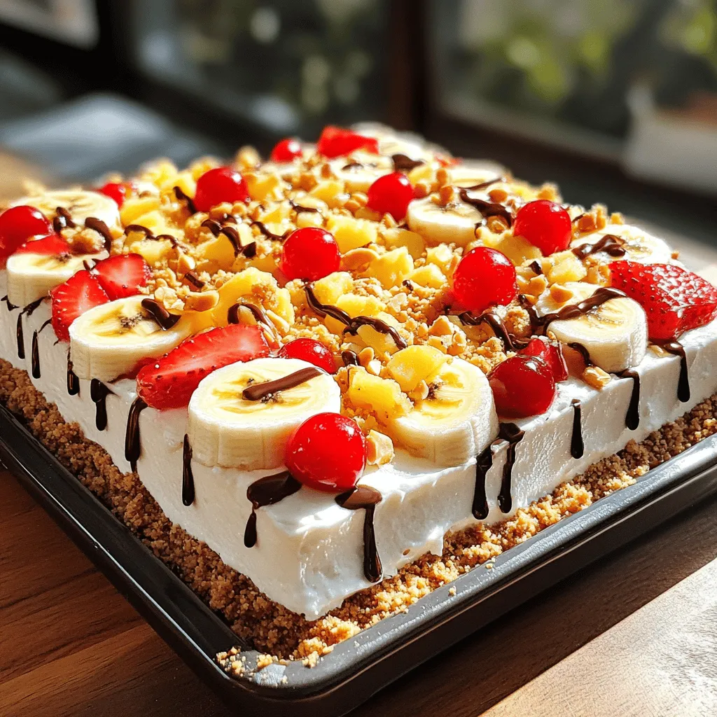 Für den No-Bake Bananen-Split-Kuchen brauchst du folgende Hauptzutaten: - 1 Paket Grahambiskuits (ca. 14 Blätter) - 120 g ungesalzene Butter, geschmolzen - 480 ml Schlagsahne oder Schlagsahne-Ersatz - 2 reife Bananen, in Scheiben geschnitten - 240 g zerdrückte Ananas, gut abgetropft - 1 Tasse Erdbeeren, in Scheiben geschnitten Diese Zutaten sind einfach zu finden. Du kannst sie in jedem Supermarkt kaufen. Die Grahambiskuits bilden die Basis, die knusprig und lecker ist. Die Butter hilft, die Kruste zusammenzuhalten. Um den Kuchen schön zu dekorieren, brauchst du noch einige Extras: - 60 g gehackte Walnüsse oder Pekannüsse (optional) - 120 ml Schokoladensirup - 120 g Maraschino-Kirschen, zum Garnieren - 40 g zerdrückte Erdnüsse, zum Garnieren Diese Zutaten geben deinem Kuchen den letzten Schliff. Nutze den Schokoladensirup für eine süße Note. Die Nüsse bringen einen tollen Crunch. Der No-Bake Bananen-Split-Kuchen ist ein leckerer Genuss. Hier sind einige Ernährungsinfos: - Portionen: 12 - Zubereitungszeit: 20 Minuten - Kühlzeit: mindestens 4 Stunden Du kannst diesen Kuchen ohne viel Aufwand vorbereiten. Er ist perfekt für Feste oder einfach nur zum Naschen. Wenn du mehr über die Zubereitung erfahren möchtest, schau dir das [Full Recipe] an. Zuerst musst du die Basis für deinen Kuchen machen. Nimm eine große Rührschüssel. Mische die geschmolzene Butter mit den Grahambiskuits. Rühr gut um, bis alle Krümel mit Butter bedeckt sind. Die Mischung kommt in eine Backform, die 23x33 cm groß ist. Drücke die Krümel fest, um eine feste Kruste zu bilden. Stelle die Form für 15 Minuten in den Kühlschrank. Nach dem Kühlen kommt die erste Schicht. Verteile die Schlagsahne gleichmäßig auf der Kruste. Nutze einen Spatel, um die Schlagsahne glatt zu streichen. Jetzt ist es Zeit für das Obst. Lege die Bananenscheiben gleichmäßig auf die Schlagsahne. Danach kommt die abgetropfte Ananas. Schließlich verteile die geschnittenen Erdbeeren darauf. Jetzt folgt die zweite Schicht. Löffele eine weitere Schicht Schlagsahne über das Obst und streiche sie glatt. Um dem Kuchen einen besonderen Touch zu geben, träufle den Schokoladensirup gleichmäßig darauf. Optional kannst du gehackte Nüsse darüber streuen, um mehr Crunch zu bekommen. Decke die Backform mit Frischhaltefolie ab. Lasse den Kuchen mindestens 4 Stunden im Kühlschrank ruhen, besser über Nacht. Vor dem Servieren garniere den Kuchen mit Maraschino-Kirschen und zerdrückten Erdnüssen. Jetzt ist dein No-Bake Bananen-Split-Kuchen bereit zum Genießen! Um den No-Bake Bananen-Split-Kuchen perfekt zu machen, achte auf die Zutaten. Verwende frische Bananen. Sie sollten nicht überreif sein. Je reifer die Banane, desto schneller wird sie braun. Halte die Kruste dick, damit sie gut hält. Drücke die Graham-Krümel fest, um eine stabile Basis zu schaffen. Lass die Schlagsahne nicht zu lange stehen. Sie kann schnell zusammenfallen. Die Kühlung ist der Schlüssel zu einem gelungenen Kuchen. Stelle den Kuchen immer in den kältesten Teil des Kühlschranks. Bedecke ihn gut mit Frischhaltefolie. So bleibt er frisch und kühl. Wenn du den Kuchen länger aufbewahrst, kann er auch im Gefrierfach stehen. Lass ihn vor dem Servieren im Kühlschrank auftauen. Ein häufiger Fehler ist, die Schlagsahne zu lange zu schlagen. Sie sollte fest, aber nicht zu fest sein. Zu viel Luft macht die Schicht brüchig. Ein weiterer Fehler ist, die Früchte zu nass zu verwenden. Sorge dafür, dass die Ananas gut abgetropft ist. So bleibt der Kuchen nicht matschig. Wenn du die Kirschen und Erdnüsse hinzufügst, mache das erst kurz vor dem Servieren. So bleiben sie knackig und frisch. {{image_4}} Du kannst andere Früchte verwenden, um den Kuchen zu variieren. Anstelle von Bananen, Erdbeeren oder Ananas kannst du Kiwis, Mangos oder Heidelbeeren ausprobieren. Diese Früchte bringen neue Farben und Aromen in deinen Kuchen. Misch einfach die verschiedenen Obstsorten, um deinen eigenen Twist zu kreieren. Wenn du gesunde Optionen suchst, ersetze die Schlagsahne mit griechischem Joghurt. Das gibt einen cremigen Geschmack und reduziert die Kalorien. Außerdem kannst du den Zucker in der Kruste weglassen. Verwende stattdessen Honig oder einen anderen natürlichen Süßstoff. Du kannst auch die Nüsse durch Samen wie Chiasamen ersetzen, um zusätzliche Nährstoffe zu bekommen. Für eine vegane Variante, tausche die Schlagsahne gegen Kokoscreme aus. Achte darauf, dass die Kekse auch vegan sind. Verwende pflanzliche Butter für die Kruste. Bei den Toppings kannst du vegane Schokoladensoße und frische Früchte nutzen. So bleibt der Geschmack großartig und du kannst die vegane Ernährung genießen. Für die vollständige Anleitung sieh dir das [Full Recipe] an. Um den No-Bake Bananen-Split-Kuchen frisch zu halten, decke ihn gut ab. Nutze Frischhaltefolie oder einen luftdichten Behälter. So bleibt der Kuchen kühl und feucht. Stelle sicher, dass er im kältesten Teil des Kühlschranks steht. Im Kühlschrank hält sich der Kuchen etwa 3 bis 5 Tage. Achte darauf, dass er gut abgedeckt ist. Nach dieser Zeit kann der Geschmack und die Textur leiden. Es ist ratsam, den Kuchen schnell zu genießen, um die Frische zu bewahren. Du kannst den Kuchen auch einfrieren, um ihn länger zu lagern. Schneide ihn in Portionen und lege die Stücke in einen gefrierfesten Behälter. So bleibt er bis zu 2 Monate haltbar. Zum Auftauen stelle die Portionen einfach in den Kühlschrank über Nacht. So bleibt die Textur erhalten. Die Zubereitung des No-Bake Bananen-Split-Kuchens dauert etwa 20 Minuten. Danach muss der Kuchen für mindestens 4 Stunden kühlen. Idealerweise lassen Sie ihn über Nacht im Kühlschrank. So wird er fest und die Aromen entfalten sich gut. Ja, Sie können andere Keksarten verwenden. Einige mögen die Kruste aus Schokoladenkeksen. Andere verwenden Butterkekse oder Haferkekse. Jede Keksart bringt ihren eigenen Geschmack. Experimentieren Sie gerne, um Ihre perfekte Kruste zu finden! Ja, eine glutenfreie Variante ist möglich! Verwenden Sie glutenfreie Kekse für die Kruste. Auch glutenfreies Mehl kann in der Creme verwendet werden. Achten Sie darauf, dass alle anderen Zutaten ebenfalls glutenfrei sind. So können alle den Kuchen genießen! Schauen Sie sich das vollständige Rezept für den No-Bake Bananen-Split-Kuchen an! Der No-Bake Bananen-Split-Kuchen ist einfach zuzubereiten. Wir haben die Hauptzutaten besprochen, die in jeder Schicht wichtig sind. Tipps helfen, Fehler zu vermeiden und die Kühlung zu sichern. Variationen zeigen, wie kreativ du beim Obst und den Zutaten sein kannst. Um deinen Kuchen gut zu lagern, kannst du ihn im Kühlschrank oder eingefroren aufbewahren. Genieße diesen leckeren Kuchen mit Freunden und der Familie!