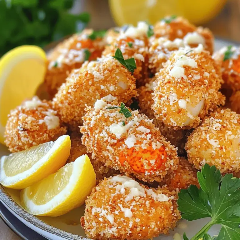Für die knusprigen Hummerbissen benötigst du die folgenden Hauptzutaten: - 450 g frisches Hummerfleisch, gekocht und grob gehackt - 240 g Paniermehl (vorzugsweise Panko für extra Crunch) - 50 g geriebener Parmesan - 2 Knoblauchzehen, fein gehackt - 2 Esslöffel frische Petersilie, gehackt - 1/2 Teelöffel Paprika - 1/4 Teelöffel Cayennepfeffer (optional für etwas Schärfe) - 40 g Weizenmehl - 2 große Eier, verquirlt - Salz und Pfeffer nach Geschmack Diese Zutaten geben den Bissen ihren tollen Geschmack und die knusprige Textur. Die Knoblauchbutter macht deine Hummerbissen noch besser. Hier sind die Zutaten für die Butter: - 60 g ungesalzene Butter - 2 Knoblauchzehen, fein gehackt Das Schmelzen der Butter mit dem Knoblauch bringt einen wunderbaren Geschmack. Du wirst den Unterschied sofort schmecken. Frischer Hummer ist der Schlüssel zu einem großartigen Gericht. Achte auf diese Punkte: - Kaufe Hummer, die lebendig sind oder frisch gekocht wurden. - Die Schale sollte fest und glänzend sein. - Der Geruch sollte frisch und leicht salzig sein, nicht fischig. Mit diesen Tipps findest du den besten Hummer für deine knusprigen Hummerbissen. Halte dich an diese Hinweise, und du wirst ein tolles Ergebnis erzielen. Du kannst das komplette Rezept [hier] finden. Zuerst müssen wir das Hummerfleisch vorbereiten. Verwenden Sie 450 g frisches Hummerfleisch, das bereits gekocht ist. Hacken Sie das Fleisch grob in kleine Stücke. Dies hilft, die Bissen gleichmäßig zu braten. Achten Sie darauf, die Schalenreste zu entfernen. So schmecken die Hummerbissen besser. Jetzt richten wir die Panierstation ein. Nehmen Sie drei flache Schüsseln. Geben Sie 40 g Weizenmehl in die erste Schüssel. In die zweite Schüssel kommen zwei verquirlte Eier. In die dritte Schüssel mischen Sie das Paniermehl, 50 g Parmesan, zwei fein gehackte Knoblauchzehen, 2 Esslöffel gehackte Petersilie, 1/2 Teelöffel Paprika und 1/4 Teelöffel Cayennepfeffer. Mischen Sie alles gut. Diese Mischung sorgt für den tollen Geschmack. Jetzt braten wir die Hummerbissen. Erhitzen Sie 60 g ungesalzene Butter in einer großen Pfanne bei mittlerer Hitze. Während die Butter schmilzt, nehmen Sie ein Stück Hummerfleisch. Bestäuben Sie es leicht mit Mehl, tauchen Sie es in die Eier und drücken Sie es in die Panade. Legen Sie die Bissen vorsichtig in die Pfanne. Braten Sie die Hummerbissen etwa 3-4 Minuten pro Seite. Warten Sie, bis sie goldbraun und knusprig sind. Danach legen Sie sie auf Küchenpapier, um überschüssiges Öl zu entfernen. Für das volle Geschmackserlebnis, beträufeln Sie die Hummerbissen mit der übriggebliebenen Knoblauchbutter und servieren Sie sie mit Zitronenschnitzen. Dies ist das Rezept für knusprige Hummerbissen mit Knoblauchbutter. [Full Recipe] Um die perfekte Knusprigkeit zu erreichen, müssen Sie die Hummerbissen gut panieren. Beginnen Sie mit frischem Hummerfleisch. Es sollte zart und saftig sein. Wenn Sie die Panade machen, verwenden Sie Panko. Panko ist grob und macht die Bissen knuspriger. Tauchen Sie die Hummerstücke zuerst in Mehl. Dann in die Eier und schließlich in das Panko. Drücken Sie die Panade gut an, damit sie kleben bleibt. Braten Sie die Bissen in heißer Butter. So wird die Panade goldbraun und knusprig. Ein häufiger Fehler ist, die Pfanne zu überfüllen. Wenn Sie zu viele Hummerbissen auf einmal braten, kühlt das Fett ab. Dadurch werden die Bissen nicht knusprig. Ein weiterer Fehler ist, die Temperatur nicht zu kontrollieren. Das Fett muss heiß genug sein. Ein einfacher Test: Geben Sie ein kleines Stück Brot ins Fett. Wenn es brutzelt, ist das Fett bereit. Achten Sie auch darauf, die Bissen nicht zu lange zu braten. Sonst werden sie trocken. Wenn Sie kein Panko haben, gibt es Alternativen. Sie können normales Semmelbrösel verwenden, aber es wird weniger knusprig. Eine andere Option ist, Cornflakes zu zerdrücken. Diese geben einen guten Crunch. Sie können auch Polenta oder Maismehl verwenden. Beide sorgen für eine interessante Textur. Experimentieren Sie mit verschiedenen Panaden. Finden Sie heraus, was Ihnen am besten schmeckt. Für das komplette Rezept schauen Sie sich den Abschnitt "Full Recipe" an. {{image_4}} Du kannst die Hummerbissen leicht mit Gemüse aufpeppen. Füge zum Beispiel fein gehackte Zucchini oder Paprika zur Panade hinzu. Das Gemüse verleiht zusätzlichen Geschmack und macht die Bissen gesünder. Du kannst auch etwas Spinat verwenden, um die Nährstoffe zu erhöhen. Achte darauf, das Gemüse gut auszudrücken, damit die Panade nicht zu feucht wird. Wenn du es scharf magst, ist diese Variante perfekt. Füge einfach mehr Cayennepfeffer zur Panade hinzu. Du kannst auch ein wenig scharfe Soße in die Ei-Mischung geben. So wird jeder Bissen ein feuriger Genuss. Der scharfe Geschmack passt gut zu der süßen Note des Hummers. Probiere es aus, wenn du deine Gäste beeindrucken willst! Für eine glutenfreie Option verwende einfach glutenfreies Paniermehl. Du kannst auch gemahlene Mandeln oder Kokosmehl verwenden. Diese Alternativen geben den Bissen einen neuen Geschmack. Achte darauf, dass alle anderen Zutaten ebenfalls glutenfrei sind. So kannst du die Hummerbissen genießen, ohne dir Sorgen zu machen. Für das vollständige Rezept, schau dir die Full Recipe an. Wenn du Hummerbissen übrig hast, bewahre sie am besten im Kühlschrank auf. Lege sie in einen luftdichten Behälter. So bleiben sie frisch und lecker. Achte darauf, dass die Bissen vollständig abgekühlt sind, bevor du sie lagerst. So vermeidest du Kondenswasser, das die Knusprigkeit beeinträchtigen kann. Um die Hummerbissen wieder knusprig zu machen, nutze den Ofen. Heize ihn auf 180 Grad Celsius vor. Lege die Bissen auf ein Backblech und backe sie etwa 10 Minuten lang. So werden sie knusprig und warm. Du kannst sie auch in der Pfanne mit etwas Butter aufwärmen, um den Geschmack zu intensivieren. Im Kühlschrank halten sich die Hummerbissen etwa 2 bis 3 Tage. Wenn du sie länger aufbewahren möchtest, friere sie ein. Im Tiefkühler sind sie bis zu 3 Monate haltbar. Achte darauf, sie gut einzupacken, um Gefrierbrand zu vermeiden. Dies hilft, den Geschmack und die Textur zu erhalten. Wenn du die genauen Schritte zur Zubereitung suchst, schau dir das vollständige Rezept für knusprige Hummerbissen mit Knoblauchbutter an. Hummerfleisch bleibt frisch im Kühlschrank etwa 2 bis 3 Tage. Lagern Sie es in einem luftdichten Behälter. Wenn Sie die Hummerbissen nicht sofort zubereiten, frieren Sie sie ein. So bleibt der Geschmack länger erhalten. Im Gefrierfach können Sie Hummerfleisch bis zu 6 Monate lagern. Denken Sie daran, das Fleisch gut zu verpacken, um Gefrierbrand zu vermeiden. Ja, gefrorenes Hummerfleisch ist eine gute Option. Lassen Sie es im Kühlschrank über Nacht auftauen. So bleibt die Textur besser. Verwenden Sie es in Ihrem Rezept für knusprige Hummerbissen. Achten Sie darauf, das aufgetaute Fleisch gut abzutrocknen. So bleibt die Panade knusprig. Für knusprige Hummerbissen empfehle ich Pflanzenöl oder Erdnussöl. Diese Öle haben einen hohen Rauchpunkt. Das bedeutet, sie halten hohe Temperaturen gut aus. So braten die Hummerbissen schnell und gleichmäßig. Verwenden Sie genug Öl, um die Bissen zu bedecken. So wird jede Seite schön goldbraun. Hummerbissen sind ein echter Genuss, wenn man die richtigen Zutaten nutzt und das Frittieren meistert. In diesem Beitrag sahen wir die Hauptzutaten, die Zubereitung und sogar einige nützliche Tipps. Frische Hummer sind entscheidend für den Geschmack. Achte auf die Knusprigkeit, indem du die richtigen Techniken anwendest. Variationen wie glutenfreie Optionen bieten Abwechslung. Denke daran, die Reste richtig zu lagern und aufzuwärmen. Probiere diese Methoden und genieße die Hummerbissen wie ein Profi!