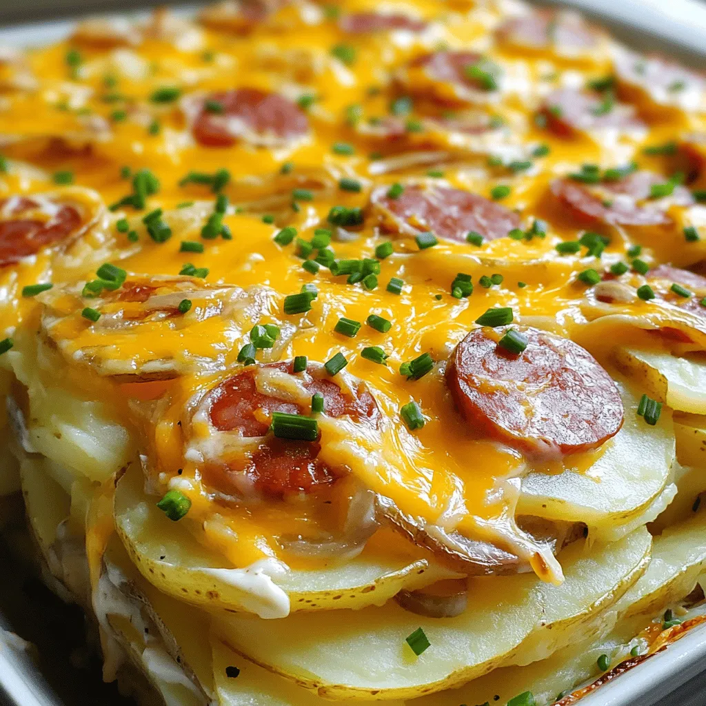 - 450 g geräucherte Kielbasa - 4 große Russet-Kartoffeln - 1 mittelgroße Zwiebel Die Hauptzutaten sind entscheidend für den Geschmack. Die Kielbasa bringt ein rauchiges Aroma. Die Kartoffeln geben eine schöne Basis. Eine süße Zwiebel verleiht dem Gericht einen tollen Geschmack. - 3 Tassen geriebener Cheddar-Käse - 240 ml Sauerrahm - 240 ml Schlagsahne Cremige Zutaten machen das Gericht besonders. Der Cheddar-Käse sorgt für einen herzhaften Geschmack. Sauerrahm und Schlagsahne bringen die nötige Cremigkeit. Diese Zutaten machen jeden Biss besonders lecker. - 1 Esslöffel Knoblauchpulver - 1 Teelöffel Paprika - 2 Esslöffel Olivenöl Gewürze geben dem Auflauf das gewisse Extra. Knoblauchpulver fügt eine schöne Würze hinzu. Paprika bringt Farbe und ein wenig Wärme. Olivenöl sorgt dafür, dass alles gut zusammenkommt. Diese kleinen Zutaten machen einen großen Unterschied. Für das vollständige Rezept schaue dir den Full Recipe an. Heizen Sie den Ofen auf 190 °C vor. Fetten Sie eine 23x33 cm große Auflaufform mit Olivenöl ein. Dies verhindert, dass der Auflauf anhaftet. In einer großen Pfanne erhitzen Sie bei mittlerer Hitze 2 Esslöffel Olivenöl. Fügen Sie die geschnittene Kielbasa und die gewürfelte Zwiebel hinzu. Braten Sie sie 5-7 Minuten an, bis die Kielbasa warm und die Zwiebel glasig ist. Dieser Schritt gibt dem Gericht viel Geschmack. In einer großen Rührschüssel vermengen Sie die dünn aufgeschnittenen Kartoffeln. Fügen Sie 240 ml Sauerrahm, 240 ml Schlagsahne, 1 Esslöffel Knoblauchpulver, 1 Teelöffel Paprika, Salz und Pfeffer hinzu. Rühren Sie gut um, bis die Kartoffeln gleichmäßig beschichtet sind. Diese Mischung sorgt für eine cremige Konsistenz und einen tollen Geschmack. Legen Sie die Hälfte der Kartoffelmischung gleichmäßig auf den Boden der gefetteten Auflaufform. Verteilen Sie die Kielbasa-Zwiebel-Mischung gleichmäßig darüber. Streuen Sie 1,5 Tassen geriebenen Cheddar-Käse auf die Kielbasa. Fügen Sie die restliche Kartoffelmischung hinzu und bedecken Sie alles mit dem verbleibenden Cheddar-Käse. Decken Sie die Form mit Aluminiumfolie ab und backen Sie den Auflauf 45 Minuten. Entfernen Sie die Folie und backen Sie weitere 15 Minuten, bis der Käse goldbraun und sprudelnd ist. Lassen Sie den Auflauf nach dem Backen einige Minuten abkühlen. Dies hilft, die Schichten zu setzen und erleichtert das Servieren. Für die vollständige Zubereitung, schauen Sie sich das Full Recipe an. Die Dicke der Kartoffeln ist sehr wichtig. Dünne Scheiben sorgen für eine schöne, gleichmäßige Garzeit. Ich empfehle, die Kartoffeln etwa 3 mm dick zu schneiden. So werden sie weich, aber nicht matschig. Wenn Sie eine andere Käseart ausprobieren möchten, können Sie Gouda oder Mozzarella verwenden. Diese Käse schmelzen ebenfalls gut und geben einen tollen Geschmack. Um Zeit zu sparen, können Sie die Kartoffelmischung am Vortag vorbereiten. Mischen Sie die Kartoffeln mit Sauerrahm und den anderen Zutaten. Decken Sie die Schüssel ab und stellen Sie sie in den Kühlschrank. Am nächsten Tag können Sie die Mischung direkt in die Auflaufform schichten. Reste lassen sich einfach im Kühlschrank aufbewahren. Lagern Sie den Auflauf in einem luftdichten Behälter. So bleibt er frisch und lecker. Ein häufiger Fehler ist das Überbacken des Auflaufs. Achten Sie darauf, die Folie rechtzeitig abzunehmen. So wird der Käse goldbraun, ohne dass die Kartoffeln austrocknen. Schichten Sie die Zutaten gleichmäßig in der Form. Das sorgt für eine gleichmäßige Garung und verhindert, dass einige Teile zu trocken werden, während andere zu weich sind. {{image_4}} Um eine fleischlose Variante des Kielbasa Cheesy Potato Casserole zu schaffen, können Sie einige einfache Fleischalternativen verwenden. Tofu oder Tempeh sind großartige Optionen. Diese Produkte nehmen den Geschmack gut auf und bieten eine tolle Textur. Fügen Sie auch Gemüsezusätze hinzu, um mehr Farbe und Nährstoffe zu erhalten. Zum Beispiel sind Brokkoli, Paprika und Spinat hervorragende Ergänzungen. Diese Gemüse passen gut zu den Kartoffeln und dem Käse. Exotische Gewürze bringen neuen Geschmack in Ihr Gericht. Versuchen Sie, Curry-Pulver oder Kreuzkümmel hinzuzufügen. Diese Gewürze sorgen für einen aufregenden Twist. Anpassung an persönliche Vorlieben ist einfach. Wenn Sie es scharf mögen, fügen Sie etwas Chili-Pulver oder Cayenne-Pfeffer hinzu. Für einen milderen Geschmack können Sie einfach die Gewürze reduzieren. Für eine kalorienreduzierte Variante verwenden Sie fettarme oder kalorienreduzierte Zutaten. Zum Beispiel ersetzen Sie die Schlagsahne durch eine fettarme Milch oder Joghurt. Dies macht das Gericht leichter, ohne den Geschmack zu verlieren. Low-Carb-Varianten sind ebenfalls möglich. Ersetzen Sie die Kartoffeln durch Blumenkohl. So haben Sie eine gesunde, kohlenhydratarme Option, die genauso lecker ist. Für die vollständige Anleitung und die genauen Mengenangaben, schauen Sie sich das Full Recipe an. Lagern Sie den Kielbasa Cheesy Potato Casserole in einem luftdichten Behälter. So bleibt der Auflauf frisch. Er hält sich im Kühlschrank etwa 3 bis 5 Tage. Achten Sie darauf, ihn gut abzudecken, um das Austrocknen zu vermeiden. Zum Einfrieren lassen Sie den Auflauf zuerst abkühlen. Teilen Sie ihn in Portionen, damit das Auftauen einfacher ist. Wickeln Sie jede Portion gut in Folie oder verwenden Sie einen gefrierfesten Behälter. So bleibt die Qualität erhalten. Zum Auftauen legen Sie die Portionen über Nacht in den Kühlschrank. Nach dem Auftauen kann der Auflauf etwas weicher sein. Um die Konsistenz zu verbessern, erwärmen Sie ihn im Ofen. So wird er gleichmäßig warm und frisch. Die beste Methode, um den Auflauf erneut zu erhitzen, ist der Ofen. Heizen Sie ihn auf 180 °C vor. Decken Sie den Auflauf mit Aluminiumfolie ab, damit er nicht austrocknet. Erwärmen Sie ihn 20 bis 30 Minuten. Alternativ können Sie die Mikrowelle nutzen. Stellen Sie die Leistung auf niedrig und decken Sie den Auflauf ab. Achten Sie darauf, ihn regelmäßig zu überprüfen, um ein Austrocknen zu vermeiden. So bleibt der Auflauf lecker und cremig. Die Zubereitung dauert insgesamt etwa 1 Stunde und 15 Minuten. Die Vorbereitungszeit beträgt 15 Minuten. Sie heizen den Ofen auf 190 °C vor und fetten eine Auflaufform ein. Während die Kartoffeln und die Kielbasa zubereiten, können Sie die Zwiebel schneiden. Nach dem Schichten backt der Auflauf 60 Minuten. Ja, Sie können verschiedene Käsesorten verwenden. Gouda oder Mozzarella sind gute Alternativen. Diese Käsesorten schmelzen gut und ergänzen den Geschmack. Auch eine Mischung aus Käse macht Spaß. So können Sie Ihre eigene Note hinzufügen. Experimentieren Sie ruhig mit verschiedenen Sorten für neue Geschmackserlebnisse. Ein frischer Salat passt perfekt zu diesem Auflauf. Ein einfacher grüner Salat bietet einen schönen Kontrast. Auch gedämpftes Gemüse ist eine gute Wahl. Für eine herzhaftere Beilage probieren Sie knuspriges Brot. So haben Sie eine ausgewogene Mahlzeit. Ja, der Auflauf kann angepasst werden. Für glutenfreie Optionen verwenden Sie glutenfreies Brot oder Mehl. Für eine keto-freundliche Variante können Sie die Kartoffeln mit Blumenkohl ersetzen. Dies reduziert die Kohlenhydrate und macht das Gericht gesünder. So können mehr Menschen den Auflauf genießen. Der Kielbasa Cheesy Potato Casserole ist einfach zuzubereiten und lecker. Wir haben die Hauptzutaten wie Kielbasa, Kartoffeln und viele cremige Zutaten kombiniert. Mit einfachen Schritten hast du schnell ein Gericht, das garantiert schmeckt. Die Tipps helfen dir, Fehler zu vermeiden und die perfekte Konsistenz zu erreichen. Denke daran, verschiedene Variationen auszuprobieren, um das Rezept an deinen Geschmack anzupassen. So wird jeder Bissen ein Genuss. Genieße dein Essen und die Freude, die du damit bringst!