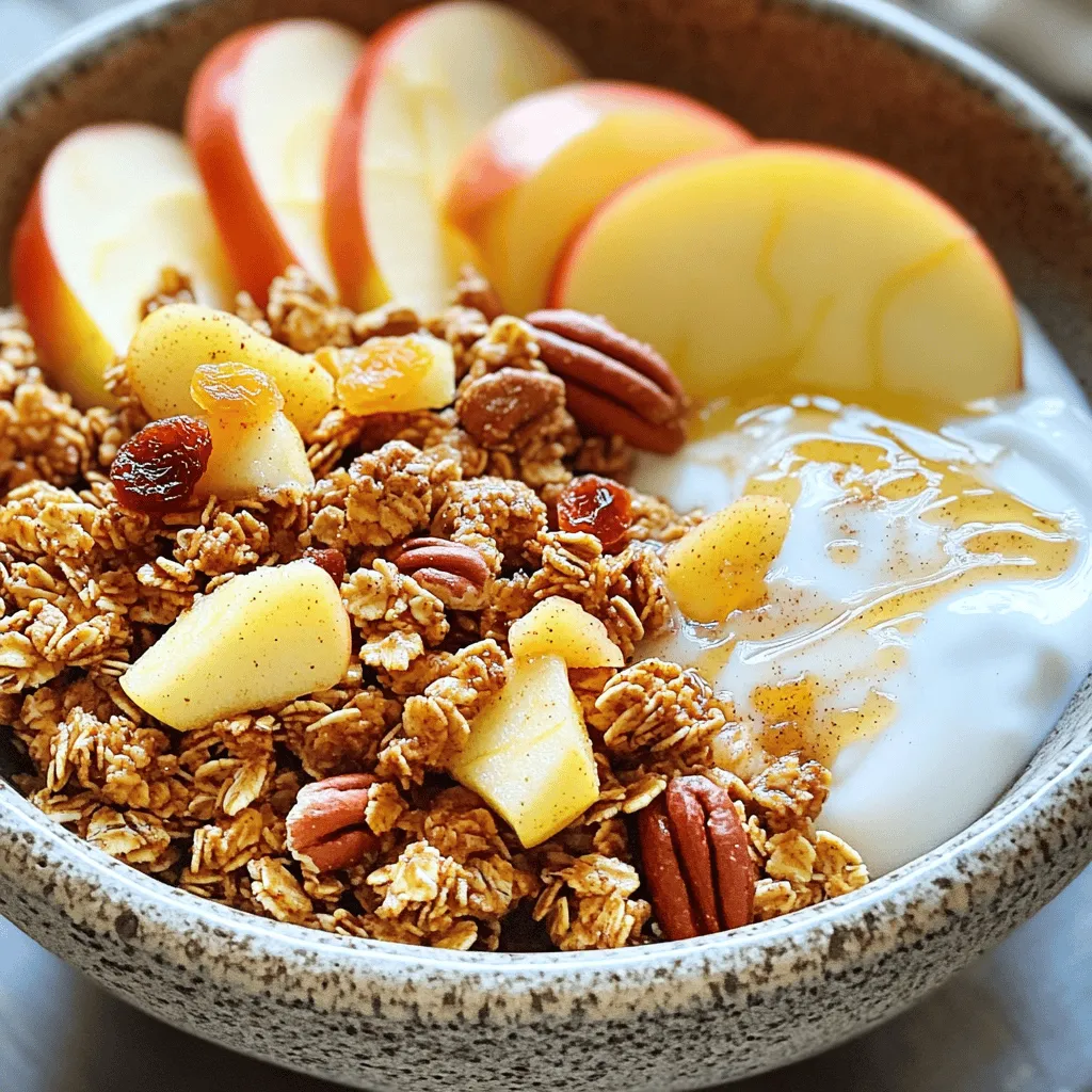 Für das Apfel-Zimt-Granola benötigst du einige einfache Zutaten. Hier ist die Liste: - 2 Tassen Haferflocken - 1 Tasse gewürfelte getrocknete Äpfel - 1/2 Tasse gehackte Pekannüsse - 1/2 Tasse geschnittene Mandeln - 1/4 Tasse Honig oder Ahornsirup - 1/4 Tasse Kokosöl, geschmolzen - 1 Teelöffel gemahlener Zimt - 1/2 Teelöffel Vanilleextrakt - 1/4 Teelöffel Salz - 1/4 Tasse Sonnenblumenkerne (optional) - 1/2 Tasse Rosinen oder Cranberries für zusätzliche Süße Diese Zutaten machen dein Granola nahrhaft und lecker. Eine Portion Apfel-Zimt-Granola hat viele Vorteile. Sie enthält etwa 200 Kalorien. Außerdem liefert sie dir gesunde Fette durch die Nüsse und das Kokosöl. Die Ballaststoffe aus den Haferflocken helfen dir, dich lange satt zu fühlen. Zusätzlich bekommst du durch die getrockneten Äpfel Vitamine und Mineralien. Das Granola ist perfekt für ein gesundes Frühstück oder einen Snack. Manchmal fehlen dir Zutaten zu Hause. Das ist kein Problem! Hier sind einige Ersatzmöglichkeiten: - Haferflocken: Verwende glutenfreie Haferflocken, wenn du Gluten meidest. - Äpfel: Du kannst auch andere getrocknete Früchte wie Birnen oder Pfirsiche nehmen. - Pekannüsse: Walnüsse oder Mandeln sind tolle Alternativen. - Honig: Agavendicksaft funktioniert gut für eine vegane Option. - Kokosöl: Du kannst Butter oder ein anderes Pflanzenöl nutzen. Mit diesen Ersatzmöglichkeiten bleibt dein Granola gesund und lecker. Wenn du mehr über die Zubereitung erfahren möchtest, schau dir das Full Recipe an! Heize deinen Ofen auf 175 °C vor. Das ist die perfekte Temperatur für knusprige Granola. Lege ein Backblech mit Backpapier aus. Das hilft, dass die Granola nicht kleben bleibt. So sparst du Zeit beim Putzen. Nimm eine große Schüssel und füge die trockenen Zutaten hinzu. Du brauchst: - 2 Tassen Haferflocken - 1 Tasse gewürfelte getrocknete Äpfel - 1/2 Tasse gehackte Pekannüsse - 1/2 Tasse geschnittene Mandeln - 1/4 Teelöffel Salz - 1/4 Tasse Sonnenblumenkerne (optional) Mische alles gut. So verteilen sich die Aromen gleichmäßig. In einer anderen Schüssel vermenge die feuchten Zutaten. Du brauchst: - 1/4 Tasse Honig oder Ahornsirup - 1/4 Tasse geschmolzenes Kokosöl - 1 Teelöffel gemahlener Zimt - 1/2 Teelöffel Vanilleextrakt Rühre alles gut um, bis es eine glatte Mischung ergibt. Diese Mischung bringt die Granola zusammen. Gieße die feuchte Mischung über die trockenen Zutaten. Rühre alles gut um. Verteile die Mischung gleichmäßig auf dem Backblech. Drücke sie leicht an, damit sie zusammenhält. Backe die Granola für 20-25 Minuten. Rühre die Mischung zur Hälfte der Zeit um. So wird sie gleichmäßig goldbraun. Lass die Granola nach dem Backen auf dem Blech abkühlen. Beim Abkühlen wird sie fester. Sobald sie abgekühlt ist, füge die Rosinen oder Cranberries hinzu. Mische alles gut und bewahre es in einem luftdichten Behälter auf. Du kannst das Rezept in der [Full Recipe] finden. Die Granola ist perfekt für ein schnelles Frühstück oder einen Snack. Um die perfekte Konsistenz zu erreichen, backe die Granola richtig. Verteile die Mischung gleichmäßig auf dem Blech. Drücke sie leicht an, damit sie zusammenhält. Rühre die Granola während des Backens um. So wird sie goldbraun und knusprig. Achte darauf, sie nicht zu lange zu backen. Wenn sie zu dunkel wird, schmeckt sie bitter. Lagere die Granola in einem luftdichten Behälter. So bleibt sie frisch und knusprig. Stelle den Behälter an einen kühlen, dunklen Ort. Du kannst die Granola auch im Kühlschrank aufbewahren. Das hilft, die Frische zu verlängern. Vermeide es, sie in der Nähe von Feuchtigkeit zu lagern. Das kann sie weich machen. Ein häufiger Fehler ist, die Granola zu lange zu backen. Überprüfe sie regelmäßig, um eine Überröstung zu vermeiden. Ein weiterer Fehler ist, die Mischung nicht genug zu vermischen. Alle Zutaten müssen gut bedeckt sein. Auch die Verwendung von zu viel Flüssigkeit kann die Konsistenz beeinträchtigen. Halte dich an die Mengen im Full Recipe für beste Ergebnisse. {{image_4}} Du kannst deine Apfel-Zimt-Granola ganz leicht anpassen. Füge verschiedene Früchte hinzu, um neuen Geschmack zu entdecken. Banane oder Birne passen gut. Auch getrocknete Mangos oder Aprikosen sind eine tolle Wahl. Nüsse machen das Granola noch besser. Walnüsse oder Cashews bringen einen anderen Crunch. Die Möglichkeiten sind endlos! So wird jede Portion einzigartig und spannend. Wenn du eine vegane oder glutenfreie Option suchst, ist das einfach. Ersetze Honig durch Agavendicksaft. Verwende glutenfreie Haferflocken. So bleibt der Geschmack lecker und gesund. Du kannst auch Kokosöl durch Pflanzenöl ersetzen. Das macht das Rezept noch vielseitiger und passt zu mehr diätetischen Bedürfnissen. Die Gewürze sind wichtig für den Geschmack. Du kannst zum Beispiel Ingwer oder Muskatnuss hinzufügen. Diese Gewürze geben dem Granola eine besondere Note. Experimentiere mit der Menge. Ein Teelöffel von jedem kann viel ausmachen. Finde die perfekte Mischung, die dir am besten schmeckt. Mit diesen Anpassungen wird deine Granola noch aufregender. Für das vollständige Rezept, sieh dir die [Full Recipe] an und entdecke alle Möglichkeiten! Die richtige Lagerung ist wichtig. Ich empfehle, die Granola in luftdichten Behältern zu halten. Dadurch bleibt sie frisch und knusprig. Verwenden Sie Gläser oder Kunststoffbehälter mit dicht schließendem Deckel. So schützt die Verpackung vor Luft und Feuchtigkeit. Die Apfel-Zimt-Granola hält sich bis zu zwei Wochen. Lagern Sie sie an einem kühlen, trockenen Ort. Wenn die Granola länger halten soll, prüfen Sie sie regelmäßig auf Frische. Achten Sie auf Geruch oder Veränderungen in der Textur. Das sind Anzeichen, dass sie nicht mehr gut ist. Für eine längere Aufbewahrung können Sie die Granola auch einfrieren. Nutzen Sie gefriergeeignete Behälter oder Beutel. So bleibt die Granola bis zu drei Monate haltbar. Vor dem Verzehr lassen Sie sie einfach bei Raumtemperatur auftauen. So genießen Sie Ihre gesunde Snacks immer frisch. Um deine Apfel-Zimt-Granola knuspriger zu machen, gibt es einige Tricks. Ein wichtiger Schritt ist, die Mischung gut zu drücken, bevor du sie backst. Dadurch entsteht eine festere Schicht, die beim Backen knuspriger wird. Ein weiterer Tipp ist, die Granola während des Backens mehrmals umzurühren. So bräunt sie gleichmäßig und wird schön knusprig. Du kannst auch etwas mehr Kokosöl oder Honig hinzufügen. Diese Zutaten helfen, die Granola zusammenzukleben und machen sie knuspriger. Ja, du kannst frische Äpfel verwenden! Sie geben der Granola einen tollen Geschmack. Achte jedoch darauf, die Äpfel klein zu schneiden und vorher zu dünsten. Dadurch verlieren sie etwas Flüssigkeit, und die Granola bleibt nicht zu feucht. Frische Äpfel können auch eine andere Textur bieten. Probiere es aus und finde heraus, was dir besser gefällt! Das Rezept für Apfel-Zimt-Granola ergibt etwa 8 Portionen. Je nach deinem Appetit kannst du die Portionen anpassen. Wenn du viel Granola machst, kannst du sie auch als Snack genießen oder sie zu Joghurt hinzugeben. Wenn du mehr brauchst, verdopple einfach die Zutaten im Full Recipe. So hast du genug für mehrere Tage! In diesem Blogbeitrag haben wir die Hauptzutaten für Apfel-Zimt-Granola untersucht. Sie haben gelernt, wie man sie richtig mischt und backt. Zudem gab es wichtige Tipps zur Lagerung. Variationen bringen neue Geschmäcker in Ihr Granola. Denken Sie daran, beim Backen kreativ zu sein. Experimentieren Sie mit verschiedenen Früchten und Nüssen. So finden Sie den perfekten Crunch für sich. Genießen Sie Ihr gesundes Frühstück!