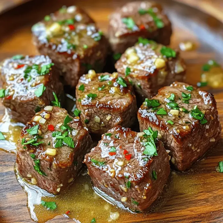 Für die Knoblauchbutter-Rinderbisschen brauche ich folgende Hauptzutaten: - 450 g Rindersirloin, in 2,5 cm große Würfel geschnitten - 4 Esslöffel ungesalzene Butter - 4 Knoblauchzehen, fein gehackt - 2 Esslöffel frische Petersilie, gehackt - Salz und Pfeffer nach Geschmack - 1 Teelöffel geräuchertes Paprikapulver - 1 Teelöffel Zitronensaft Diese Zutaten sind einfach zu finden und machen das Gericht lecker. Die Gewürze und Kräuter sind sehr wichtig für den Geschmack. Salz und Pfeffer sind ein Muss. Sie bringen die Aromen hervor. Geräuchertes Paprikapulver gibt eine besondere Note. Frische Petersilie sorgt für Farbe und Frische. Manchmal möchte ich mehr Geschmack. Ich füge dann zerstoßenen roten Pfeffer hinzu. Das gibt den Rinderbisschen eine scharfe Note. Ihr könnt auch andere Kräuter verwenden. Thymian oder Rosmarin passen gut. Wenn ihr es gerne frisch mögt, probiert frischen Schnittlauch. Für die vollständige Zubereitung schaut euch das [Full Recipe] an. Beginne mit dem Steak. Nimm 450 g Rindersirloin und schneide es in 2,5 cm große Würfel. Würze die Rinderwürfel großzügig mit Salz, Pfeffer und 1 Teelöffel geräuchertem Paprikapulver. Diese Gewürze geben dem Fleisch eine tolle Tiefe. Lass das Steak für 10 Minuten ruhen, damit die Gewürze gut einziehen. Erhitze eine große Pfanne bei mittlerer bis hoher Hitze. Füge 2 Esslöffel ungesalzene Butter hinzu. Wenn die Butter geschmolzen und schäumend ist, lege die gewürzten Rinderwürfel in die Pfanne. Brate sie für etwa 2-3 Minuten, bis sie eine schöne Kruste haben. Wende die Rinderbisschen mit einer Zange und brate die andere Seite für weitere 2-3 Minuten. Du solltest das Steak so garen, dass es medium-rare ist. Nimm die Rinderbisschen aus der Pfanne und stelle sie beiseite. Reduziere die Hitze auf niedrig. Gib die restlichen 2 Esslöffel Butter und 4 fein gehackte Knoblauchzehen in die Pfanne. Lass den Knoblauch 1-2 Minuten sautieren, bis er aromatisch ist, aber nicht anbrennt. Gib die Rinderbisschen zurück in die Pfanne. Beträufle sie mit 1 Teelöffel Zitronensaft und bestreue sie mit 2 Esslöffel gehackter Petersilie. Schwenke alles gut in der Knoblauchbutter-Natursauce. Wer es scharf mag, fügt etwas zerstoßenen roten Pfeffer hinzu. Serviere die Knoblauchbutter-Rinderbisschen heiß. Für das gesamte Rezept kannst du [Full Recipe] ansehen. Um den perfekten Gargrad zu erreichen, ist es wichtig, die Rinderbisschen nicht zu lange zu braten. Für medium-rare sollten sie etwa 2-3 Minuten pro Seite garen. Verwenden Sie ein Fleischthermometer, um sicherzustellen, dass die Innentemperatur etwa 55-57 °C erreicht. So bleibt das Steak saftig und zart. Um trockenes Steak zu vermeiden, würzen Sie die Rinderwürfel gut und lassen Sie diese vor dem Braten etwas ruhen. Das hilft, die Feuchtigkeit im Fleisch zu halten. Außerdem sollten Sie die Bisschen immer auf hoher Hitze anbraten. Dadurch entsteht eine schöne Kruste, die die Säfte einschließt. Die ideale Temperatur für das Braten ist mittelhoch. Wenn die Pfanne zu heiß ist, kann das Steak außen verbrennen, während es innen roh bleibt. Wenn sie zu kühl ist, wird das Steak nicht richtig angebraten. Achten Sie darauf, dass die Butter schäumt, bevor Sie die Rinderbisschen hinzufügen. So beginnen Sie den Kochprozess perfekt. Für eine vollständige Anleitung, schauen Sie sich das [Full Recipe] an. {{image_4}} Du kannst auch andere Fleischsorten für die Bisschen verwenden. Probiere Hähnchen oder Schweinefleisch. Diese Optionen sind zart und voller Geschmack. Rinderfilet ist klassisch, aber Hähnchenbrust kann ebenfalls gut funktionieren. Hähnchen braucht weniger Zeit zum Garen. Stelle sicher, dass es gut gewürzt ist. Möchtest du etwas Neues? Füge Kräuterbutter hinzu! Diese Butter ist einfach. Mische weiche Butter mit frischen Kräutern wie Rosmarin oder Thymian. Diese Kräuter geben den Bisschen einen frischen Geschmack. Du kannst auch Parmesan oder Zitronenschale einfügen. Diese Zutaten bringen den Geschmack auf ein neues Level. Die richtigen Beilagen machen das Gericht perfekt. Probiere gebratene Gemüse oder einen frischen Salat. Knusprige Pommes oder Reis passen auch gut dazu. Wenn du etwas Einfaches möchtest, sind Baguette oder Ciabatta ideal. Sie helfen, die köstliche Knoblauchbutter aufzusaugen. Du wirst begeistert sein von der Kombination! Um die übrig gebliebenen Rinderbisschen frisch zu halten, lege sie in einen luftdichten Behälter. Stelle sicher, dass die Bisschen vollständig abgekühlt sind, bevor du sie lagerst. So verhinderst du Feuchtigkeit und schütz die Textur. Du kannst sie auch in Frischhaltefolie einwickeln, wenn du keinen Behälter hast. Wenn du die Rinderbisschen aufwärmen möchtest, nutze die Pfanne oder die Mikrowelle. In der Pfanne erwärmst du sie bei mittlerer Hitze. Füge etwas Butter oder Öl hinzu, um die Feuchtigkeit zu bewahren. In der Mikrowelle lege die Bisschen auf einen Teller und decke sie mit einem feuchten Papiertuch ab. So bleiben sie saftig und zart. Im Kühlschrank halten sich die Rinderbisschen etwa drei bis vier Tage. Im Gefrierschrank kannst du sie bis zu drei Monate lagern. Achte darauf, sie gut einzupacken, um Gefrierbrand zu vermeiden. Wenn du sie wieder auftauen möchtest, lasse sie über Nacht im Kühlschrank. So bleiben sie geschmeidig und lecker. Knoblauchbutter-Rinderbisschen haben etwa 350 Kalorien pro Portion. Diese Zahl kann variieren, je nach Zutaten. Zum Beispiel erhöhen zusätzliche Fette oder Beilagen die Kalorienzahl. Um die Kalorien zu zählen, schauen Sie sich die einzelnen Zutaten an. Sie können auch eine App zur Kalorienzählung nutzen. So haben Sie eine genaue Übersicht. Ja, das Rezept lässt sich leicht für mehr Portionen anpassen. Verdoppeln oder verdreifachen Sie einfach die Zutaten. Achten Sie darauf, die Pfanne nicht zu überladen. Das kann das Anbraten erschweren. Braten Sie die Rinderbisschen in mehreren Chargen, um die beste Textur zu erhalten. So bleibt das Fleisch zart und saftig. Zu Knoblauchbutter-Rinderbisschen passen viele Beilagen. Hier sind einige Vorschläge: - Kartoffelpüree für eine cremige Textur. - Gegrilltes Gemüse für eine gesunde Note. - Salat für Frische und Crunch. - Reis oder Quinoa für eine sättigende Basis. Diese Beilagen ergänzen das Gericht perfekt. Sie bringen neue Aromen und Farben auf den Teller. In diesem Artikel haben wir die Hauptzutaten für Knoblauchbutter-Rinderbisschen besprochen. Die Schritt-für-Schritt-Anleitung zeigte, wie man das Steak perfekt zubereitet. Tipps helfen dir, Gargrad und Textur zu meistern. Zudem hast du Variationen und Lagerungshinweise kennengelernt. Verwandle deine Küche mit diesen einfachen Rezepten. Probier verschiedene Zutaten aus und finde deinen Favoriten. So machst du deine Rinderbisschen zu etwas ganz Besonderem.