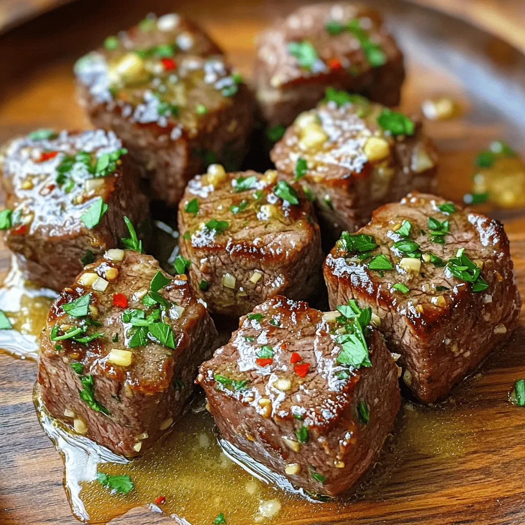 Für die Knoblauchbutter-Rinderbisschen brauche ich folgende Hauptzutaten: - 450 g Rindersirloin, in 2,5 cm große Würfel geschnitten - 4 Esslöffel ungesalzene Butter - 4 Knoblauchzehen, fein gehackt - 2 Esslöffel frische Petersilie, gehackt - Salz und Pfeffer nach Geschmack - 1 Teelöffel geräuchertes Paprikapulver - 1 Teelöffel Zitronensaft Diese Zutaten sind einfach zu finden und machen das Gericht lecker. Die Gewürze und Kräuter sind sehr wichtig für den Geschmack. Salz und Pfeffer sind ein Muss. Sie bringen die Aromen hervor. Geräuchertes Paprikapulver gibt eine besondere Note. Frische Petersilie sorgt für Farbe und Frische. Manchmal möchte ich mehr Geschmack. Ich füge dann zerstoßenen roten Pfeffer hinzu. Das gibt den Rinderbisschen eine scharfe Note. Ihr könnt auch andere Kräuter verwenden. Thymian oder Rosmarin passen gut. Wenn ihr es gerne frisch mögt, probiert frischen Schnittlauch. Für die vollständige Zubereitung schaut euch das [Full Recipe] an. Beginne mit dem Steak. Nimm 450 g Rindersirloin und schneide es in 2,5 cm große Würfel. Würze die Rinderwürfel großzügig mit Salz, Pfeffer und 1 Teelöffel geräuchertem Paprikapulver. Diese Gewürze geben dem Fleisch eine tolle Tiefe. Lass das Steak für 10 Minuten ruhen, damit die Gewürze gut einziehen. Erhitze eine große Pfanne bei mittlerer bis hoher Hitze. Füge 2 Esslöffel ungesalzene Butter hinzu. Wenn die Butter geschmolzen und schäumend ist, lege die gewürzten Rinderwürfel in die Pfanne. Brate sie für etwa 2-3 Minuten, bis sie eine schöne Kruste haben. Wende die Rinderbisschen mit einer Zange und brate die andere Seite für weitere 2-3 Minuten. Du solltest das Steak so garen, dass es medium-rare ist. Nimm die Rinderbisschen aus der Pfanne und stelle sie beiseite. Reduziere die Hitze auf niedrig. Gib die restlichen 2 Esslöffel Butter und 4 fein gehackte Knoblauchzehen in die Pfanne. Lass den Knoblauch 1-2 Minuten sautieren, bis er aromatisch ist, aber nicht anbrennt. Gib die Rinderbisschen zurück in die Pfanne. Beträufle sie mit 1 Teelöffel Zitronensaft und bestreue sie mit 2 Esslöffel gehackter Petersilie. Schwenke alles gut in der Knoblauchbutter-Natursauce. Wer es scharf mag, fügt etwas zerstoßenen roten Pfeffer hinzu. Serviere die Knoblauchbutter-Rinderbisschen heiß. Für das gesamte Rezept kannst du [Full Recipe] ansehen. Um den perfekten Gargrad zu erreichen, ist es wichtig, die Rinderbisschen nicht zu lange zu braten. Für medium-rare sollten sie etwa 2-3 Minuten pro Seite garen. Verwenden Sie ein Fleischthermometer, um sicherzustellen, dass die Innentemperatur etwa 55-57 °C erreicht. So bleibt das Steak saftig und zart. Um trockenes Steak zu vermeiden, würzen Sie die Rinderwürfel gut und lassen Sie diese vor dem Braten etwas ruhen. Das hilft, die Feuchtigkeit im Fleisch zu halten. Außerdem sollten Sie die Bisschen immer auf hoher Hitze anbraten. Dadurch entsteht eine schöne Kruste, die die Säfte einschließt. Die ideale Temperatur für das Braten ist mittelhoch. Wenn die Pfanne zu heiß ist, kann das Steak außen verbrennen, während es innen roh bleibt. Wenn sie zu kühl ist, wird das Steak nicht richtig angebraten. Achten Sie darauf, dass die Butter schäumt, bevor Sie die Rinderbisschen hinzufügen. So beginnen Sie den Kochprozess perfekt. Für eine vollständige Anleitung, schauen Sie sich das [Full Recipe] an. {{image_4}} Du kannst auch andere Fleischsorten für die Bisschen verwenden. Probiere Hähnchen oder Schweinefleisch. Diese Optionen sind zart und voller Geschmack. Rinderfilet ist klassisch, aber Hähnchenbrust kann ebenfalls gut funktionieren. Hähnchen braucht weniger Zeit zum Garen. Stelle sicher, dass es gut gewürzt ist. Möchtest du etwas Neues? Füge Kräuterbutter hinzu! Diese Butter ist einfach. Mische weiche Butter mit frischen Kräutern wie Rosmarin oder Thymian. Diese Kräuter geben den Bisschen einen frischen Geschmack. Du kannst auch Parmesan oder Zitronenschale einfügen. Diese Zutaten bringen den Geschmack auf ein neues Level. Die richtigen Beilagen machen das Gericht perfekt. Probiere gebratene Gemüse oder einen frischen Salat. Knusprige Pommes oder Reis passen auch gut dazu. Wenn du etwas Einfaches möchtest, sind Baguette oder Ciabatta ideal. Sie helfen, die köstliche Knoblauchbutter aufzusaugen. Du wirst begeistert sein von der Kombination! Um die übrig gebliebenen Rinderbisschen frisch zu halten, lege sie in einen luftdichten Behälter. Stelle sicher, dass die Bisschen vollständig abgekühlt sind, bevor du sie lagerst. So verhinderst du Feuchtigkeit und schütz die Textur. Du kannst sie auch in Frischhaltefolie einwickeln, wenn du keinen Behälter hast. Wenn du die Rinderbisschen aufwärmen möchtest, nutze die Pfanne oder die Mikrowelle. In der Pfanne erwärmst du sie bei mittlerer Hitze. Füge etwas Butter oder Öl hinzu, um die Feuchtigkeit zu bewahren. In der Mikrowelle lege die Bisschen auf einen Teller und decke sie mit einem feuchten Papiertuch ab. So bleiben sie saftig und zart. Im Kühlschrank halten sich die Rinderbisschen etwa drei bis vier Tage. Im Gefrierschrank kannst du sie bis zu drei Monate lagern. Achte darauf, sie gut einzupacken, um Gefrierbrand zu vermeiden. Wenn du sie wieder auftauen möchtest, lasse sie über Nacht im Kühlschrank. So bleiben sie geschmeidig und lecker. Knoblauchbutter-Rinderbisschen haben etwa 350 Kalorien pro Portion. Diese Zahl kann variieren, je nach Zutaten. Zum Beispiel erhöhen zusätzliche Fette oder Beilagen die Kalorienzahl. Um die Kalorien zu zählen, schauen Sie sich die einzelnen Zutaten an. Sie können auch eine App zur Kalorienzählung nutzen. So haben Sie eine genaue Übersicht. Ja, das Rezept lässt sich leicht für mehr Portionen anpassen. Verdoppeln oder verdreifachen Sie einfach die Zutaten. Achten Sie darauf, die Pfanne nicht zu überladen. Das kann das Anbraten erschweren. Braten Sie die Rinderbisschen in mehreren Chargen, um die beste Textur zu erhalten. So bleibt das Fleisch zart und saftig. Zu Knoblauchbutter-Rinderbisschen passen viele Beilagen. Hier sind einige Vorschläge: - Kartoffelpüree für eine cremige Textur. - Gegrilltes Gemüse für eine gesunde Note. - Salat für Frische und Crunch. - Reis oder Quinoa für eine sättigende Basis. Diese Beilagen ergänzen das Gericht perfekt. Sie bringen neue Aromen und Farben auf den Teller. In diesem Artikel haben wir die Hauptzutaten für Knoblauchbutter-Rinderbisschen besprochen. Die Schritt-für-Schritt-Anleitung zeigte, wie man das Steak perfekt zubereitet. Tipps helfen dir, Gargrad und Textur zu meistern. Zudem hast du Variationen und Lagerungshinweise kennengelernt. Verwandle deine Küche mit diesen einfachen Rezepten. Probier verschiedene Zutaten aus und finde deinen Favoriten. So machst du deine Rinderbisschen zu etwas ganz Besonderem.