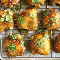 Um die köstlichen Crispy Hoisin Chicken Thighs zuzubereiten, benötigen Sie: - 4 Hühnchenkeulen mit Knochen und Haut - 3 Esslöffel Hoisinsauce - 1 Esslöffel Sojasauce - 1 Esslöffel Honig - 1 Teelöffel Sesamöl - 2 Knoblauchzehen, fein gehackt - 1 Stück frischer Ingwer (ca. 2,5 cm), gerieben - 1 Esslöffel Reisessig - Salz und Pfeffer nach Geschmack - Frischer Koriander zur Garnitur - Sesamsamen zur Garnitur Diese Zutaten sorgen für einen tollen Geschmack und eine knusprige Haut. Wenn Sie keine Hühnchenkeulen haben, können Sie auch Hähnchenbrust oder Flügel verwenden. Beide Teile sind zart und nehmen die Marinade gut auf. Für eine vegetarische Option können Sie Tofu oder Tempeh verwenden. Achten Sie darauf, diese gut zu marinieren, um den besten Geschmack zu erzielen. Die Marinade ist der Schlüssel zu diesem Rezept. Sie besteht aus einer Mischung von Hoisinsauce, Sojasauce, Honig, Sesamöl und frischen Gewürzen. Diese Kombination bringt süße und salzige Aromen zusammen. Die Knoblauchzehen und der Ingwer verleihen der Marinade eine angenehme Schärfe. Reisessig fügt eine Säure hinzu, die das Gericht ausgleicht. Für die beste Marinade lassen Sie das Hühnchen mindestens 30 Minuten ruhen. Wenn Sie mehr Zeit haben, lassen Sie es bis zu 2 Stunden im Kühlschrank marinieren. So wird das Hühnchen besonders zart und aromatisch. Das ist die Basis für die perfekten Crispy Hoisin Chicken Thighs. Wenn Sie mehr erfahren möchten, schauen Sie sich das Full Recipe an. Zuerst heizen Sie den Ofen auf 220°C vor. Das sorgt für eine gleichmäßige Hitze. Nehmen Sie eine große Schüssel. Dort mischen Sie die Hoisinsauce, Sojasauce, Honig, Sesamöl, gehackten Knoblauch, geriebenen Ingwer und Reisessig. Rühren Sie alles gut um, bis es eine glatte Mischung ergibt. Jetzt tupfen Sie die Hühnchenkeulen mit Küchenpapier trocken. Würzen Sie sie großzügig mit Salz und Pfeffer. Dies hebt den Geschmack hervor und macht das Hühnchen lecker. Legen Sie die Keulen in die Schüssel oder in einen Beutel. Gießen Sie die Marinade darüber. Achten Sie darauf, dass jede Keule gut bedeckt ist. Lassen Sie sie mindestens 30 Minuten marinieren. Für mehr Geschmack können Sie sie bis zu 2 Stunden im Kühlschrank lassen. Das Marinieren ist der Schlüssel für Geschmack. Die Hoisinsauce bringt eine süße und würzige Note. Die anderen Zutaten fügen Tiefe hinzu. Das Hühnchen saugt die Aromen auf. Nach der Marinierzeit wird es saftig und vollmundig. Nach dem Marinieren legen Sie ein Backblech mit Aluminiumfolie oder Backpapier aus. So wird die Reinigung einfach. Stellen Sie ein Gitterrost darauf. Das hilft der Luftzirkulation. Legen Sie die Hühnchenkeulen mit der Hautseite nach oben auf das Rost. Achten Sie darauf, dass sie sich nicht berühren. Jetzt backen Sie die Hühnchenkeulen im Ofen. Lassen Sie sie 35-40 Minuten backen. Überprüfen Sie die Innentemperatur. Sie sollte 74°C erreichen. Die Haut sollte goldbraun und knusprig sein. Wenn Sie eine extra knusprige Haut mögen, legen Sie die Keulen für die letzten 2-3 Minuten unter den Grill. Achten Sie darauf, dass sie nicht anbrennen. Nach dem Backen nehmen Sie das Blech heraus. Lassen Sie die Keulen 5 Minuten ruhen. Dies hilft dem Fleisch, saftig zu bleiben. Garnieren Sie das Hühnchen mit frischem Koriander und Sesamsamen. So sieht es schön aus und schmeckt noch besser. Für die genauen Schritte und Maße schauen Sie sich das Full Recipe an. Um die perfekte Kruste zu erreichen, müssen Sie die Haut gut vorbereiten. Tupfen Sie die Hühnchenkeulen mit einem Papiertuch trocken. Dies entfernt überschüssige Feuchtigkeit und hilft der Haut, knusprig zu werden. Würzen Sie die Hautseite großzügig mit Salz und Pfeffer. Salz zieht Feuchtigkeit an und macht die Haut knusprig. Verwenden Sie ein Gitterrost, wenn Sie die Hühnchenkeulen backen. So kann die Luft zirkulieren und die Haut wird gleichmäßig knusprig. Ein häufiger Fehler ist, die Hühnchenkeulen zu nah beieinander zu legen. Wenn sie sich berühren, wird die Haut nicht knusprig. Ein weiterer Fehler ist, die Marinade nicht lange genug einziehen zu lassen. Lassen Sie die Keulen mindestens 30 Minuten einziehen, besser noch länger. Achten Sie auch darauf, die Temperatur des Ofens gut zu kontrollieren. Zu niedrige Temperaturen führen zu weicher Haut. Servieren Sie die Hühnchenkeulen mit frischem Koriander und Sesamsamen. Diese Garnitur gibt nicht nur Farbe, sondern auch Geschmack. Ein frischer Salat passt gut dazu. Sie können auch Reis oder Gemüsebeilagen servieren. Probieren Sie gebratene Pak Choi oder gebratenen Brokkoli als Beilage. Diese ergänzen das Gericht perfekt und bringen Farbe auf den Teller. Für eine süß-säuerliche Note, reichen Sie etwas Reisessig dazu. {{image_4}} Möchten Sie diese köstlichen Hühnchenkeulen glutenfrei machen? Das ist einfach! Ersetzen Sie die Sojasauce durch glutenfreie Tamari-Sojasauce. Diese Sauce hat den gleichen herzhaften Geschmack, aber ohne Gluten. Achten Sie darauf, auch die Hoisinsauce zu wählen, die glutenfrei ist. Viele Marken bieten bereits glutenfreie Varianten an. So bleibt der Geschmack voll und das Gericht sicher für alle. Das richtige Gemüse macht Ihr Gericht noch besser. Hier sind einige tolle Optionen. - Gedünsteter Brokkoli: Er ist knackig und passt wunderbar zu den süßen und salzigen Aromen des Hühnchens. - Karotten: Sie können sie dünn schneiden und anbraten oder dämpfen. Ihre Süße ergänzt die Hoisinsauce. - Paprika: Sie bringen Farbe und einen leichten Crunch. Einfach in Streifen schneiden und kurz anbraten. Sie können das Gemüse während der letzten 10 Minuten des Backens mit in den Ofen geben. So garen sie perfekt und nehmen den Geschmack der Marinade auf. Asiatische Beilagen runden Ihr Essen ab. Hier sind einige Ideen, die gut zu den Hühnchenkeulen passen. - Jasminreis: Er ist aromatisch und nimmt die Saucen gut auf. Kochen Sie ihn einfach nach Packungsanleitung. - Gebratener Reis: Fügen Sie etwas Gemüse und Eier hinzu. Das gibt Ihrem Gericht mehr Textur und Geschmack. - Miso-Suppe: Diese warme Suppe ist leicht und voller Umami. Sie ist ein idealer Start für Ihr Menü. Sie können auch eine kleine Schüssel Pickles oder Kimchi dazugeben. Das bringt eine frische Note und ein wenig Schärfe ins Spiel. Wenn Sie mehr Ideen brauchen, schauen Sie sich das Full Recipe an. Wenn du nach dem Essen noch Hühnchenkeulen übrig hast, lass sie zuerst abkühlen. Packe die Keulen dann in einen luftdichten Behälter. So bleiben sie frisch und saftig. Du kannst sie im Kühlschrank bis zu drei Tage aufbewahren. Du kannst sie auch in einer Schüssel mit Frischhaltefolie abdecken. Wenn du Hühnchen marinierst und nicht sofort kochst, kannst du es einfrieren. Lege die marinierten Keulen in einen Gefrierbeutel. Drücke die Luft heraus, bevor du den Beutel verschließt. So bleibt der Geschmack erhalten. Das Hühnchen kann bis zu drei Monate im Gefrierfach bleiben. Achte darauf, die Keulen vor dem Kochen im Kühlschrank aufzutauen. Um die Reste wieder warm zu machen, benutze den Ofen. Heize ihn auf 180°C vor. Lege die Hühnchenkeulen auf ein Blech und decke sie mit Alufolie ab. So bleiben sie saftig. Erhitze sie für etwa 15 bis 20 Minuten. Du kannst auch die Mikrowelle nutzen, aber die Haut wird nicht knusprig. Für den besten Geschmack empfehle ich den Ofen. Für die genaue Zubereitung, schaue dir die Full Recipe an. Die Hühnchenkeulen sollten mindestens 30 Minuten marinieren. Wenn Sie mehr Geschmack möchten, lassen Sie sie bis zu 2 Stunden im Kühlschrank. Die Marinade zieht besser ein und macht das Fleisch zarter. Ja, Sie können auch Bruststücke oder Flügel verwenden. Denken Sie daran, die Garzeit anzupassen. Bruststücke brauchen weniger Zeit, etwa 25-30 Minuten. Flügel sind schneller durch, in etwa 20-25 Minuten. Achten Sie darauf, die Innentemperatur zu überprüfen. Sie sollte immer 74°C (165°F) betragen. Sie können Teriyaki-Sauce als Ersatz nutzen. Sie hat einen ähnlichen süßlichen Geschmack. Eine Mischung aus Sojasauce und Honig funktioniert auch gut. Experimentieren Sie mit diesen Alternativen, um Ihren eigenen Twist zu finden. Crispy Hoisin Chicken Thighs sind einfach zuzubereiten. Wir haben die Hauptzutaten, Alternativen und Gewürze besprochen. Die Schritt-für-Schritt-Anleitung hilft dir, perfekt zu marinieren und zu backen. Tipps sorgen für die richtige Kruste und vermeiden Fehler. Variationen zeigen, wie du das Gericht anpassen kannst. Auch die Aufbewahrung und häufige Fragen haben wir geklärt. Jetzt kannst du dieses leckere Gericht mit Zuversicht kochen!
