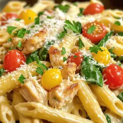 Um eine köstliche Würzige Hühnchen-Ranch-Pasta zu machen, benötigst du folgende Zutaten: - 2 Tassen Penne-Nudeln - 450 g Hähnchenbrustfilets ohne Haut, gewürfelt - 1 Esslöffel Olivenöl - 1 Päckchen Ranch-Dressing-Mix (ca. 28 g) - 240 ml Hühnerbrühe - 240 ml Sahne - 1 Tasse Kirschtomaten, halbiert - 1 Tasse frischer Spinat - 1 Teelöffel Knoblauchpulver - 1 Teelöffel Zwiebelpulver - Salz und Pfeffer nach Geschmack - 120 g geriebener Parmesan - Frische Petersilie zum Garnieren Frische Zutaten machen dein Gericht besser. Achte darauf, dass dein Hähnchen frisch ist. Überprüfe das Haltbarkeitsdatum. Verwende frischen Spinat, er hat mehr Geschmack. Kirschtomaten sollten fest und leuchtend sein. Wenn du die Wahl hast, greife nach Bio-Produkten. Diese sind oft geschmackvoller und gesünder. Wenn du keine Penne-Nudeln hast, probiere Fusilli oder Farfalle. Diese Nudeln halten die Sauce gut. Statt Hähnchen kannst du auch Putenbrust oder vegetarische Alternativen verwenden. Für eine cremigere Sauce kannst du auch Frischkäse statt Sahne nutzen. Experimentiere mit verschiedenen Kräutern. Frischer Basilikum oder Oregano geben einen tollen Geschmack. Für mehr Schärfe füge etwas Chili oder Paprika hinzu. Koch die Penne-Nudeln in einem großen Topf. Verwende dafür gesalzenes, sprudelndes Wasser. Folge den Anweisungen auf der Verpackung. Die Nudeln sollten al dente sein. Das dauert etwa 10 bis 12 Minuten. Wenn sie fertig sind, gieße das Wasser ab. Stelle die Nudeln beiseite, während du das Hühnchen und die Sauce vorbereitest. Nimm eine große Pfanne und stelle sie auf mittlere Hitze. Gib einen Esslöffel Olivenöl hinein und lass es heiß werden. Füge die gewürfelten Hähnchenbruststücke hinzu. Würze sie mit Knoblauchpulver, Zwiebelpulver, Salz und Pfeffer. Brate das Hühnchen für etwa 5 bis 7 Minuten. Es sollte goldbraun und durchgegart sein. Rühre das Hühnchen während des Bratens um, damit es gleichmäßig gart. Nehme die Pfanne mit dem Hühnchen vom Herd. Gib die Hühnerbrühe und den Ranch-Dressing-Mix hinein. Rühre alles gut um und bring es zum Köcheln. Reduziere dann die Hitze. Lass die Mischung bei niedriger Hitze köcheln. Gieße langsam die Sahne dazu, während du ständig rührst. Lass die Sauce für 2 bis 3 Minuten köcheln, bis sie dick wird. Füge nun die halbierten Kirschtomaten und den frischen Spinat hinzu. Rühre, bis der Spinat verwelkt ist. Jetzt kannst du die gekochten Penne-Nudeln vorsichtig unterrühren. Achte darauf, dass sie gleichmäßig mit der Sauce bedeckt sind. Lass alles für weitere 2 bis 3 Minuten erhitzen. Jetzt ist die Pasta bereit zum Servieren. Wenn du noch etwas Parmesan hinzufügen möchtest, ist das eine gute Idee. Um die Sauce perfekt zu machen, achte darauf, die Hühnerbrühe und den Ranch-Dressing-Mix gut zu mischen. Das gibt der Sauce den besten Geschmack. Rühre die Mischung oft um, wenn sie köchelt. So bleibt die Sauce glatt und cremig. Die Sahne füge ich langsam hinzu. Sie macht die Sauce reichhaltig. Wenn du sie zu schnell hinzufügst, kann sie gerinnen. Für eine dickere Sauce kannst du mehr Parmesan verwenden. Der Käse hilft auch, die Sauce zu binden. Wenn die Sauce zu dünn ist, füge einen Esslöffel Mehl hinzu. Mische es gut, bevor du die Sahne hinzugibst. Eine weitere Option ist, die Sauce ein wenig länger köcheln zu lassen. So verdampft etwas Flüssigkeit und die Sauce wird dicker. Ein häufiger Fehler ist, die Pasta zu lange zu kochen. Achte darauf, sie al dente zu machen. Das sorgt für den besten Biss. Ein anderer Fehler ist, die Hitze zu hoch zu stellen. Zu hohe Hitze kann die Sauce anbrennen. Halte die Hitze niedrig, besonders nach dem Hinzufügen der Sahne. So bleibt die Sauce schön cremig. Das sind einige Tipps, die dir helfen werden, die Würzige Hühnchen Ranch Pasta perfekt zu machen. Probiere die Full Recipe aus für die besten Ergebnisse! {{image_4}} Wenn du eine vegetarische Option suchst, ersetze das Hühnchen durch Tofu oder Kichererbsen. Tofu nimmt die Aromen gut auf. Kichererbsen sind proteinreich und geben der Pasta mehr Biss. Du kannst auch gebratene Pilze hinzufügen, um einen herzhaften Geschmack zu erhalten. Diese Alternativen machen das Gericht nahrhaft und lecker. Um den Geschmack zu verstärken, füge einige frische Kräuter hinzu. Basilikum und Oregano passen gut zu diesem Gericht. Auch geröstete Paprika oder Oliven können den Geschmack intensivieren. Wenn du es scharf magst, füge etwas Chili oder Cayennepfeffer hinzu. Diese kleinen Anpassungen bringen neue Aromen in deine Pasta. Du kannst verschiedene Nudelsorten verwenden, um das Gericht zu verändern. Spaghetti, Farfalle oder Fusilli funktionieren gut. Jede Nudel hat eine andere Textur, die die Sauce anders aufnimmt. Probiere Vollkornnudeln für mehr Ballaststoffe. Wenn du glutenfrei bist, gibt es viele glutenfreie Optionen, die ebenfalls köstlich sind. Nutze die Vielfalt, um deine Pasta immer neu zu gestalten. Um die Reste der würzigen Hühnchen Ranch Pasta richtig zu lagern, sollten Sie sie in einem luftdichten Behälter aufbewahren. Lassen Sie die Pasta zuerst auf Raumtemperatur abkühlen. So vermeiden Sie, dass sich Kondenswasser bildet. Danach können Sie die Reste bis zu drei Tage im Kühlschrank aufbewahren. Wenn Sie eine größere Menge machen, ist das praktisch für schnelle Mahlzeiten an stressigen Tagen. Um die Pasta wieder warm zu machen, gibt es einige einfache Schritte. Sie können die Reste in einer Pfanne bei mittlerer Hitze aufwärmen. Fügen Sie einen kleinen Schuss Hühnerbrühe oder etwas Sahne hinzu, um die Sauce wieder cremig zu machen. Alternativ können Sie die Pasta in der Mikrowelle aufwärmen. Decken Sie die Schüssel mit einem feuchten Papiertuch ab, um die Feuchtigkeit zu halten. Erwärmen Sie die Pasta in Intervallen von 30 Sekunden, bis sie heiß ist. Die würzige Hühnchen Ranch Pasta bleibt im Kühlschrank drei bis vier Tage frisch. Wenn Sie die Pasta länger aufbewahren möchten, können Sie sie auch einfrieren. Teilen Sie die Portionen in geeignete Behälter auf und lassen Sie dabei etwas Platz für die Ausdehnung. Die Pasta kann bis zu drei Monate im Gefrierfach bleiben. Zum Auftauen stellen Sie die Behälter einfach über Nacht in den Kühlschrank. So haben Sie immer eine schnelle Mahlzeit bereit. Um die Würzige Hühnchen-Ranch-Pasta noch würziger zu machen, probiere diese Tipps: - Füge frische Chili oder Cayennepfeffer hinzu. - Verwende scharfen Ranch-Dressing-Mix. - Mische in die Sauce etwas scharfe Soße. - Nutze geräucherte Paprika für einen tiefen Geschmack. Diese kleinen Änderungen machen die Pasta spannend und lecker. Ja, du kannst das Rezept im Voraus zubereiten. Koche die Pasta und das Hühnchen. Mische die Sauce und das Gemüse. Fülle alles in einen Behälter und kühle es. Wenn du bereit bist zu essen, erwärme alles in einer Pfanne oder in der Mikrowelle. Es ist einfach und spart Zeit. Zu dieser Pasta passen viele Beilagen gut. Hier sind einige Ideen: - Ein frischer, grüner Salat. - Knuspriges Brot oder Knoblauchbrot. - Gedünstetes Gemüse wie Brokkoli oder Zucchini. - Ein einfacher Joghurt-Dip für einen frischen Kontrast. Diese Beilagen ergänzen die Pasta wunderbar und machen das Essen noch besser. Die Würzige Hühnchen-Ranch-Pasta ist einfach zuzubereiten. Wir haben Zutaten, Kochanleitung, Tipps und Variationen besprochen. Frische Zutaten machen einen großen Unterschied. Wählen Sie die besten Alternativen aus. Achten Sie beim Kochen auf die Sauce, um Fehler zu vermeiden. Diese Pasta ist vielseitig und passt zu vielen Geschmäckern. Denken Sie daran, wie Sie Reste lagern und aufwärmen können. Experimentieren Sie mit neuen Zutaten und machen Sie das Rezept zu Ihrem eigenen. Durch diese einfachen Schritte wird Ihr Gericht zum Hit!