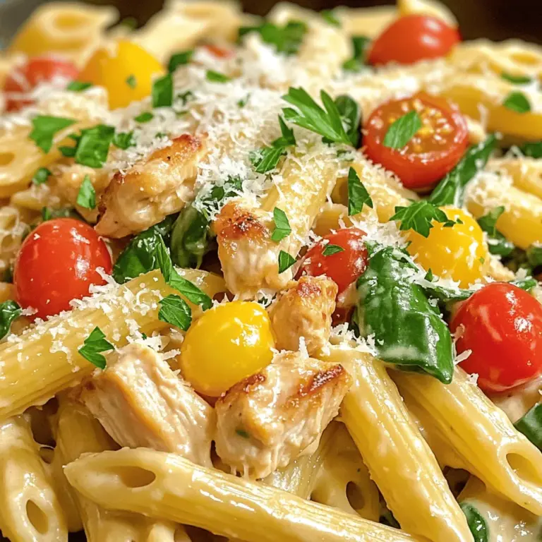 Um eine köstliche Würzige Hühnchen-Ranch-Pasta zu machen, benötigst du folgende Zutaten: - 2 Tassen Penne-Nudeln - 450 g Hähnchenbrustfilets ohne Haut, gewürfelt - 1 Esslöffel Olivenöl - 1 Päckchen Ranch-Dressing-Mix (ca. 28 g) - 240 ml Hühnerbrühe - 240 ml Sahne - 1 Tasse Kirschtomaten, halbiert - 1 Tasse frischer Spinat - 1 Teelöffel Knoblauchpulver - 1 Teelöffel Zwiebelpulver - Salz und Pfeffer nach Geschmack - 120 g geriebener Parmesan - Frische Petersilie zum Garnieren Frische Zutaten machen dein Gericht besser. Achte darauf, dass dein Hähnchen frisch ist. Überprüfe das Haltbarkeitsdatum. Verwende frischen Spinat, er hat mehr Geschmack. Kirschtomaten sollten fest und leuchtend sein. Wenn du die Wahl hast, greife nach Bio-Produkten. Diese sind oft geschmackvoller und gesünder. Wenn du keine Penne-Nudeln hast, probiere Fusilli oder Farfalle. Diese Nudeln halten die Sauce gut. Statt Hähnchen kannst du auch Putenbrust oder vegetarische Alternativen verwenden. Für eine cremigere Sauce kannst du auch Frischkäse statt Sahne nutzen. Experimentiere mit verschiedenen Kräutern. Frischer Basilikum oder Oregano geben einen tollen Geschmack. Für mehr Schärfe füge etwas Chili oder Paprika hinzu. Koch die Penne-Nudeln in einem großen Topf. Verwende dafür gesalzenes, sprudelndes Wasser. Folge den Anweisungen auf der Verpackung. Die Nudeln sollten al dente sein. Das dauert etwa 10 bis 12 Minuten. Wenn sie fertig sind, gieße das Wasser ab. Stelle die Nudeln beiseite, während du das Hühnchen und die Sauce vorbereitest. Nimm eine große Pfanne und stelle sie auf mittlere Hitze. Gib einen Esslöffel Olivenöl hinein und lass es heiß werden. Füge die gewürfelten Hähnchenbruststücke hinzu. Würze sie mit Knoblauchpulver, Zwiebelpulver, Salz und Pfeffer. Brate das Hühnchen für etwa 5 bis 7 Minuten. Es sollte goldbraun und durchgegart sein. Rühre das Hühnchen während des Bratens um, damit es gleichmäßig gart. Nehme die Pfanne mit dem Hühnchen vom Herd. Gib die Hühnerbrühe und den Ranch-Dressing-Mix hinein. Rühre alles gut um und bring es zum Köcheln. Reduziere dann die Hitze. Lass die Mischung bei niedriger Hitze köcheln. Gieße langsam die Sahne dazu, während du ständig rührst. Lass die Sauce für 2 bis 3 Minuten köcheln, bis sie dick wird. Füge nun die halbierten Kirschtomaten und den frischen Spinat hinzu. Rühre, bis der Spinat verwelkt ist. Jetzt kannst du die gekochten Penne-Nudeln vorsichtig unterrühren. Achte darauf, dass sie gleichmäßig mit der Sauce bedeckt sind. Lass alles für weitere 2 bis 3 Minuten erhitzen. Jetzt ist die Pasta bereit zum Servieren. Wenn du noch etwas Parmesan hinzufügen möchtest, ist das eine gute Idee. Um die Sauce perfekt zu machen, achte darauf, die Hühnerbrühe und den Ranch-Dressing-Mix gut zu mischen. Das gibt der Sauce den besten Geschmack. Rühre die Mischung oft um, wenn sie köchelt. So bleibt die Sauce glatt und cremig. Die Sahne füge ich langsam hinzu. Sie macht die Sauce reichhaltig. Wenn du sie zu schnell hinzufügst, kann sie gerinnen. Für eine dickere Sauce kannst du mehr Parmesan verwenden. Der Käse hilft auch, die Sauce zu binden. Wenn die Sauce zu dünn ist, füge einen Esslöffel Mehl hinzu. Mische es gut, bevor du die Sahne hinzugibst. Eine weitere Option ist, die Sauce ein wenig länger köcheln zu lassen. So verdampft etwas Flüssigkeit und die Sauce wird dicker. Ein häufiger Fehler ist, die Pasta zu lange zu kochen. Achte darauf, sie al dente zu machen. Das sorgt für den besten Biss. Ein anderer Fehler ist, die Hitze zu hoch zu stellen. Zu hohe Hitze kann die Sauce anbrennen. Halte die Hitze niedrig, besonders nach dem Hinzufügen der Sahne. So bleibt die Sauce schön cremig. Das sind einige Tipps, die dir helfen werden, die Würzige Hühnchen Ranch Pasta perfekt zu machen. Probiere die Full Recipe aus für die besten Ergebnisse! {{image_4}} Wenn du eine vegetarische Option suchst, ersetze das Hühnchen durch Tofu oder Kichererbsen. Tofu nimmt die Aromen gut auf. Kichererbsen sind proteinreich und geben der Pasta mehr Biss. Du kannst auch gebratene Pilze hinzufügen, um einen herzhaften Geschmack zu erhalten. Diese Alternativen machen das Gericht nahrhaft und lecker. Um den Geschmack zu verstärken, füge einige frische Kräuter hinzu. Basilikum und Oregano passen gut zu diesem Gericht. Auch geröstete Paprika oder Oliven können den Geschmack intensivieren. Wenn du es scharf magst, füge etwas Chili oder Cayennepfeffer hinzu. Diese kleinen Anpassungen bringen neue Aromen in deine Pasta. Du kannst verschiedene Nudelsorten verwenden, um das Gericht zu verändern. Spaghetti, Farfalle oder Fusilli funktionieren gut. Jede Nudel hat eine andere Textur, die die Sauce anders aufnimmt. Probiere Vollkornnudeln für mehr Ballaststoffe. Wenn du glutenfrei bist, gibt es viele glutenfreie Optionen, die ebenfalls köstlich sind. Nutze die Vielfalt, um deine Pasta immer neu zu gestalten. Um die Reste der würzigen Hühnchen Ranch Pasta richtig zu lagern, sollten Sie sie in einem luftdichten Behälter aufbewahren. Lassen Sie die Pasta zuerst auf Raumtemperatur abkühlen. So vermeiden Sie, dass sich Kondenswasser bildet. Danach können Sie die Reste bis zu drei Tage im Kühlschrank aufbewahren. Wenn Sie eine größere Menge machen, ist das praktisch für schnelle Mahlzeiten an stressigen Tagen. Um die Pasta wieder warm zu machen, gibt es einige einfache Schritte. Sie können die Reste in einer Pfanne bei mittlerer Hitze aufwärmen. Fügen Sie einen kleinen Schuss Hühnerbrühe oder etwas Sahne hinzu, um die Sauce wieder cremig zu machen. Alternativ können Sie die Pasta in der Mikrowelle aufwärmen. Decken Sie die Schüssel mit einem feuchten Papiertuch ab, um die Feuchtigkeit zu halten. Erwärmen Sie die Pasta in Intervallen von 30 Sekunden, bis sie heiß ist. Die würzige Hühnchen Ranch Pasta bleibt im Kühlschrank drei bis vier Tage frisch. Wenn Sie die Pasta länger aufbewahren möchten, können Sie sie auch einfrieren. Teilen Sie die Portionen in geeignete Behälter auf und lassen Sie dabei etwas Platz für die Ausdehnung. Die Pasta kann bis zu drei Monate im Gefrierfach bleiben. Zum Auftauen stellen Sie die Behälter einfach über Nacht in den Kühlschrank. So haben Sie immer eine schnelle Mahlzeit bereit. Um die Würzige Hühnchen-Ranch-Pasta noch würziger zu machen, probiere diese Tipps: - Füge frische Chili oder Cayennepfeffer hinzu. - Verwende scharfen Ranch-Dressing-Mix. - Mische in die Sauce etwas scharfe Soße. - Nutze geräucherte Paprika für einen tiefen Geschmack. Diese kleinen Änderungen machen die Pasta spannend und lecker. Ja, du kannst das Rezept im Voraus zubereiten. Koche die Pasta und das Hühnchen. Mische die Sauce und das Gemüse. Fülle alles in einen Behälter und kühle es. Wenn du bereit bist zu essen, erwärme alles in einer Pfanne oder in der Mikrowelle. Es ist einfach und spart Zeit. Zu dieser Pasta passen viele Beilagen gut. Hier sind einige Ideen: - Ein frischer, grüner Salat. - Knuspriges Brot oder Knoblauchbrot. - Gedünstetes Gemüse wie Brokkoli oder Zucchini. - Ein einfacher Joghurt-Dip für einen frischen Kontrast. Diese Beilagen ergänzen die Pasta wunderbar und machen das Essen noch besser. Die Würzige Hühnchen-Ranch-Pasta ist einfach zuzubereiten. Wir haben Zutaten, Kochanleitung, Tipps und Variationen besprochen. Frische Zutaten machen einen großen Unterschied. Wählen Sie die besten Alternativen aus. Achten Sie beim Kochen auf die Sauce, um Fehler zu vermeiden. Diese Pasta ist vielseitig und passt zu vielen Geschmäckern. Denken Sie daran, wie Sie Reste lagern und aufwärmen können. Experimentieren Sie mit neuen Zutaten und machen Sie das Rezept zu Ihrem eigenen. Durch diese einfachen Schritte wird Ihr Gericht zum Hit!