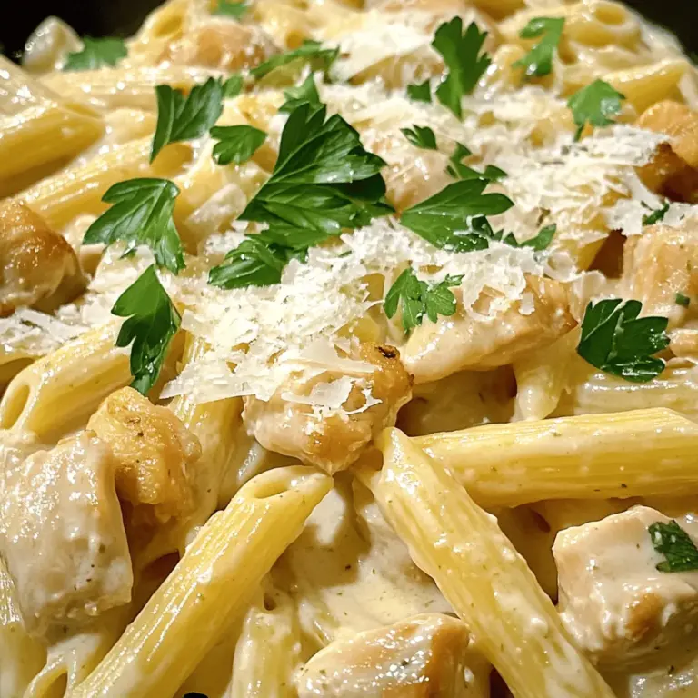 Für ein gelungenes Gericht benötigst du frische und hochwertige Zutaten. Hier ist die Liste der Hauptzutaten: - 2 Tassen Penne-Nudeln - 2 Hähnchenbrustfilets, ohne Haut und Knochen, in mundgerechte Stücke geschnitten - 4 Esslöffel Olivenöl - 4 Knoblauchzehen, fein gehackt - 1 Tasse Schlagsahne - 1 Tasse geriebener Parmesan-Käse - 1 Teelöffel italienische Gewürzmischung - Salz und Pfeffer nach Geschmack - Frische Petersilie, gehackt (zum Garnieren) Diese Zutaten sind einfach zu finden und machen das Gericht so lecker. Die Gewürze bringen den Geschmack zum Leben. Ich empfehle: - Italienische Gewürzmischung: Sie fügt Kräuter wie Oregano und Basilikum hinzu. - Salz: Ein Muss, um die Aromen zu betonen. - Pfeffer: Für eine leichte Schärfe in der Soße. Frische Petersilie ist perfekt zum Garnieren. Sie gibt nicht nur Farbe, sondern auch einen frischen Geschmack. Möchtest du das Rezept anpassen? Hier sind einige optionale Zutaten: - Spinat: Für etwas grüne Farbe und Nährstoffe. - Pilze: Sie geben eine erdige Note. - Cherry-Tomaten: Für etwas Süße und Frische. Mit diesen zusätzlichen Zutaten kannst du das Gericht nach deinem Geschmack verändern. Du kannst das Rezept auch mit den Vorschlägen im [Full Recipe] erweitern. Um die Nudeln perfekt zu kochen, bringe einen großen Topf mit gesalzenem Wasser zum Kochen. Die Penne-Nudeln sollten für etwa 10-12 Minuten gekocht werden. Rühre ab und zu um, damit sie nicht kleben. Wenn sie al dente sind, gieße sie ab und stelle sie beiseite. Erhitze eine große Pfanne auf mittlerer bis hoher Hitze und füge 2 Esslöffel Olivenöl hinzu. Sobald das Öl heiß ist, lege die in Stücke geschnittenen Hähnchenbrustfilets in die Pfanne. Würze sie mit Salz, Pfeffer und der italienischen Gewürzmischung. Brate das Hühnchen für etwa 5-7 Minuten, bis es goldbraun ist. Nimm das Hühnchen aus der Pfanne und lege es beiseite. Füge in derselben Pfanne das restliche Olivenöl hinzu. Reduziere die Hitze auf mittlere Stufe und gib die fein gehackten Knoblauchzehen dazu. Brate den Knoblauch für etwa 1 Minute an, bis er duftet. Achte darauf, dass er nicht verbrennt. - Sahne und Käse Hinzufügen: Gieße die Schlagsahne in die Pfanne und rühre gut um. Lass die Mischung leicht köcheln und füge dann nach und nach den geriebenen Parmesan-Käse hinzu. Rühre, bis die Soße schön glatt und cremig ist. Schmecke sie ab und passe die Gewürze nach deinem Geschmack an. - Zutaten Kombinieren: Gib die gekochten Nudeln und das Hühnchen zurück in die Pfanne. Mische alles gut, damit die Soße gleichmäßig verteilt wird. Lass alles für 2-3 Minuten garen, bis es warm ist. - Servieren: Nimm die Pfanne vom Herd. Garniere die Pasta mit frischer, gehackter Petersilie vor dem Servieren. So wird das Gericht noch schöner! Du kannst das vollständige Rezept in der [Full Recipe] finden. Um die Penne perfekt zu garen, bringe zuerst einen großen Topf mit Wasser zum Kochen. Füge 1 Esslöffel Salz hinzu, bevor du die Nudeln hinzufügst. Das hilft, den Geschmack zu verbessern. Koche die Nudeln gemäß den Anweisungen auf der Verpackung. Achte darauf, sie al dente zu kochen. Das bedeutet, sie sollten einen leichten Biss haben. Wenn du die Nudeln abgießt, spüle sie nicht mit kaltem Wasser. So bleibt die Stärke erhalten, und die Soße haftet besser. Um das Hühnchen zart und saftig zu halten, erhitze die Pfanne gut, bevor du das Öl hinzufügst. Brate die Hähnchenstücke in einer einzigen Schicht an. So garen sie gleichmäßig. Verwende einen Fleischthermometer, um sicherzustellen, dass die Innentemperatur 75 Grad Celsius erreicht. Lass das Hühnchen nach dem Braten einige Minuten ruhen, bevor du es schneidest. So bleiben die Säfte im Fleisch. Der Parmesan-Käse ist der Star in diesem Rezept. Wähle einen hochwertigen, frischen Parmesan. Frisch geriebener Käse schmilzt besser und gibt mehr Geschmack. Du kannst auch Pecorino Romano für eine würzigere Note verwenden. Achte darauf, den Käse nach und nach hinzuzufügen. So bleibt die Soße schön cremig und glatt. Wenn du experimentieren möchtest, probiere einen Mix aus verschiedenen Käsesorten. {{image_4}} Für eine vegetarische Version von Garlic Parmesan Chicken Pasta können Sie das Hühnchen durch Gemüse ersetzen. Zucchini, Paprika und Brokkoli sind tolle Optionen. Schneiden Sie das Gemüse in kleine Stücke und braten es in Olivenöl an, ähnlich wie das Hühnchen. So wird das Gericht leicht und gesund. Wenn Sie Meeresfrüchte lieben, können Sie Garnelen oder Jakobsmuscheln verwenden. Diese geben dem Gericht einen tollen Geschmack. Braten Sie die Meeresfrüchte in der Pfanne, bis sie rosa und gar sind. Fügen Sie sie dann zur Soße hinzu, bevor Sie die Nudeln kombinieren. Das bringt frischen Geschmack und macht das Gericht besonders. Um mehr Geschmack hinzuzufügen, probieren Sie verschiedene Gewürze aus. Eine Prise Paprika kann für ein wenig Schärfe sorgen. Oder verwenden Sie frische Kräuter wie Basilikum oder Thymian. Diese Aromen passen gut zu Knoblauch und Parmesan. Experimentieren Sie mit Ihren Lieblingsgewürzen, um das Gericht nach Ihrem Geschmack anzupassen. Um die Reste von Garlic Parmesan Chicken Pasta frisch zu halten, lagere sie in einem luftdichten Behälter. Lass die Pasta zuerst auf Raumtemperatur abkühlen. Lege dann den Deckel auf und stelle den Behälter in den Kühlschrank. Die Reste halten sich so bis zu drei Tage. Achte darauf, die Reste nicht zu lange stehen zu lassen. Das hilft, Geschmack und Frische zu bewahren. Wenn du die Pasta länger aufbewahren möchtest, kannst du sie einfrieren. Teile die Reste in Portionen auf. Verwende gefriergeeignete Behälter oder Beutel. Drücke so viel Luft wie möglich heraus. Beschrifte die Behälter mit dem Datum. Du kannst die Pasta bis zu drei Monate im Gefrierfach lagern. Achte darauf, dass die Soße gut verteilt ist, damit die Pasta gleichmäßig gefriert. Um die Pasta wieder aufzuwärmen, gibt es einige einfache Schritte. Du kannst die Pasta in der Mikrowelle aufwärmen. Gib die Portion in eine mikrowellengeeignete Schüssel. Decke sie mit einem feuchten Papiertuch ab, um das Austrocknen zu vermeiden. Erhitze sie in 1-Minuten-Intervallen, bis sie warm ist. Alternativ kannst du die Pasta in einer Pfanne erwärmen. Füge ein wenig Wasser oder Brühe hinzu, um die Soße cremig zu halten. Rühre alles gut durch und erwärme es bei mittlerer Hitze. So bleibt der Geschmack frisch und lecker. Die gesamte Zubereitungszeit beträgt etwa 30 Minuten. Davon sind 10 Minuten für die Vorbereitung und 20 Minuten für das Kochen nötig. Die Nudeln kochen schnell, und das Hühnchen brät in wenigen Minuten. Die Soße ist einfach und schnell zu machen. Ja, du kannst die Sahne durch griechischen Joghurt oder eine pflanzliche Milch ersetzen. Diese Optionen sind leichter und gesünder. Achte darauf, den Joghurt langsam unterzurühren, um Klumpen zu vermeiden. Pflanzliche Milch wie Mandel- oder Hafermilch funktioniert auch gut. Ein frischer grüner Salat ergänzt die Pasta perfekt. Auch geröstetes Gemüse oder Knoblauchbrot sind tolle Beilagen. Sie bringen extra Geschmack und Textur auf den Tisch. Wenn du es einfach magst, sind Parmesan-Chips eine knusprige Ergänzung. Garlic Parmesan Chicken Pasta ist einfach und lecker. Wir haben die Zutaten, die Zubereitung und einige nützliche Tipps besprochen. Denke daran, dass du Varianten wie die vegetarische Version ausprobieren kannst. Helle die Reste richtig auf und genieße sie später. Mit diesem Rezept kannst du Familie und Freunde beeindrucken. Es ist eine großartige Wahl für jeden Anlass. Viel Spaß beim Kochen!