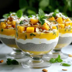 Für Mango Coconut Chia Pudding brauche ich einige einfache Zutaten. Diese sind: - 1 Tasse Kokosmilch - 1/2 Tasse Mandelmilch - 1/4 Tasse Chiasamen - 1 reife Mango Kokosmilch gibt dem Pudding eine tolle cremosity. Mandelmilch fügt einen nussigen Geschmack hinzu. Die Chiasamen sind der Star, da sie die Mischung dick machen. Eine reife Mango bringt Süße und Frische. Ich liebe es, den Pudding mit Toppings zu garnieren. Hier sind einige, die du verwenden kannst: - Geraspelter Kokos - Geschnittene Mandeln - Frische Minzblätter Diese Toppings machen das Gericht noch schöner und leckerer. Der geraspelte Kokos bringt einen tollen Crunch. Geschnittene Mandeln fügen Knusprigkeit hinzu, und frische Minze sorgt für einen frischen Kick. Wenn du den Pudding anpassen möchtest, gibt es viele Optionen: - Alternativen zu Süßungsmitteln: Du kannst Honig oder Agavensirup verwenden. - Pflanzliche Milchoptionen: Probiere Hafermilch oder Sojamilch, wenn du magst. Diese Optionen helfen dir, den Pudding nach deinem Geschmack zu ändern. Es ist einfach, kreativ zu sein! Vergiss nicht, die Zutaten für die beste Mischung zu nutzen, um die perfekte Textur zu erreichen. Du findest das komplette Rezept hier: Full Recipe. Um Mango Kokos Chia Pudding zu machen, beginne mit dem Mischungsverhältnis von Flüssigkeiten. Du brauchst eine Tasse Kokosmilch und eine halbe Tasse Mandelmilch. Diese Mischung sorgt für einen cremigen Geschmack. Füge dann zwei Esslöffel Ahornsirup oder Honig hinzu, um süßliche Noten zu geben. Vergiss nicht, eine Prise Salz hinzuzufügen, um die Aromen zu betonen. Jetzt kommt der spannende Teil: das Hinzufügen der Chiasamen. Du benötigst ein Viertel Tasse Chiasamen. Gib sie langsam zur Mischung hinzu, während du gut umrührst. Dies hilft, Klumpen zu vermeiden. Lass die Mischung dann für etwa zehn Minuten ruhen. So quellen die Chiasamen und die Mischung wird dicker. Rühre erneut um, damit die Samen gleichmäßig verteilt sind. Nach dem Mischen decke die Schüssel ab und stelle sie in den Kühlschrank. Warte mindestens vier Stunden oder noch besser über Nacht. In dieser Zeit wird die Mischung puddingartig. Um die Konsistenz zu überprüfen, nimm einen Löffel und rühre alles gut um. Der Pudding sollte dick und cremig sein. Wenn du ihn lieber dicker magst, lasse ihn länger im Kühlschrank. Jetzt kommt der beste Teil: das Anrichten! Nimm deine gewürfelte Mango und schichte sie abwechselnd mit dem Chia-Pudding in kleine Gläser. Dies sieht nicht nur toll aus, sondern schmeckt auch fantastisch. Dekoriere die Oberseite mit optionalen Toppings wie geraspeltem Kokos, geschnittenen Mandeln und frischen Minzblättern. Diese geben dem Pudding zusätzlichen Geschmack und eine ansprechende Optik. Für das vollständige Rezept, schau dir die [Full Recipe] an. Um die beste Konsistenz für deinen Chia-Pudding zu erreichen, musst du das richtige Verhältnis von Chiasamen und Flüssigkeit verwenden. Ich empfehle, eine Vierteltasse Chiasamen mit 1,5 Tassen Flüssigkeit zu kombinieren. Das sorgt für eine schöne, dicke Textur. Wenn du zu viel Flüssigkeit verwendest, wird der Pudding wässrig. Um Klumpenbildung zu vermeiden, füge die Chiasamen langsam zur Flüssigkeit hinzu. Rühre die Mischung gut um, damit sich die Samen gleichmäßig verteilen. Lass die Mischung nach dem Rühren etwa 10 Minuten stehen. Rühre dann erneut um, um sicherzustellen, dass alle Samen gut eingearbeitet sind. Du kannst den Mango Kokos Chia Pudding bis zu drei Tage im Voraus zubereiten. Das macht ihn zu einem tollen Frühstück oder Snack für die Woche. Achte darauf, den Pudding in einem luftdichten Behälter im Kühlschrank zu lagern. So bleibt er frisch und lecker. Wenn du ihn länger aufbewahren möchtest, kannst du ihn auch einfrieren. Achte darauf, ihn in Portionen zu teilen, damit du nur das auftauen musst, was du wirklich essen möchtest. Der beste Zeitpunkt, um deinen Chia-Pudding zu servieren, ist am Morgen oder als erfrischender Snack zwischendurch. Du kannst ihn auch als Dessert für besondere Anlässe anbieten. Die Schichten aus Mango und Pudding sehen besonders hübsch aus. Für einen festlichen Touch empfehle ich, den Pudding in transparenten Gläsern zu servieren. Du kannst ihn mit geraspeltem Kokos, geschnittenen Mandeln und frischen Minzblättern garnieren. So erhältst du nicht nur einen leckeren, sondern auch einen schönen Anblick. Diese Details machen dein Gericht zu einem echten Hingucker! {{image_4}} Du kannst viele Früchte für deinen Chia-Pudding verwenden. Ananas passt gut und bringt Süße. Beeren sind frisch und farbenfroh. Kiwi fügt einen schönen, sauren Geschmack hinzu. Jede Frucht hat ihre eigene Note und macht den Pudding spannend. Mische sie nach Lust und Laune. Das Rezept bleibt gleich, nur die Früchte ändern sich. Um den Geschmack zu verändern, füge Kakao oder Matcha hinzu. Kakao gibt einen schokoladigen Kick, während Matcha einen besonderen, grünen Teegeschmack bringt. Du kannst auch Gewürze wie Zimt oder Muskatnuss verwenden. Diese bringen Wärme und Tiefe in den Pudding. Experimentiere mit den Mengen, um deinen perfekten Geschmack zu finden. Für eine Low-Carb-Version wähle keto-freundliche Süßungsmittel. Erythrit oder Stevia sind gute Optionen. Diese Süßungsmittel helfen, den Zuckergehalt niedrig zu halten. Wenn du vegane Zutaten möchtest, achte darauf, dass alle deine Zutaten pflanzlich sind. Kokosmilch und Mandelmilch sind bereits vegan. Damit bleibt dein Mango-Kokos-Chia-Pudding frisch und gesund. Besuche die [Full Recipe], um die Basis und weitere Tipps zu entdecken! Wie lange hält sich der Pudding? Mango Coconut Chia Pudding bleibt frisch für etwa 4 bis 5 Tage im Kühlschrank. Achte darauf, ihn in einem luftdichten Behälter aufzubewahren, um die Frische zu erhalten. Beste Aufbewahrungsbehälter sind Gläser mit Deckel oder Plastikbehälter. Sie verhindern, dass der Pudding Gerüche aus dem Kühlschrank aufnimmt. Anleitung zum Einfrieren: Du kannst Mango Coconut Chia Pudding auch einfrieren. Fülle den Pudding in einen gefrierfesten Behälter und lasse etwas Platz für die Ausdehnung. So bleibt die Textur beim Auftauen besser erhalten. Tipps zum Auftauen: Um den Pudding wieder zu verwenden, lasse ihn über Nacht im Kühlschrank auftauen. Rühre ihn gut durch, bevor du ihn servierst. Verwendung übrig gebliebener Zutaten: Du kannst übrig gebliebene Zutaten wie Kokosmilch oder Chiasamen in anderen Rezepten verwenden. Mische sie in Smoothies oder Backwaren. Rezeptideen für Resteverwertung: Verwende den Pudding als Füllung für Pfannkuchen oder als Topping für Joghurt. So vermeidest du Lebensmittelverschwendung und zauberst neue Leckereien. Die Zubereitung von Mango Kokos Chia Pudding dauert insgesamt etwa 4 Stunden. Dies beinhaltet eine Vorbereitungszeit von 10 Minuten und mindestens 4 Stunden Kühlzeit. Während dieser Kühlzeit quellen die Chiasamen und sorgen für die perfekte puddingartige Konsistenz. Es ist am besten, den Pudding über Nacht im Kühlschrank ruhen zu lassen. Ja, du kannst andere Milchsorten verwenden! Hier sind einige Empfehlungen: - Hafermilch: Diese hat einen milden Geschmack und eine cremige Textur. - Sojamilch: Sie ist proteinreich und bietet eine gute Konsistenz. - Reis- oder Erbsenmilch: Diese Optionen sind leicht und gut verträglich. Diese Alternativen können dir helfen, die für dich perfekte Mischung zu finden. Ja, Chia-Pudding ist sehr gesund! Chiasamen sind reich an Nährstoffen. Sie enthalten viel Ballaststoffe, die gut für die Verdauung sind. Außerdem sind sie eine gute Quelle für Omega-3-Fettsäuren, die gut für das Herz sind. Chiasamen liefern auch Proteine und Antioxidantien. Durch die Kombination mit Kokosmilch und Mango erhältst du ein nahrhaftes und leckeres Dessert. Wir haben die wichtigsten Zutaten, Variationen und die Zubereitung von Mango Kokos Chia Pudding behandelt. Die richtige Konsistenz und kreative Toppings sind entscheidend für den Geschmack. Du kannst mit verschiedenen Früchten und Milchalternativen spielen, um dein eigenes Rezept zu kreieren. Achte auf die Lagerung, damit der Pudding frisch bleibt. Probiere es aus und genieße das leckere, gesunde Dessert!